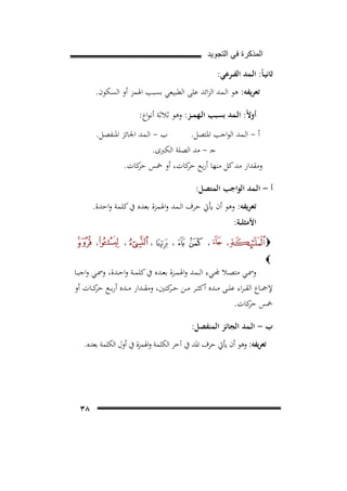 ‫ﺍﻟﻣﺫﻛﺭﺓ ﻓﻲ ﺍﻟﺗﺟﻭﻳﺩ‬

‫ﺛﺎﻧﻴـﺎً: اﻟـﻤﺪ اﻟﻔــﺮﻋﻲ:‬
‫ﺗﻌﺮﻳﻔﻪ: ﻫﻮ اﻟـﻤﺪ اﻟﺰاﺋﺪ ﻋﻠﻰ اﻟﻄﺒﻴﻌﻲ ﺑﺴﺒﺐ اﳍﻤﺰ أو اﻟﺴﻜﻮن.‬
‫أوﻻً: اﻟـﻤﺪ ﺑﺴﺒﺐ اﻟـﻬﻤــﺰ: وﻫﻮ ﺛﻼﺛﺔ أﻧﻮاع:‬
‫ب - اﻟـﻤﺪ اﳉﺎﺋﺰ اﳌﻨﻔﺼﻞ.‬
‫أ - اﻟـﻤﺪ اﻟﻮاﺟﺐ اﳌﺘﺼﻞ.‬
‫ﺟـ - ﻣﺪ اﻟﺼﻠﺔ اﻟﻜﱪى.‬
‫وﻣﻘﺪار ﻣﺪ ﻛﻞ ﻣﻨﻬﺎ أرﺑﻊ ﻛﺎت، أو ﲬﺲ ﻛﺎت.‬
‫ﺣﺮ‬
‫ﺣﺮ‬
‫أ - اﻟـﻤﺪ اﻟﻮاﺟﺐ اﻟﻤﺘﺼﻞ:‬
‫ﺗﻌﺮﻳﻔﻪ: وﻫﻮ أن ﻳﺄﰐ ﺣﺮف اﻟـﻤﺪ واﳍﻤﺰة ﺑﻌﺪﻩ ﰲ ﻛﻠﻤﺔ واﺣﺪة.‬
‫اﻷﻣﺜﻠــﺔ:‬
‫‪‬‬

‫،‬

‫،‬

‫ـ‬

‫ـ‬

‫،‬

‫ـ‬

‫،‬

‫،‬

‫،‬

‫‪‬‬

‫ــﻲ ﻣﺘﺼــﻼ ﺠﻤﻟــﻲء اﻟ ــﻤﺪ واﳍﻤــﺰة ﺑﻌــﺪﻩ ﰲ ﻛﻠﻤــﺔ واﺣــﺪة، وﲰــﻲ واﺟﺒــﺎ‬
‫ﻹﲨــﺎع اﻟﻘ ـﺮاء ﻋﻠــﻰ ﻣــﺪﻩ أﻛﺜــﺮ ﻣــﻦ ﺣـ ﻛﺘﲔ، وﻣﻘــﺪار ﻣــﺪﻩ أرﺑــﻊ ﻛــﺎت أو‬
‫ﺣﺮ‬
‫ـﺮ‬
‫ﲬﺲ ﻛﺎت.‬
‫ﺣﺮ‬
‫ب - اﻟـﻤﺪ اﻟﺠﺎﺋﺰ اﻟﻤﻨﻔﺼﻞ:‬
‫ﺗﻌﺮﻳﻔﻪ: وﻫﻮ أن ﻳﺄﰐ ﺣﺮف اﳌﺪ ﰲ آﺧﺮ اﻟﻜﻠﻤﺔ واﳍﻤﺰة ﰲ أول اﻟﻜﻠﻤﺔ ﺑﻌﺪﻩ.‬

‫٨٣‬

 