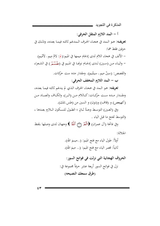 ‫ﺍﻟﻣﺫﻛﺭﺓ ﻓﻲ ﺍﻟﺗﺟﻭﻳﺩ‬

‫أ - اﻟـﻤﺪ اﻟﻼزم اﻟﻤﺜﻘﻞ اﻟﺤﺮﻓﻲ:‬
‫ﺗﻌﺮﻳﻔ ــﻪ: ﻫ ــﻮ اﻟـ ــﻤﺪ ﰲ ﻫﺠ ــﺎء اﳊ ــﺮف اﻟـ ــﻤﺪﻏﻢ ﺛﺎﻟﺜ ــﻪ ﻓﻴﻤ ــﺎ ﺑﻌ ــﺪﻩ، وذﻟ ــﻚ ﰲ‬
‫ﺣﺮﻓﲔ ﻓﻘﻂ ﳘﺎ:‬
‫ِ‬
‫ اﻷﻟﻒ ﰲ ﻫﺠﺎء اﻟﻼم ﻟﺪى إدﻏﺎم ﻣﻴﻤﻬﺎ ﰲ اﳌﻴﻢ:)ﱂ: ﻻم ﻣﻴﻢ ـ ﻵﻣﻴﻢ(‬‫ﱢ‬
‫ْ‬
‫ِ‬
‫( ﰲ اﻟﺸ ــﻌﺮاء‬
‫ واﻟﻴ ــﺎء ﻣ ــﻦ )ﺳ ــﲔ( ﻟ ــﺪى إدﻏ ــﺎم ﻧﻮ� ـ ـﺎ ﰲ اﳌ ــﻴﻢ ﰲ )‬‫واﻟﻘﺼﺺ: )ﺳﲔ ﻣﻴﻢ ـ ﺳﻴﻤﻴﻢ(. وﻣﻘﺪار ﻣﺪﻩ ﺳﺖ ﻛﺎت.‬
‫ﺣﺮ‬
‫ﱢ‬
‫ْ‬
‫ب - اﻟـﻤﺪ اﻟﻼزم اﻟﻤﺨﻔﻒ اﻟﺤﺮﻓﻲ:‬

‫ﺗﻌﺮﻳﻔــﻪ: ﻫــﻮ اﻟ ــﻤﺪ ﰲ ﻫﺠــﺎء اﳊــﺮف اﻟــﺬي ﱂ ﻳــﺪﻏﻢ ﺛﺎﻟﺜــﻪ ﻓﻴﻤــﺎ ﺑﻌــﺪﻩ،‬
‫وﻣﻘ ـ ــﺪار ﻣ ـ ــﺪﻩ ﺳ ـ ــﺖ ﻛ ـ ــﺎت: ﻛ ـ ــﺎﻟﻼم ﻣ ـ ــﻦ )اﻟ ـ ــﺮ(، واﻟﻜ ـ ــﺎف واﻟﺼ ـ ــﺎد ﻣ ـ ــﻦ‬
‫ﺣﺮ‬
‫)ﻛﻬﻴﻌﺺ( و )ﻗﺎف( و)ﻧﻮن( و اﻟﺴﲔ ﻣﻦ )ﻃﺲ.ﺗﻠﻚ(.‬
‫ـﻪ ٍ‬
‫وﰲ )اﻟﻌـ ــﲔ( اﻟﺘﻮﺳـ ــﻂ وﺟـ ـ ٌ ﺛـ ــﺎن ؛ اﻟﻄـ ــﻮل ﻟﻠﺴـ ــﻜﻮن اﻟـ ــﻼزم ﺑﻌـ ــﺪﻫﺎ ،‬
‫واﻟﺘﻮﺳﻂ ﻟﻔﺘﺢ ﻣﺎ ﻗﺒﻞ اﻟﻴﺎء .‬
‫‪ ‬وﺟﻬـﺎن ﻟـﺪى وﺻـﻠﻬﺎ ﺑﻠﻔـﻆ‬
‫وﰲ ﻓﺎﲢﺔ )آل ﻋﻤـﺮان( ‪‬‬
‫اﳉﻼﻟﺔ:‬
‫أوﻻً: ﻃﻮل اﻟﻴﺎء ﻣﻊ ﻓﺘﺢ اﳌﻴﻢ: )..ﻣﻴ ـ ــﻢ اﷲ(.‬
‫َ‬
‫ﺛﺎﻧﻴﺎً: ﻗﺼﺮ اﻟﻴﺎء ﻣﻊ ﻓﺘﺢ اﳌﻴﻢ: ).. ﻣﻴﻢ اﷲ(.‬
‫َ‬
‫اﻟﺤﺮوف اﻟﻬﺠﺎﺋﻴﺔ اﻟﺘﻲ ﻧﺰﻟﺖ ﻓﻲ ﻓﻮاﺗﺢ اﻟﺴﻮر:‬
‫ﻧﺰل ﰲ ﻓﻮاﺗﺢ اﻟﺴﻮر أرﺑﻌﺔ ﻋﺸﺮ ﺣﺮﻓﺎً ﳎﻤﻮﻋﺔ ﰲ:‬
‫)ﻃﺮق ﺳﻤﻌﻚ اﻟﻨﺼﻴﺤﻪ(‬

‫٣٤‬

 