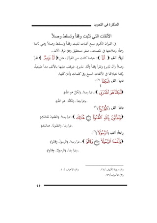 ‫ﺍﻟﻣﺫﻛﺭﺓ ﻓﻲ ﺍﻟﺗﺟﻭﻳﺩ‬

‫ﺍﻷﻟﻔﺎﺕ ﺍﻟﺗﻲ ﺗﺛﺑﺕ ﻭﻗﻔﺎ ً ﻭﺗﺳﻘﻁ ﻭﺻﻼً‬
‫ﰲ اﻟﻘــﺮآن اﻟﻜــﺮﱘ ﺳــﺒﻊ أﻟﻔــﺎت ﺗَـ ـﺜﺒﺖ وﻗﻔ ـﺎً وﺗﺴــﻘﻂ وﺻ ـﻼً وﻫــﻲ ﺛﺎﺑﺘــﺔ‬
‫رﲰﺎً: وﻋﻼﻣﺘﻬﺎ ﰲ اﳌﺼﺤﻒ ﺻﻔﺮ ﻣﺴﺘﻄﻴﻞ )‪ (o‬ﻓﻮق اﻷﻟﻒ.‬
‫‪ :‬ﺣﻴﺜﻤـﺎ ﻛﺎﻧـﺖ ﻣـﻦ اﻟﻘـﺮآن، ﻣﺜـﻞ:‪‬‬

‫أوﻻً: أﻟـﻒ ‪‬‬

‫‪ ‬ﺗﻘـﺮأ‬

‫َ ِ‬
‫وﺻﻼً )أن ﻧَﺬﻳﺮ( وﺗﻘﺮأ وﻗﻔﺎً )أﻧَـﺎ. ﻧـﺬﻳﺮ(. ﻓﻴﻮﻗـﻒ ﻋﻠﻴﻬـﺎ ﺑـﺎﻷﻟﻒ ﻣـﺪاً ﻃﺒﻴﻌﻴـﺎً،‬
‫ﻛﺬا ﻣﺜﻴﻼﻬﺗﺎ ﰲ اﻷﻟﻔﺎت اﻟﺴﺒﻊ وﰲ ﻛﻠﻤﺎت )أﻧﺎ( ﻛﻠﻬﺎ.‬

‫ﺛﺎﻧﻴﺎً: أﻟﻒ )‬

‫(‬

‫)١ ( :‬

‫51‪F‬‬

‫‪‬‬

‫ﺛﺎﻟﺜﺎً: أﻟﻒ )‬

‫‪ ‬ـ ـ ـ ﺗﻘﺮأ وﺻﻼً ـ )ﻟﻜﻦ ﻫﻮ اﷲ(.‬
‫ﱠ‬
‫(‬

‫)٢(‬

‫‪ ‬ـ ﺗﻘﺮأ وﺻﻼً ـ )اﻟﻈﻨﻮن ﻫﻨﺎﻟﻚ(‬
‫َ ُ‬

‫‪‬‬

‫راﺑﻌﺎً: أﻟﻒ )‬
‫‪‬‬

‫ـ وﺗﻘﺮأ وﻗﻔﺎً ـ ـ )ﻟﻜﻨﱠـﺎ. ﻫﻮ اﷲ(.‬

‫()٣(:‬

‫ـ ﺗﻘﺮأ وﻗﻔﺎً ـ )اﻟﻈﻨﻮﻧَﺎ. ﻫﻨﺎﻟﻚ(‬
‫‪ ‬ـ ـ ﺗﻘﺮأ وﺻﻼً ـ )اﻟﺮﺳﻮل وﻗﺎﻟﻮا(‬
‫َ‬
‫ـ وﺗﻘﺮأ وﻗﻔﺎً ـ )اﻟﺮﺳﻮﻻ. وﻗﺎﻟﻮا(‬

‫)١( ﺳﻮرة اﻟﻜﻬﻒ /٨٣.‬
‫)٣( اﻷﺣﺰاب/٦٦.‬

‫)٢( اﻷﺣﺰاب /٠١.‬

‫٥٤‬

 