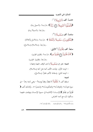 ‫ﺍﻟﻣﺫﻛﺭﺓ ﻓﻲ ﺍﻟﺗﺟﻭﻳﺩ‬

‫() ١(:‬

‫ﺧﺎﻣﺴﺎً: أﻟﻒ )‬

‫61‪F‬‬

‫‪ ‬ـ ـ ﺗﻘﺮأ وﺻﻼً ـ ـ )اﻟﺴﺒﻴﻞ رﺑﻨﺎ(‬
‫َ‬

‫‪‬‬

‫ـ وﺗﻘﺮأ وﻗﻔﺎً ـ ـ )اﻟﺴﺒﻴﻼ.رﺑﻨﺎ(‬

‫( )٢ ( :‬

‫ﺳﺎدﺳﺎً: أﻟﻒ )‬

‫‪‬‬

‫‪‬‬

‫ﺳﺎﺑﻌﺎً: أﻟﻒ )‬

‫()٣(اﻷوﻟﻰ:‬

‫ِ‬
‫ـ ﺗﻘﺮأ وﺻﻼً ـ )ﺳﻼﺳﻞ وأﻏﻼﻻ(‬
‫َ َ‬

‫ـ وﺗﻘﺮأ وﻗﻔﺎً ـ )ﺳﻼﺳﻼ( )ﺳﻼﺳﻞ(‬
‫ْ‬

‫‪ ‬ـ ـ ﺗﻘﺮأ وﺻﻼً ـ ـ )ﻗﻮارﻳﺮ ﻗﻮارﻳﺮ(‬
‫َ‬

‫‪‬‬

‫ﺗـﻨـﺒـﻴـﻪ: ﳚﻮز ﰲ )‬

‫ـ وﺗﻘﺮأ وﻗﻔﺎً ـ ـ )ﻗﻮارﻳﺮا. ﻗﻮارﻳﺮ(‬
‫َ‬

‫( ﻟﺪى اﻟﻮﻗﻒ ﻋﻠﻴﻬﺎ وﺟﻬﺎن:‬

‫ اﻟﻮﺟﻪ اﻷول: ﺑﺈﺛﺒﺎت اﻷﻟﻒ ﻛﻤﺎ ﻣﺜﻞ آﻧﻔﺎ )ﺳﻼﺳﻼ(.‬‫ اﻟﻮﺟﻪ اﻟﺜﺎﱐ: ﺑﺈﺳﻘﺎط اﻷﻟﻒ ﻓﺘﻘﺮأ: )ﺳﻼﺳﻞ(.‬‫ْ‬

‫ﺗـﻨـﺒـﻴـﻪ:‬

‫ﺗﺴﻘﻂ أﻟﻒ ‪‬‬

‫‪ ‬ﻟﻔﻈـﺎً، وﻗﻔـﺎً ووﺻـﻼً - وﻫـﻲ ﺛﺎﺑﺘـﺔ رﲰـﺎً - ﰲ‬

‫ﺳﻮرة ﻫﻮد/٨٦ واﻟﻔﺮﻗﺎن/٨٣ واﻟﻌﻨﻜﺒﻮت/٨٣ واﻟـﻨﺠﻢ/١٥ ، ﻛـﺬﻟﻚ أﻟـﻒ ‪‬‬
‫و‬

‫‪] ‬اﻹﻧﺴـ ـ ــﺎن٦١[اﻟﺜﺎﻧﻴ ـ ـ ــﺔ ﰲ ﺳ ـ ـ ــﻮرة اﻹﻧﺴ ـ ـ ــﺎن وﻳﻮﻗ ـ ـ ــﻒ ﻋﻠﻴﻬ ـ ـ ــﺎ‬
‫ﺑﺴﻜﻮن اﻟﺮاء ﻣﻊ اﻟـﻤﺪ اﻟﻌﺎرض.‬
‫)١( اﻷﺣﺰاب٧٦ . )٢( اﻹﻧﺴﺎن٤.‬

‫)٣( اﻹﻧﺴﺎن /٥١.‬

‫٦٤‬

 