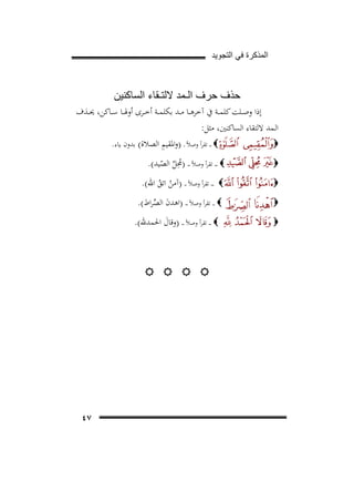 ‫ﺍﻟﻣﺫﻛﺭﺓ ﻓﻲ ﺍﻟﺗﺟﻭﻳﺩ‬

‫ﺣﺫﻑ ﺣﺭﻑ ﺍﻟـﻣﺩ ﻻﻟﺗـﻘﺎء ﺍﻟﺳﺎﻛﻧﻳﻥ‬
‫إذا وﺻــﻠﺖ ﻛﻠﻤ ــﺔ ﰲ آﺧﺮﻫ ــﺎ ﻣ ــﺪ ﺑﻜﻠﻤــﺔ أﺧ ــﺮى أوﳍ ــﺎ ﺳ ــﺎﻛﻦ، ﳛ ــﺬف‬
‫اﻟـﻤﺪ ﻻﻟﺘﻘﺎء اﻟﺴﺎﻛﻨﲔ، ﻣﺜﻞ:‬
‫ِ‬
‫‪ ‬ـ ـ ﺗﻘﺮأ وﺻﻼً ـ )واﳌﻘﻴﻢ اﻟﺼﻼة( ﺑﺪون ﻳﺎء.‬
‫‪‬‬
‫‪‬‬

‫ِ‬
‫‪ ‬ـ ـ ـ ﺗﻘﺮأ وﺻﻼً ـ ـ ـ )ﳏﻞ اﻟﺼﻴﺪ(.‬
‫ُﱢ ّ‬

‫‪‬‬

‫‪ ‬ـ ـ ـ ﺗﻘﺮأ وﺻﻼً ـ ـ )آﻣﻦ اﺗﻖ اﷲ(.‬
‫ُ ُ‬

‫‪‬‬
‫‪‬‬

‫‪ ‬ـ ـ ـ ﺗﻘﺮأ وﺻﻼً ـ ـ ـ )اﻫﺪن اﻟﺼﺮاط(.‬
‫َ ﱢ‬
‫‪ ‬ـ ـ ـ ﺗﻘﺮأ وﺻﻼً ـ ـ ـ )وﻗﺎل اﳊﻤﺪﷲ(.‬
‫َ‬

‫‪‬‬

‫‪‬‬

‫‪ ‬‬

‫٧٤‬

 