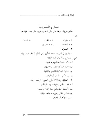 ‫ﺍﻟﻣﺫﻛﺭﺓ ﻓﻲ ﺍﻟﺗﺟﻭﻳﺩ‬

‫ﻣﺧــﺎﺭﺝ ﺍﻟﺣـــﺭﻭﻑ‬
‫ﻫﻲ:‬

‫ج اﳊﺮوف ﺳﺒﻌﺔ ﻋﺸﺮ ﻋﻠﻰ اﳌﺨﺘﺎر، ﻣﻮزﻋﺔ ﻋﻠﻰ ﲬﺴﺔ ﻣﻮاﺿﻊ،‬
‫ﳐﺎر‬
‫١ - اﳉﻮف.‬
‫٤ - اﻟﺸﻔﺘﺎن.‬

‫٢ - اﳊﻠﻖ.‬
‫٥ - اﳋﻴﺸﻮم.‬

‫٣ - اﻟﻠﺴﺎن.‬

‫١ - اﻟﺠ ــﻮف:‬
‫ﻫﻮ اﳋﻼء ﰲ اﻟﻔﻢ ﻋﻨﺪ ﺗﺒﺎﻋﺪ اﻟﻔﻜﲔ ﻟﺪى اﻟﻨﻄﻖ ﺑﺄﺣﺮف اﻟـﻤﺪ، وﻓﻴﻪ‬
‫ج واﺣﺪ ج ﻣﻨﻪ أﺣﺮف اﻟـﻤﺪ اﻟﺜﻼﺛﺔ:‬
‫ﳜﺮ‬
‫ﳐﺮ‬
‫أ - اﻷﻟﻒ اﻟﺴﺎﻛﻨﺔ اﳌﻔﺘﻮح ﻣﺎ ﻗﺒﻠﻬﺎ.‬
‫ب - اﻟﻮاو اﻟﺴﺎﻛﻨﺔ اﳌﻀﻤﻮم ﻣﺎ ﻗﺒﻠﻬﺎ.‬
‫ج- - اﻟﻴﺎء اﻟﺴﺎﻛﻨﺔ اﳌﻜﺴﻮر ﻣﺎ ﻗﺒﻠﻬﺎ.‬
‫وﺗﺴﻤﻰ اﻷﺣﺮف اﻟـﻤﺪﻳﺔ أو اﳉﻮﻓﻴﺔ.‬
‫٢ - اﻟﺤــﻠﻖ: وﻓﻴﻪ ﺛﻼﺛﺔ ج: أﻗﺼﻰ - أوﺳﻂ - أدﱏ.‬
‫ﳐﺎر‬

‫أ - أﻗﺼﻰ اﳊﻠﻖ ج ﻣﻨﻪ: )اﳍﻤﺰة واﳍﺎء(.‬
‫وﳜﺮ‬
‫ب - أوﺳﻂ اﳊﻠﻖ ج ﻣﻨﻪ: )اﻟﻌﲔ واﳊﺎء(.‬
‫وﳜﺮ‬
‫ج- - أدﱏ اﳊﻠﻖ ج ﻣﻨﻪ: )اﻟﻐﲔ واﳋﺎء(.‬
‫وﳜﺮ‬
‫وﺗﺴﻤﻰ )اﻷﺣﺮف اﻟﺤﻠﻘﻴﺔ(.‬

‫٨٤‬

 