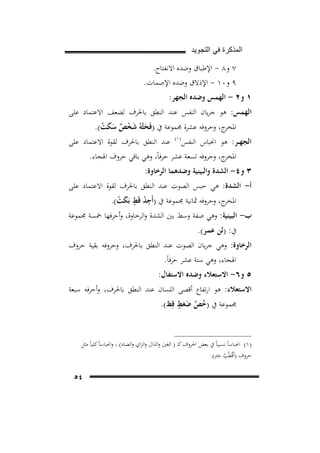 ‫ﺍﻟﻣﺫﻛﺭﺓ ﻓﻲ ﺍﻟﺗﺟﻭﻳﺩ‬

‫٧ و٨ - اﻹﻃﺒﺎق وﺿﺪﻩ اﻻﻧﻔﺘﺎح.‬
‫٩ و٠١ - اﻹذﻻق وﺿﺪﻩ اﻹﺻﻤﺎت.‬

‫١ و٢ - اﻟﻬﻤﺲ وﺿﺪﻩ اﻟﺠﻬﺮ:‬

‫اﻟﻬﻤﺲ: ﻫﻮ ﺟﺮﻳﺎن اﻟﻨﻔﺲ ﻋﻨﺪ اﻟﻨﻄﻖ ﺑﺎﳊﺮف ﻟﻀﻌﻒ اﻻﻋﺘﻤﺎد ﻋﻠﻰ‬
‫ج، وﺣﺮوﻓﻪ ﻋﺸﺮة ﳎﻤﻮﻋﺔ ﰲ )ﻓَﺤﺜﱠﻪُ ﺷﺨﺺ ﺳﻜﺖ(.‬
‫اﳌﺨﺮ‬
‫َ َْ ٌ ََ ْ‬

‫اﻟﺠﻬــﺮ: ﻫﻮ اﳓﺒﺎس اﻟﻨﻔﺲ‬

‫)١(‬

‫71‪F‬‬

‫ﻋﻨﺪ اﻟﻨﻄﻖ ﺑﺎﳊﺮف ﻟﻘﻮة اﻻﻋﺘﻤﺎد ﻋﻠﻰ‬

‫ج، وﺣﺮوﻓﻪ ﺗﺴﻌﺔ ﻋﺸﺮ ﺣﺮﻓﺎً، وﻫﻲ ﺑﺎﻗﻲ ﺣﺮوف اﳍﺠﺎء.‬
‫اﳌﺨﺮ‬

‫٣ و٤- اﻟﺸﺪة واﻟﺒﻴﻨﻴﺔ وﺿﺪﻫﻤﺎ اﻟﺮﺧﺎوة:‬

‫أ- اﻟﺸﺪة: ﻫﻲ ﺣﺒﺲ اﻟﺼﻮت ﻋﻨﺪ اﻟﻨﻄﻖ ﺑﺎﳊﺮف ﻟﻘﻮة اﻻﻋﺘﻤﺎد ﻋﻠﻰ‬
‫ج، وﺣﺮوﻓﻪ ﲦﺎﻧﻴﺔ ﳎﻤﻮﻋﺔ ﰲ )أَﺟﺪ ﻗَﻂ ﺑَﻜﺖ(.‬
‫اﳌﺨﺮ‬
‫ِْ ٍ َ ْ‬
‫ب- اﻟﺒﻴﻨﻴﺔ: وﻫﻲ ﺻﻔﺔ وﺳﻂ ﺑﲔ اﻟﺸﺪة واﻟﺮﺧﺎوة، وأﺣﺮﻓﻬﺎ ﲬﺴﺔ ﳎﻤﻮﻋﺔ‬
‫ﰲ: )ﻟﻦ ﻋﻤـﺮ(.‬
‫اﻟﺮﺧﺎوة: وﻫﻲ ﺟﺮﻳﺎن اﻟﺼﻮت ﻋﻨﺪ اﻟﻨﻄﻖ ﺑﺎﳊﺮف، وﺣﺮوﻓﻪ ﺑﻘﻴﺔ ﺣﺮوف‬
‫اﳍﺠﺎء، وﻫﻲ ﺳﺘﺔ ﻋﺸﺮ ﺣﺮﻓﺎً.‬
‫٥ و٦- اﻻﺳﺘﻌﻼء وﺿﺪﻩ اﻻﺳﺘﻔﺎل:‬
‫اﻻﺳﺘﻌﻼء: ﻫﻮ ارﺗﻔﺎع أﻗﺼﻰ اﻟﻠﺴﺎن ﻋﻨﺪ اﻟﻨﻄﻖ ﺑﺎﳊﺮف، وأﺣﺮﻓﻪ ﺳﺒﻌﺔ‬
‫ُ ﱠ َ ٍ‬
‫ﳎﻤﻮﻋﺔ ﰲ )ﺧﺺ ﺿﻐﻂ ﻗِﻆ(.‬

‫)١( اﳓﺒﺎﺳﺎً ﻧﺴﺒﻴﺎً ﰲ ﺑﻌﺾ اﳊﺮوف ﻛـ ـ ) اﻟﻐﲔ واﻟﺬال واﻟﺰاي واﻟﻀﺎد( ، واﳓﺒﺎﺳﺎً ﻛﻠﻴﺎً ﻣﺜﻞ‬
‫ٍ‬
‫ﺣﺮوف )أَﻗُﻄْﺐ ﺟﺪ(.‬
‫ُ َ‬

‫٤٥‬

 