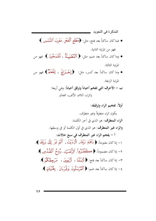 ‫ﺍﻟﻣﺫﻛﺭﺓ ﻓﻲ ﺍﻟﺗﺟﻭﻳﺩ‬

‫• ﻓﻤﺎ ﻛﺎن ﺳﺎﻛﻨﺎً ﺑﻌﺪ ﻓﺘﺢ، ﻣﺜﻞ: ‪‬‬

‫‪‬‬

‫،‬

‫ﻓﻬﻮ ﻣﻦ اﳌﺮﺗﺒﺔ اﻟﺜﺎﻧﻴﺔ.‬
‫• وﻣﺎ ﻛﺎن ﺳﺎﻛﻨﺎً ﺑﻌﺪ ﺿﻢ، ﻣﺜﻞ: ‪‬‬

‫‪ ‬ﻓﻬﻮ ﻣﻦ‬

‫،‬

‫اﳌﺮﺗﺒﺔ اﻟﺜﺎﻟﺜﺔ.‬

‫• وﻣﺎ ﻛﺎن ﺳﺎﻛﻨﺎً ﺑﻌﺪ ﻛﺴﺮ، ﻣﺜﻞ: ‪‬‬

‫،‬

‫‪ ‬ﻓﻬﻮ ﻣﻦ‬

‫اﳌﺮﺗﺒﺔ اﻟﺮاﺑﻌﺔ.‬

‫ب - اﻷﺣﺮف اﻟﺘﻲ ﺗﻔﺨﻢ أﺣﻴﺎﻧﺎً وﺗﺮﻗﻖ أﺣﻴﺎﻧﺎً: وﻫﻲ أرﺑﻌﺔ:‬
‫)اﻟﺮاء، اﻟﻼم، اﻷﻟﻒ، اﻟﻐﻨﺔ(.‬

‫أوﻻً: ﺗﻔﺨﻴﻢ اﻟﺮاء وﺗﺮﻗﻴﻘﻪ:‬
‫ﻳﻜﻮن اﻟﺮاء ﻣﺘﻄﺮﻓﺎً وﻏﲑ ﻣﺘﻄﺮف.‬

‫اﻟﺮاء اﻟﻤﺘﻄﺮف: ﻫﻮ اﻟﺬي ﰲ آﺧﺮ اﻟﻜﻠﻤﺔ.‬
‫واﻟﺮاء ﻏﻴﺮ اﻟﻤﺘﻄﺮف: ﻫﻮ اﻟﺬي ﰲ أول اﻟﻜﻠﻤﺔ أو ﰲ وﺳﻄﻬﺎ.‬
‫أ - ﻳﻔﺨﻢ اﻟﺮاء ﻏﻴﺮ اﻟﻤﺘﻄﺮف ﻓﻲ ﺳﺒﻊ ﺣﺎﻻت:‬
‫١- إذا ﻛﺎن ﻣﻔﺘﻮﺣﺎً: ‪‬‬
‫٢- إذا ﻛﺎن ﻣﻀﻤﻮﻣﺎً: ‪‬‬
‫٣- إذا ﻛﺎن ﺳﺎﻛﻨﺎً ﺑﻌﺪ ﻓﺘﺢ: ‪‬‬
‫٤- إذا ﻛﺎن ﺳﺎﻛﻨﺎً ﺑﻌﺪ ﺿﻢ: ‪‬‬

‫،‬

‫،‬
‫،‬

‫‪.‬‬
‫‪.‬‬

‫،‬

‫،‬

‫،‬
‫،‬

‫‪.‬‬
‫،‬

‫‪.‬‬

‫٢٦‬

 