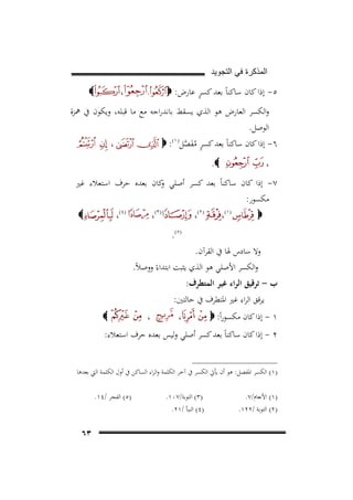 ‫ﺍﻟﻣﺫﻛﺭﺓ ﻓﻲ ﺍﻟﺗﺟﻭﻳﺩ‬

‫ٍ‬
‫٥- إذا ﻛﺎن ﺳﺎﻛﻨﺎً ﺑﻌﺪ ﻛﺴﺮ ﻋﺎرض: ‪‬‬

‫،‬

‫،‬

‫‪‬‬

‫واﻟﻜﺴﺮ اﻟﻌﺎرض ﻫﻮ اﻟﺬي ﻳﺴﻘﻂ ﺑﺎﻧﺪراﺟﻪ ﻣﻊ ﻣﺎ ﻗﺒﻠﻪ، وﻳﻜﻮن ﰲ ﳘﺰة‬
‫اﻟﻮﺻﻞ.‬
‫،‬
‫٦- إذا ﻛﺎن ﺳﺎﻛﻨﺎً ﺑﻌﺪ ﻛﺴﺮ ﻣﻔﺼﻞ) ١(: ‪‬‬
‫ٍ َُ ﱠ‬
‫81 ‪F‬‬

‫،‬

‫‪.‬‬

‫٧- إذا ﻛﺎن ﺳﺎﻛﻨﺎً ﺑﻌﺪ ﻛﺴﺮ أﺻﻠﻲ ﻛﺎن ﺑﻌﺪﻩ ﺣﺮف اﺳﺘﻌﻼء ﻏﲑ‬
‫و‬
‫ﻣﻜﺴﻮر:‬
‫‪‬‬

‫91‪F‬‬

‫)١(،‬

‫02 ‪F‬‬

‫)٣(،‬

‫)٢(،‬

‫)٤(،‬

‫‪‬‬

‫)٥(.‬
‫وﻻ ﺳﺎدس ﳍﺎ ﰲ اﻟﻘﺮآن.‬
‫واﻟﻜﺴﺮ اﻷﺻﻠﻲ ﻫﻮ اﻟﺬي ﻳﺜﺒﺖ اﺑﺘﺪاءً ووﺻﻼً.‬

‫ب - ﺗﺮﻗﻴﻖ اﻟﺮاء ﻏﻴﺮ اﻟﻤﺘﻄﺮف:‬

‫ﻳﺮﻗﻖ اﻟﺮاء ﻏﲑ اﳌﺘﻄﺮف ﰲ ﺣﺎﻟﺘﲔ:‬
‫١ - إذا ﻛﺎن ﻣﻜﺴﻮراً: ‪‬‬

‫،‬

‫،‬

‫‪‬‬

‫٢ - إذا ﻛﺎن ﺳﺎﻛﻨﺎً ﺑﻌﺪ ﻛﺴﺮ أﺻﻠﻲ وﻟﻴﺲ ﺑﻌﺪﻩ ﺣﺮف اﺳﺘﻌﻼء:‬
‫)١( اﻟﻜﺴﺮ اﳌﻔﺼﻞ: ﻫﻮ أن ﻳﺄﰐ اﻟﻜﺴﺮ ﰲ آﺧﺮ اﻟﻜﻠﻤﺔ واﻟﺮاء اﻟﺴﺎﻛﻦ ﰲ أول اﻟﻜﻠﻤﺔ اﻟﱵ ﺑﻌﺪﻫﺎ‬
‫)١( اﻷﻧﻌﺎم/٧.‬
‫)٢( اﻟﺘﻮﺑﺔ /٢٢١.‬

‫)٣( اﻟﺘﻮﺑﺔ/٧٠١.‬
‫)٤( اﻟﻨﺒﺄ /١٢.‬

‫)٥( اﻟﻔﺠﺮ /٤١.‬

‫٣٦‬

 