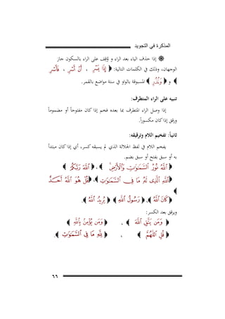 ‫ﺍﻟﻣﺫﻛﺭﺓ ﻓﻲ ﺍﻟﺗﺟﻭﻳﺩ‬

‫‪ ‬إذا ﺣﺬف اﻟﻴﺎء ﺑﻌﺪ اﻟﺮاء و وﻗِﻒ ﻋﻠﻰ اﻟﺮاء ﺑﺎﻟﺴﻜﻮن ﺟﺎز‬
‫ُ‬
‫،‬

‫اﻟﻮﺟﻬﺎن، وذﻟﻚ ﰲ اﻟﻜﻠﻤﺎت اﻟﺘﺎﻟﻴﺔ: ‪‬‬
‫‪ ‬و‪‬‬

‫،‬

‫‪ ‬اﳌﺴﺒﻮﻗﺔ ﺑﺎﻟﻮاو ﰲ ﺳﺘﺔ ﻣﻮاﺿﻊ ﺑﺎﻟﻘﻤﺮ.‬

‫ﺗﻨﺒﻴﻪ ﻋﻠﻰ اﻟﺮاء اﻟﻤﺘﻄﺮف:‬
‫إذا وﺻﻞ اﻟﺮاء اﳌﺘﻄﺮف ﲟﺎ ﺑﻌﺪﻩ ﻓﺨﻢ إذا ﻛﺎن ﻣﻔﺘﻮﺣﺎً أو ﻣﻀﻤﻮﻣﺎً‬
‫ورﻗﻖ إذا ﻛﺎن ﻣﻜﺴﻮراً.‬
‫ﺛﺎﻧﻴـﺎً: ﺗﻔﺨﻴﻢ اﻟﻼم وﺗﺮﻗﻴﻘﻪ:‬
‫ﻳﻔﺨﻢ اﻟﻼم ﰲ ﻟﻔﻆ اﳉﻼﻟﺔ اﻟﺬي ﱂ ﻳﺴﺒﻘﻪ ﻛﺴﺮ، أي إذا ﻛﺎن ﻣﺒﺘﺪأ‬
‫ﺑﻪ أو ﺳﺒﻖ ﺑﻔﺘﺢ أو ﺳﺒﻖ ﺑﻀﻢ.‬
‫‪،‬‬

‫‪‬‬

‫‪‬‬

‫‪ ،‬‬

‫‪‬‬
‫‪‬‬
‫‪ ،‬‬

‫‪‬‬

‫‪ ‬‬

‫‪.‬‬

‫وﻳﺮﻗﻖ ﺑﻌﺪ اﻟﻜﺴﺮ:‬
‫‪، ‬‬

‫‪‬‬
‫‪‬‬

‫‪‬‬

‫‪‬‬

‫،‬

‫‪‬‬

‫‪‬‬
‫‪.‬‬

‫٦٦‬

 