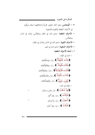 ‫ﺍﻟﻣﺫﻛﺭﺓ ﻓﻲ ﺍﻟﺗﺟﻭﻳﺩ‬

‫٢ - اﻟْﻤﺘﺠﺎﻧﺲ: وﻫﻮ اﲢﺎد اﳊﺮﻓﲔ ﳐﺮﺟﺎً واﺧﺘﻼﻓﻬﻤﺎ ﺻﻔﺔ، وﻳﻜﻮن‬
‫ُ‬
‫ﰲ اﻷﺣﺮف اﻟﻨﻄﻌﻴﺔ واﻟﻠﺜﻮﻳﺔ واﻟﺸﻔﻮﻳﺔ.‬

‫ اﻷﺣﺮف اﻟﻨﻄﻌﻴﺔ: ﺗﺪﻏﻢ اﻟﺘﺎء ﰲ اﻟﻄﺎء وﺑﺎﻟﻌﻜﺲ، واﻟﺘﺎء ﰲ اﻟﺪال‬‫وﺑﺎﻟﻌﻜﺲ.‬

‫ اﻷﺣﺮف اﻟﻠﺜﻮﻳﺔ: ﺗﺪﻏﻢ اﻟﺜﺎء ﰲ اﻟﺬال، واﻟﺬال ﰲ اﻟﻈﺎء.‬‫ اﻷﺣﺮف اﻟﺸﻔﻮﻳﺔ: ﺗﺪﻏﻢ اﻟﺒﺎء ﰲ اﳌﻴﻢ.‬‫أ - أﻣﺜـﻠـﺔ اﻷﺣﺮف اﻟﻨﻄﻌﻴﺔ:‬
‫ اﻟﺘﺎء ﰲ اﻟﻄﺎء:‬‫‪‬‬

‫‪ ‬ـ ـ ـ ـ ﺗﻘﺮأ ـ ـ ـ )ودﻃﱠﺎﺋِﻔﺔ(.‬
‫‪ ‬ـ ـ ـ ـ ﺗﻘﺮأ ـ ـ ـ )وﻗﺎﻟَﻄﱠـﺎﺋِﻔﺔ(‬

‫‪‬‬
‫‪‬‬

‫‪ ‬ـ ـ ﺗﻘﺮأ ـ ـ ـ )ﳍﻤﻄﱠﺎﺋﻔﺔ(.‬
‫ﱠ‬

‫‪‬‬

‫‪ ‬ـ ـ ـ ﺗﻘﺮأ ـ ـ ـ ـ )ﻓﺂﻣﻨﻄﱠﺎﺋﻔﺔ(.‬
‫‪ ‬ـ ـ ـ ـ ﺗﻘﺮأ ـ ـ ـ ) ﻛﻔﺮﻃﱠﺎﺋﻔﺔ(.‬
‫و‬

‫‪‬‬
‫ اﻟﻄﺎء ﰲ اﻟﺘﺎء:‬‫‪‬‬

‫‪ ‬ـ ـ ـ ـ ﺗﻘﺮأ ـ ـ ـ )ﻟﺌﻦ ﺑﺴـﺖ(.‬
‫ﱠ‬

‫‪‬‬

‫‪ ‬ـ ـ ـ ـ ـ ﺗﻘﺮأ ـ ـ ـ ـ )ﻓﺮطﰎ(.‬
‫ُ‬

‫‪‬‬

‫‪ ‬ـ ـ ـ ـ ﺗﻘﺮأ ـ ـ ـ ـ )أﺣـﺖ(.‬
‫ُ‬

‫ط‬

‫‪‬‬

‫ط‬

‫‪ ‬ـ ـ ـ ـ ﺗﻘﺮأ ـ ـ ـ ـ )ﻓﺮطت(.‬
‫ُ‬
‫١٧‬

 