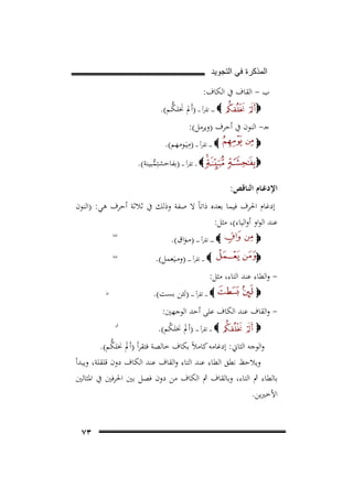 ‫ﺍﻟﻣﺫﻛﺭﺓ ﻓﻲ ﺍﻟﺗﺟﻭﻳﺩ‬

‫ب - اﻟﻘﺎف ﰲ اﻟﻜﺎف:‬
‫‪‬‬

‫َ ﱡ‬
‫‪ ‬ـ ـ ـ ـ ﺗﻘﺮأ ـ ـ ـ )أَﱂ ﳔﻠـﻜـﻢ(.‬

‫ﺟـ- اﻟﻨﻮن ﰲ أﺣﺮف )وﻳﺮﻣﻞ(:‬
‫ِ‬
‫‪ ‬ـ ـ ـ ﺗﻘﺮأ ـ ـ ـ )ﻣﻴَـﻮﻣﻬﻢ(.‬
‫‪‬‬
‫‪ ‬ـ ـ ﺗﻘﺮأ ـ ـ ـ )ﺑﻔﺎﺣﺸﺘِﻤﺒﻴﻨﺔ(.‬
‫‪‬‬
‫ﱡ‬
‫اﻹدﻏـﺎم اﻟﻨﺎﻗﺺ:‬
‫إدﻏﺎم اﳊﺮف ﻓﻴﻤﺎ ﺑﻌﺪﻩ ذاﺗﺎً ﻻ ﺻﻔﺔ وذﻟﻚ ﰲ ﺛﻼﺛﺔ أﺣﺮف ﻫﻲ: )اﻟﻨﻮن‬
‫ﻋﻨﺪ اﻟﻮاو أواﻟﻴﺎء(، ﻣﺜﻞ:‬
‫‪‬‬

‫‪ ‬ـ ـ ـ ـ ﺗﻘﺮأ ـ ـ ـ ـ )ﻣــﻮاق(.‬
‫َ‬

‫‪‬‬

‫‪ ‬ـ ـ ـ ﺗﻘﺮأ ـ ـ ـ ـ )وﻣ ـﻴَﻌﻤﻞ(.‬

‫‪‬‬

‫ﻏﻨﺔ‬

‫‪ ‬ـ ـ ـ ﺗﻘﺮأ ـ ـ ـ ـ )ﻟﺌﻦ ﺑﺴـﺖ(.‬

‫ﻏﻨﺔ‬

‫- واﻟﻄﺎء ﻋﻨﺪ اﻟﺘﺎء، ﻣﺜﻞ:‬

‫ط‬

‫ واﻟﻘﺎف ﻋﻨﺪ اﻟﻜﺎف ﻋﻠﻰ أﺣﺪ اﻟﻮﺟﻬﲔ:‬‫‪‬‬

‫‪ ‬ـ ـ ـ ﺗﻘﺮأ ـ ـ ـ )أﱂ ﳔﻠـﻜﻢ(.‬
‫َ ُ‬

‫ق‬

‫َ ﱡ‬
‫واﻟﻮﺟﻪ اﻟﺜﺎﱐ: إدﻏﺎﻣﻪ ﻛﺎﻣﻼً ﺑﻜﺎف ﺧﺎﻟﺼﺔ ﻓﺘﻘﺮأ )أﱂ ﳔﻠﻜﻢ(.‬
‫وﻳﻼﺣﻆ ﻧﻄﻖ اﻟﻄﺎء ﻋﻨﺪ اﻟﺘﺎء واﻟﻘﺎف ﻋﻨﺪ اﻟﻜﺎف دون ﻗﻠﻘﻠﺔ، وﻳﺒﺪأ‬
‫ﺑﺎﻟﻄﺎء ﰒ اﻟﺘﺎء، وﺑﺎﻟﻘﺎف ﰒ اﻟﻜﺎف ﻣﻦ دون ﻓﺼﻞ ﺑﲔ اﳊﺮﻓﲔ ﰲ اﳌﺜﺎﻟﲔ‬
‫اﻷﺧﲑﻳﻦ.‬
‫٣٧‬

 