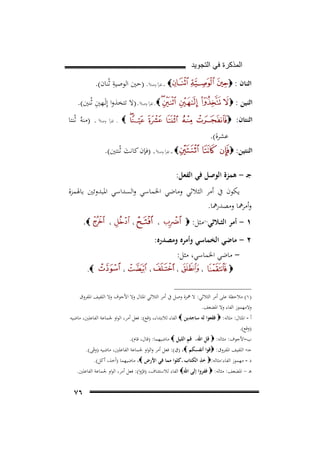 ‫ﺍﻟﻣﺫﻛﺭﺓ ﻓﻲ ﺍﻟﺗﺟﻭﻳﺩ‬

‫ِ‬
‫‪ ‬ـ ـ ﺗﻘﺮأ وﺻﻼً ـ )ﺣﲔ اﻟﻮﺻﻴﺔ ﺛْﻨﺎن(.‬

‫اﺛﻨﺎن : ‪‬‬

‫ِ‬
‫‪ ‬ـ ﺗﻘﺮأ وﺻﻼً ـ )ﻻ ﺗﺘﺨﺬوا إِﻟَـﻬﲔ ﺛْﻨﲔ(.‬

‫اﺛﻨﻴﻦ : ‪‬‬
‫اﺛﻨﺘﺎن: ‪‬‬
‫اﺛﻨﺘﻴﻦ: ‪‬‬

‫‪‬‬

‫ـ ﺗﻘﺮأ وﺻﻼً ـ ـ‬

‫ﻋﺸﺮة(.‬

‫)ﻣﻨﻪُ ﺛْﻨﺘﺎ‬

‫‪ ‬ــ ـ ﺗﻘﺮأ وﺻﻼً ــ ـ )ﻓﺈن ﻛﺎﻧﺖ ﺛْﻨﺘﲔ(.‬
‫َ‬

‫ﺟـ - ﻫﻤﺰة اﻟﻮﺻﻞ ﻓﻲ اﻟﻔﻌﻞ:‬
‫ﻳﻜﻮن ﰲ أﻣﺮ اﻟﺜﻼﺛﻲ وﻣﺎﺿﻲ اﳋﻤﺎﺳﻲ واﻟﺴﺪاﺳﻲ اﳌﺒﺪوﺋﲔ ﺑﺎﳍﻤﺰة‬
‫وأﻣﺮﳘﺎ وﻣﺼﺪرﳘﺎ.‬
‫١ - أﻣﺮ اﻟﺜــﻼﺛﻲ )١(ﻣﺜﻞ: ‪‬‬

‫،‬

‫42 ‪F‬‬

‫،‬

‫،‬

‫‪.‬‬

‫٢ - ﻣﺎﺿﻲ اﻟﺨﻤﺎﺳﻲ وأﻣﺮﻩ وﻣﺼﺪرﻩ:‬
‫ ﻣﺎﺿﻲ اﳋﻤﺎﺳﻲ، ﻣﺜﻞ:‬‫‪‬‬

‫،‬

‫،‬

‫،‬

‫،‬

‫‪.‬‬

‫)١( ﻣﻼﺣﻈﺔ ﻋﻠﻰ أﻣﺮ اﻟﺜﻼﺛﻲ: ﻻ ﳘﺰة وﺻﻞ ﰲ أﻣﺮ اﻟﺜﻼﺛﻲ اﳌﺜﺎل وﻻ اﻷﺟﻮف وﻻ اﻟﻠﻔﻴﻒ اﳌﻔﺮوق‬
‫وﻻﻣﻬﻤﻮز اﻟﻔﺎء وﻻ اﳌﻀﻌﻒ.‬
‫أ - اﳌﺜﺎل: ﻣﺜﺎﻟﻪ: ‪ ‬ﻓﻘﻌﻮا ﻟﻪ ﺳﺎﺟﺪﻳﻦ ‪ ‬اﻟﻔﺎء ﻟﻼﺑﺘﺪاء، )ﻗﻊ(: ﻓﻌﻞ أﻣﺮ، اﻟﻮاو ﳉﻤﺎﻋﺔ اﻟﻔﺎﻋﻠﲔ، ﻣﺎﺿﻴﻪ‬
‫)وﻗﻊ(.‬
‫ِ‬
‫ِ‬
‫ب-اﻷﺟﻮف: ﻣﺜﺎﻟﻪ: ‪ ‬ﻗﻞ اﷲ، ﻗﻢ اﻟﻠﻴﻞ ‪ ‬ﻣﺎﺿﻴﻬﻤﺎ: )ﻗﺎل، ﻗﺎم(.‬
‫ِ‬
‫ﺟـ- اﻟﻠﻔﻴﻒ اﳌﻔﺮوق: ‪‬ﻗﻮا أﻧﻔﺴﻜﻢ ‪) ،‬ق(: ﻓﻌﻞ أﻣﺮ واﻟﻮاو ﳉﻤﺎﻋﺔ اﻟﻔﺎﻋﻠﲔ، ﻣﺎﺿﻴﻪ )وﻗَﻰ(.‬
‫ِ‬
‫د - ﻣﻬﻤﻮز اﻟﻔﺎء:ﻣﺜﺎﻟﻪ:‪ ‬ﺧﺬ اﻟﻜﺘﺎب ـ ﻛﻠﻮا ﻣﻤﺎ ﻓﻲ اﻷرض ‪ ،‬ﻣﺎﺿﻴﻬﻤﺎ )أﺧﺬ، أﻛﻞ(.‬

‫ﻫـ - اﳌﻀﻌﻒ: ﻣﺜﺎﻟﻪ: ‪ ‬ﻓﻔﺮوا إﻟﻰ اﷲ‪ ‬اﻟﻔﺎء ﻟﻼﺳﺘﺌﻨﺎف، )ﻓﺮوا(: ﻓﻌﻞ أﻣﺮ، اﻟﻮاو ﳉﻤﺎﻋﺔ اﻟﻔﺎﻋﻠﲔ.‬
‫ّ‬

‫٦٧‬

 