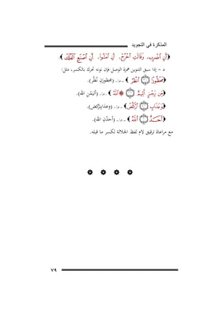 ‫ﺍﻟﻣﺫﻛﺭﺓ ﻓﻲ ﺍﻟﺗﺟﻭﻳﺩ‬
‫،‬

‫‪‬‬

‫،‬

‫‪.‬‬

‫،‬

‫د - إذا ﺳﺒﻖ اﻟﺘﻨﻮﻳﻦ ﳘﺰة اﻟﻮﺻﻞ ﻓﺈن ﻧﻮﻧﻪ ﲢﺮك ﺑﺎﻟﻜﺴﺮ، ﻣﺜﻞ:‬
‫‪‬‬

‫ِ‬
‫‪ ‬ـــــ ﺗﻘﺮأ ـــ )ﳏﻈﻮرن ﻧْﻈُﺮ(.‬
‫َ‬

‫ُِ‬
‫‪ ‬ــ ﺗﻘﺮأ ــ ـ )أﻟﻴﻤﻦ اﷲ(.‬

‫‪‬‬

‫‪ ‬ـــــ ﺗﻘﺮأ ــ ـ )وﻋﺬاﺑِﻨِْﻛﺾ(.‬
‫ﺮ‬

‫‪‬‬
‫‪‬‬

‫ُِ‬
‫‪ ‬ــــ ـ ﺗﻘﺮأ ـ ــ ـ )أﺣﺪن اﷲ(.‬

‫ﻣﻊ ﻣﺮاﻋﺎة ﺗﺮﻗﻴﻖ ﻻم ﻟﻔﻆ اﳉﻼﻟﺔ ﻟﻜﺴﺮ ﻣﺎ ﻗﺒﻠﻪ.‬

‫‪‬‬

‫‪‬‬

‫‪‬‬

‫‪‬‬

‫٩٧‬

 