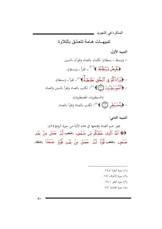 ‫ﺍﻟﻣﺫﻛﺭﺓ ﻓﻲ ﺍﻟﺗﺟﻭﻳﺩ‬

‫ﺗﻧﺑﻳﻬــﺎﺕ ﻫـﺎﻣﺔ ﺗﺗﻌـﻠـﻕ ﺑﺎﻟﺗﻼﻭﺓ‬
‫اﻟﺘﻨﺒﻴــﻪ اﻷول:‬
‫ )ﻳﺒﺴﻂ ، ﺑﺴﻄﺔ(: ﺗﻜﺘﺒﺎن ﺑﺎﻟﺼﺎد وﺗﻘﺮآن ﺑﺎﻟﺴﲔ.‬‫‪‬‬

‫‪‬‬

‫) ١(‬
‫62‪F‬‬

‫ـ ـ ـ ﺗﻘﺮأ ـ ـ )ﻳﺒﺴﻂ(.‬
‫‪ (٢ )‬ـ ـ ﺗﻘﺮأ ـ ـ )ﺑﺴﻄﺔ(.‬

‫-‪‬‬

‫72‪F‬‬

‫‪ :(٣ ) ‬ﺗﻜﺘﺐ ﺑﺎﻟﺼﺎد وﺗﻘﺮأ ﺑﺎﻟﺴﲔ واﻟﺼﺎد‬

‫-‪‬‬

‫82 ‪F‬‬

‫)اﳌﺴﻴﻄﺮون، اﳌﺼﻴﻄﺮون(.‬

‫‪ :(٤ )‬ﺗﻜﺘﺐ ﺑﺎﻟﺼﺎد وﺗﻘﺮأ ﺑﺎﻟﺼﺎد.‬

‫-‪‬‬

‫92 ‪F‬‬

‫اﻟﺘﻨﺒﻴــﻪ اﻟﺜــﺎﻧﻲ:‬
‫ﳚﻮز ﺿﻢ اﻟﻀﺎد وﻓﺘﺤﻬﺎ ﰲ ﻫﺬﻩ اﻵﻳﺔ ﻣﻦ ﺳﻮرة اﻟﺮوم)٤٥(:‬
‫)ﺿﻌﻒ(‬
‫ُ‬

‫‪‬‬
‫)ﺿﻌﻒ(‬
‫ُ‬

‫)ﺿﻌﻔﺎ(‬
‫ًُ‬

‫)١( ﺳﻮرة اﻟﺒﻘﺮة /٥٤٢.‬
‫)٢( ﺳﻮرة اﻷﻋﺮاف /٩٦ .‬
‫)٣( ﺳﻮرة اﻟﻄﻮر / ٧٣.‬
‫)٤( ﺳﻮرة اﻟﻐﺎﺷﻴﺔ /٢٢.‬

‫٠٨‬

 
