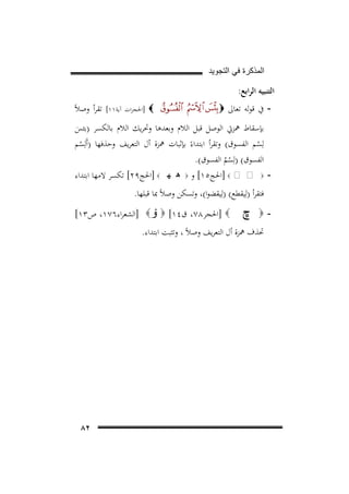 ‫ﺍﻟﻣﺫﻛﺭﺓ ﻓﻲ ﺍﻟﺗﺟﻭﻳﺩ‬

‫اﻟﺘﻨﺒﻴﻪ اﻟﺮاﺑﻊ:‬
‫- ﰲ ﻗﻮﻟﻪ ﺗﻌﺎﱃ ‪‬‬

‫‪] ‬اﳊﺠﺮات آﻳﺔ١١[‬

‫ﺗﻘﺮأ وﺻﻼً‬

‫ﺑﺈﺳﻘﺎط ﳘﺰﰐ اﻟﻮﺻﻞ ﻗﺒﻞ اﻟﻼم وﺑﻌﺪﻫﺎ وﲢﺮﻳﻚ اﻟﻼم ﺑﺎﻟﻜﺴﺮ )ﺑﺌﺲ‬
‫َ‬
‫ﻟِﺴﻢ اﻟﻔﺴﻮق( وﺗﻘﺮأ اﺑﺘﺪاءً ﺑﺈﺛﺒﺎت ﳘﺰة أل اﻟﺘﻌﺮﻳﻒ وﺣﺬﻓﻬﺎ )أَﻟِﺴﻢ‬
‫ْ‬
‫ْ‬
‫اﻟﻔﺴﻮق( )ﻟِ‬
‫ﺴﻢ اﻟﻔﺴﻮق(.‬
‫ُْ‬
‫ ‪]  � � ‬اﳊﺞ٥١[ و ‪ ‬ﻫ ﻬ ‪] ‬اﳊﺞ٩٢[ ﺗﻜﺴﺮ ﻻﻣﻬﺎ اﺑﺘﺪاء‬‫ﻓﺘﻘﺮأ )ﻟِﻴﻘﻄﻊ( )ﻟِﻴﻘﻀﻮا(، وﺗﺴﻜﻦ وﺻﻼً ﲟﺎ ﻗﺒﻠﻬﺎ.‬
‫-‪‬‬

‫ڇ‬

‫‪] ‬اﳊﺠﺮ٨٧، ق٤١[ ‪ ‬ﯣ‪] ‬اﻟﺸﻌﺮاء٦٧١، ص٣١[‬

‫ﲢﺬف ﳘﺰة أل اﻟﺘﻌﺮﻳﻒ وﺻﻼً ، وﺗﺜﺒﺖ اﺑﺘﺪاء.‬

‫٢٨‬

 