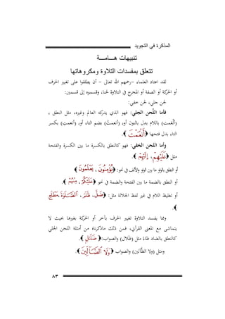 ‫ﺍﻟﻣﺫﻛﺭﺓ ﻓﻲ ﺍﻟﺗﺟﻭﻳﺩ‬

‫ﺗﻧﺑﻳﻬﺎﺕ ﻫـــﺎﻣـــﺔ‬
‫ﺗﺗﻌﻠﻕ ﺑﻣﻔﺳﺩﺍﺕ ﺍﻟﺗﻼﻭﺓ ﻭﻣﻛﺭﻭﻫﺎﺗﻬﺎ‬
‫ﻟﻘﺪ اﻋﺘﺎد اﻟﻌﻠﻤﺎء -رﲪﻬﻢ اﷲ ﺗﻌﺎﱃ - أن ﻳﻄﻠﻘﻮا ﻋﻠﻰ ﺗﻐﻴﲑ اﳊﺮف‬
‫أو ﻛﺔ أو اﻟﺼﻔﺔ أو ج ﰲ اﻟﺘﻼوة ﳊﻨﺎ، وﻗﺴﻤﻮﻩ إﱃ ﻗﺴﻤﲔ:‬
‫اﳌﺨﺮ‬
‫اﳊﺮ‬
‫ﳊﻦ ﺟﻠﻲ، ﳊﻦ ﺧﻔﻲ:‬
‫ﻓﺄﻣﺎ اﻟﻠﱠﺤﻦ اﻟﺠﻠﻲ: ﻓﻬﻮ اﻟﺬي ﻛﻪ اﻟﻌﺎﱂ وﻏﲑﻩ، ﻣﺜﻞ اﻟﻨﻄﻖ ﺑـ‬
‫ﻳﺪر‬
‫ِ‬
‫)أﻟْﻌﻤﺖ( ﺑﺎﻟﻼم ﺑﺪل ﺑﺎﻟﻨﻮن أوﺑـ )أﻧﻌﻤﺖ( ﺑﻀﻢ اﻟﺘﺎء أوﺑـ )أﻧﻌﻤﺖ( ﺑﻜﺴﺮ‬
‫ُ‬
‫َ‬
‫‪.‬‬
‫اﻟﺘﺎء ﺑﺪل ﻓﺘﺤﻬﺎ ‪‬‬
‫وأﻣﺎ اﻟﻠﺤﻦ اﻟﺨﻔﻲ: ﻓﻬﻮ ﻛﺎﻟﻨﻄﻖ ﺑﺎﻟﻜﺴﺮة ﻣﺎ ﺑﲔ اﻟﻜﺴﺮة واﻟﻔﺘﺤﺔ‬
‫ﻣﺜﻞ ‪‬‬

‫،‬

‫‪.‬‬

‫أو اﻟﻨﻄﻖ ﺑﺎﻟﻮاو ﻣﺎ ﺑﲔ اﻟﻮاو واﻷﻟﻒ ﰲ ﳓﻮ: ‪‬‬

‫،‬

‫‪‬‬

‫أو اﻟﻨﻄﻖ ﺑﺎﻟﻀﻤﺔ ﻣﺎ ﺑﲔ اﻟﻔﺘﺤﺔ واﻟﻀﻤﺔ ﰲ ﳓﻮ ‪‬‬

‫،‬

‫،‬

‫،‬

‫أو ﺗﻐﻠﻴﻆ اﻟﻼم ﰲ ﻏﲑ ﻟﻔﻆ اﳉﻼﻟﺔ ﻣﺜﻞ: ‪‬‬

‫‪.‬‬
‫،‬

‫‪.‬‬

‫وﳑﺎ ﻳﻔﺴﺪ اﻟﺘﻼوة ﺗﻐﻴﲑ اﳊﺮف ﺑﺂﺧﺮ أو ﻛﺔ ﺑﻐﲑﻫﺎ ﲝﻴﺚ ﻻ‬
‫اﳊﺮ‬
‫ﻳﺘﻤﺎﺷﻰ ﻣﻊ اﳌﻌﲎ اﻟﻘﺮآﱐ، ﻓﻤﻦ ذﻟﻚ ﻣﺎذﻛﺮﻧﺎﻩ ﻣﻦ أﻣﺜﻠﺔ اﻟﻠﺤﻦ اﳉﻠﻲ‬
‫ﻇﺎء‬
‫‪.‬‬
‫ﻛﺎﻟﻨﻄﻖ ﺑﺎﻟﻀﺎد ً ﻣﺜﻞ )ﻇَﻼل( واﻟﺼﻮاب:‪‬‬
‫وﻣﺜﻞ )وﻻ اﻟﻈﱠﺂﻟﲔ( واﻟﺼﻮاب ‪‬‬

‫‪.‬‬

‫٣٨‬

 