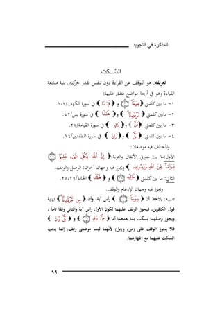 ‫ﺍﻟﻣﺫﻛﺭﺓ ﻓﻲ ﺍﻟﺗﺟﻭﻳﺩ‬

‫ﺍﻟﺳﱠـــﻛﺕ‬
‫ﺗﻌﺮﻳﻔﻪ: ﻫﻮ اﻟﺘﻮﻗﻒ ﻋﻦ اﻟﻘﺮاءة دون ﺗﻨﻔﺲ ﺑﻘﺪر ﻛﺘﲔ ﺑﻨﻴﺔ ﻣﺘﺎﺑﻌﺔ‬
‫ﺣﺮ‬
‫اﻟﻘﺮاءة وﻫﻮ ﰲ أرﺑﻌﺔ ﻣﻮاﺿﻊ ﻣﺘﻔﻖ ﻋﻠﻴﻬﺎ:‬

‫١- ﻣﺎ ﺑﲔ ﻛﻠﻤﱵ ‪‬‬

‫و‪‬‬

‫٢- ﻣﺎﺑﲔ ﻛﻠﻤﱵ ‪‬‬

‫‪ ‬و‪‬‬

‫٣- ﻣﺎ ﺑﲔ ﻛﻠﻤﱵ ‪  ‬و‪‬‬
‫٤- ﻣﺎ ﺑﲔ ﻛﻠﻤﱵ ‪‬‬

‫‪ ‬و‪‬‬

‫‪ ‬ﰲ ﺳﻮرة اﻟﻜﻬﻒ/٢،١.‬
‫‪ ‬ﰲ ﺳﻮرة ﻳﺲ/٢٥.‬

‫‪ ‬ﰲ ﺳﻮرة اﻟﻘﻴﺎﻣﺔ/٧٢.‬
‫‪ ‬ﰲ ﺳﻮرة اﳌﻄﻔﻔﲔ/٤١.‬

‫واﳌﺨﺘﻠﻒ ﻓﻴﻪ ﻣﻮﺿﻌﺎن:‬
‫اﻷول:ﻣﺎ ﺑﲔ ﺳﻮرﰐ اﻷﻧﻔﺎل واﻟﺘﻮﺑﺔ:‪‬‬
‫‪ ‬وﳚﻮز ﻓﻴﻪ وﺟﻬﺎن آﺧﺮان: اﻟﻮﺻﻞ واﻟﻮﻗﻒ.‬
‫اﻟﺜﺎﱐ: ﻣﺎ ﺑﲔ ﻛﻠﻤﱵ ‪‬‬

‫‪‬و‪‬‬

‫وﳚﻮز ﻓﻴﻪ وﺟﻬﺎن اﻹدﻏﺎم واﻟﻮﻗﻒ.‬

‫‪ ‬اﳊﺎﻗﺔ/٩٢،٨٢.‬
‫‪ ‬ﻧِﻬﺎﻳﺔ‬

‫‪ ‬رأس آﻳﺔ، وأن ‪‬‬
‫ﺗـﻨـﺒـﻴــﻪ: ﻳﻼﺣﻆ أن ‪‬‬
‫ِ‬
‫ﻗﻮل اﻟﻜﺎﻓﺮﻳﻦ، ﻓﻴﺠﻮز اﻟﻮﻗﻒ ﻋﻠﻴﻬﻤﺎ ﻟﻜﻮن اﻷول رأس آﻳﺔ واﻟﺜﺎﻧﻲ وﻗﻔﺎً ﺗﺎﻣﺎً ،‬
‫‪‬‬
‫‪‬و‪‬‬
‫وﻳﺠﻮز وﺻﻠﻬﻤﺎ ﺑﺴﻜﺖ ﺑﻤﺎ ﺑﻌﺪﻫﻤﺎ.أﻣﺎ ‪‬‬
‫ﻓﻼ ﻳﺠﻮز اﻟﻮﻗﻒ ﻋﻠﻰ )ﻣﻦ( و)ﺑﻞ( ﻷﻧّﻬﻤﺎ ﻟﻴﺴﺎ ﻣﻮﺿﻌﻲ وﻗﻒ، إﻧﻤﺎ ﻳﺠﺐ‬
‫اﻟﺴﻜﺖ ﻋﻠﻴﻬﻤﺎ ﻣﻊ إﻇﻬﺎرﻫﻤﺎ.‬

‫٩٩‬

 