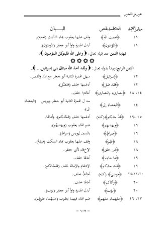 ‫ﻋﺒﲑ ﻣﻦ ﺍﻟﺘﺤﺒﲑ‬
‫ﺭﻗﻢ ﺍﻵﻳﺔ‬

‫ﺍﻟﻜﻠﻤﺔ ﳊﻔﺺ‬

‫١١‬

‫﴿اﳌﺆﻣﻨﻮن﴾‬

‫١١‬

‫﴿ﻧﻌﻤﺖ اﷲ﴾‬

‫ﺍﻟﺒ ـ ـ ـ ـ ـ ـ ــﻴﺎﻥ‬

‫ﻗﻒ ﻋﻠﻴﻬﺎ ﻳﻌﻘﻮب ﻬﺑﺎء اﻟﺘﺄﻧﻴﺚ )ﻧﻌﻤﻪ(.‬
‫أﺑﺪل اﳍﻤﺰة واواً أﺑﻮ ﺟﻌﻔﺮ )اﳌﻮﻣﻨﻮن(.‬

‫ﻧـﻬﺎﻳﺔ اﻟﺜﻤﻦ ﻋﻨﺪ ﻗﻮﻟﻪ ﺗﻌﺎﱃ: ‪ ‬وﻋﻠﻰ اﷲ ﻛﻞ اﻟﻤﺆﻣﻨﻮن ‪.‬‬
‫ﻓﻠﻴﺘﻮ‬
‫‪‬‬
‫اﻟﺜﻤﻦ اﻟﺮاﺑﻊ:وﻳﺒﺪأ ﺑﻘﻮﻟﻪ ﺗﻌﺎﱃ: ‪ ‬وﻟﻘﺪ أﺧﺬ اﷲ ﻣﻴﺜﺎق ﺑﻨﻲ إﺳﺮاﺋﻴﻞ ... ‪.‬‬
‫٢١‬

‫﴿إﺳﺮاﺋﻴﻞ﴾‬

‫٢١‬

‫﴿ﻓﻘﺪ ﺿﻞ﴾‬

‫٤١‬

‫﴿اﻟﺒﻐﻀﺎءَ إِﱃ﴾‬

‫ﺳﻬﻞ اﳍﻤﺰة اﻟﺜﺎﻧﻴﺔ أﺑﻮ ﺟﻌﻔﺮ ﻣﻊ اﳌﺪ واﻟﻘﺼﺮ.‬
‫أدﻏﻤﻬﺎ ﺧﻠﻒ )ﻓﻘ ﱠﻞ(.‬
‫ﻀ‬

‫٤١، ٨١ ﴿ﻧﺼﺎرى، واﻟﻨﺼﺎرى﴾ أﻣﺎﻟﻪم ا ﺧﻠﻒ .‬

‫٥١ ،٩١ ﴿ﻗﺪ ﺟﺎءﻛﻢ﴾)ﻛﻠﻪ(‬
‫ْ‬
‫ِ‬
‫٦١‬
‫﴿وﻳﻬﺪﻳﻬﻢ﴾‬
‫ٍ‬
‫٦١‬
‫﴿ﺻﺮاط﴾‬
‫٨١‬
‫﴿ﻓﻠِﻢ﴾‬
‫َ‬
‫٨١‬
‫﴿ﳑﻦ ﺧﻠﻖ﴾‬
‫٩١‬
‫٩١‬
‫٠٢،٢٢،٤٢‬

‫٠٢‬

‫﴿ﻣﺎ ﺟﺎءﻧﺎ﴾‬
‫﴿ﻓﻘﺪ ﺟﺎءﻛﻢ﴾‬
‫﴿ﻣﻮﺳﻰ﴾ )ﻛﻠﻪ(‬
‫﴿وآﺗﺎﻛﻢ﴾‬

‫٠٢‬

‫﴿ﻳﺆت﴾‬

‫٣٢، ٦٢‬

‫﴿ﻋﻠﻴﻬﻤﺎ، ﻋﻠﻴﻬﻢ﴾‬

‫ﺳﻪ ل اﳍﻤﺰة اﻟﺜﺎﻧﻴﺔ أﺑﻮ ﺟﻌﻔﺮ وروﻳﺲ )اﻟﺒﻐﻀﺎءَ‬
‫اﱃ(.‬
‫أدﻏﻤﻬﺎ ﺧﻠﻒ )ﻗﺠﺎءﻛﻢ(، وأﻣﺎﳍﺎ.‬
‫ﱠ‬
‫ﺿﻢ اﳍﺎء ﻳﻌﻘﻮب )وﻳﻬﺪﻳﻬﻢ(.‬
‫ُ‬

‫ﺑﺎﻟﺴﲔ روﻳﺲ )ﺳﺮاط(.‬
‫ل‬

‫ﻗﻒ ﻋﻠﻴﻬﺎ ﻳﻌﻘﻮب ﻬﺑﺎء اﻟﺴﻜﺖ )ﻓﻠِﻤﻪ(.‬
‫َْ‬

‫اﻹخﻓﺎء ﻷﰊ ﺟﻌﻔﺮ .‬
‫أﻣﺎﳍﺎ ﺧﻠﻒ.‬

‫اﻹدﻏﺎم واﻹﻣﺎﻟﺔ ﳋﻠﻒ )ﻓﻘﺠﺎءﻛﻢ(.‬
‫ّ‬
‫ﱠ‬
‫أﻣﺎﻟﻪن ﺧﻠﻒ.‬
‫أﻣﺎﳍﺎ ﺧﻠﻒ.‬
‫أﺑﺪل اﳍﻤﺰة واواً أﺑﻮ ﺟﻌﻔﺮ )ﻳﻮت(.‬

‫ﺿﻢ اﳍﺎء ﻓﻴﻬﻤﺎ ﻳﻌﻘﻮب )ﻋﻠﻴﻬﻤﺎ، ﻫﻢ(.‬
‫ُ ﻋﻠﻲُ‬
‫≠ ≤∞± ≠‬

 