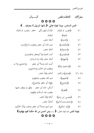 ‫ﻋﺒﲑ ﻣﻦ ﺍﻟﺘﺤﺒﲑ‬
‫ﺭﻗﻢ ﺍﻵﻳﺔ‬

‫ﺍﻟﻜﻠﻤﺔ ﳊﻔﺺ‬

‫ﺍﻟﺒ ـ ـ ـ ـ ـ ـ ــﻴﺎﻥ‬

‫١٤‬

‫﴿ﺗﺆﻣﻦ، ﱂ ﻳﺄﺗﻮك،‬

‫اﻹﺑﺪال ﻓﻴﻬﻦ ﻷﰊ ﺟﻌﻔﺮ )ﺗﻮﻣﻦ، ﱂ ﻳﺎﺗﻮك،‬

‫‪‬‬
‫اﻟﺜﻤﻦ اﻟﺴﺎدس: وﻳﺒﺪأ ﺑﻘﻮﻟﻪ ﺗﻌﺎﻟﻰ: ‪ ‬ﻳﺎأﻳﻬﺎ اﻟﺮﺳﻮل ﻻ ﻳﺤﺰﻧﻚ... ‪.‬‬
‫ﺗﺆﺗﻮﻩ﴾‬

‫ﺗﻮﺗﻮﻩ(.‬

‫١٤‬

‫﴿اﻟﺪﻧﻴﺎ﴾‬

‫٢٤‬

‫﴿ﻟﻠﺴﺤﺖ﴾‬
‫ﱡْ‬

‫ﺿﻢ اﳊﺎء أﺑﻮ ﺟﻌﻔﺮ وﻳﻌﻘﻮب ) ﱡﺣﺖ (.‬
‫اﻟﺲ ُ‬

‫٣٤‬

‫﴿ﺑﺎﳌﺆﻣﻨﲔ﴾‬

‫٣٤‬

‫﴿ وراة﴾‬
‫اﻟﺖ‬

‫أﺑﺪل اﳍﻤﺰة واواً أﺑﻮﺟﻌﻔﺮ )ﺑﺎﳌﻮﻣﻨﲔ(.‬

‫٤٤‬

‫﴿واﺧﺸﻮن وﻻ﴾‬

‫أﺛﺒﺖ اﻟﻴﺎء وﺻﻼً أﺑﻮ ﺟﻌﻔﺮ‬
‫وﻳﻌﻘﻮب ﰲ اﳊﺎﻟﲔ )واﺧﺸﻮﱐ(.‬

‫٤٤ ،٦٤‬

‫﴿ﻫﺪى﴾ )ﻛﻠﻪ(‬
‫ً‬

‫أﻣﺎﻟﻪن وﻗﻔﺎً ﺧﻠﻒ.‬

‫٥٤‬

‫﴿واﳉﺮوح﴾‬
‫َ‬

‫٥٤‬

‫﴿ﻓﻬﻮ﴾‬

‫٦٤‬

‫﴿ﺑﻌﻴﺴﻰ اﺑﻦ ﻣﺮﱘ﴾‬

‫٨٤‬

‫﴿ﺟﺎءك،ﺷﺎء،آﺗﺎﻛﻢ﴾‬
‫ِ‬
‫﴿وأن اﺣﻜﻢ﴾‬

‫٢٤‬

‫٥٤‬

‫٩٤‬

‫﴿ﺟﺎءوك﴾‬

‫﴿ﻋﻠﻴﻬﻢ﴾‬

‫أﻣﺎﳍﺎ ﺧﻠﻒ.‬
‫أﻣﺎﳍﺎ ﺧﻠﻒ.‬

‫أﻣﺎﻟﻪا ﺧﻠﻒ ﻛﺬا )٦٤،٤٤(.‬
‫و‬

‫)واﺧﺸﻮﱐ وﻻ (،‬

‫ﺿﻢ اﳍﺎء ﻳﻌﻘﻮب )ﻋﻠﻴﻬﻢ(.‬
‫ُ‬

‫رﻓﻊﻫﺎ أﺑﻮ ﺟﻌﻔﺮ )واﳉﺮوح(.‬
‫ُ‬

‫أﺳﻜﻦ ا ﳍﺎء أﺑﻮ ﺟﻌﻔﺮ )ﻓﻬﻮ (، ووﻗﻒ ﻋﻠﻴﻬﺎ‬
‫ْ‬
‫ﻌﻘﻮب ﻬﺑﺎء اﻟﺴﻜﺖ )ﻓﻬﻮﻩ(.‬
‫َُ‬
‫أﻣﺎﳍﺎ وﻗﻔﺎً ﺧﻠﻒ.‬
‫ﱠ‬
‫أﻣﺎﻟﻪن ﺧﻠﻒ.‬
‫ﺿﻢ اﻟﻨﻮن وﺻﻼً أﺑﻮ ﺟﻌﻔﺮ وﺧﻠﻒ )وأن اﺣﻜﻢ(.‬
‫ُ ْ‬

‫ﻧـﻬﺎﻳﺔ اﻟﺜﻤﻦ ﻋﻨﺪ ﻗﻮﻟﻪ ﺗﻌﺎﱃ: ‪ … ‬وﻣﻦ أﺣﺴﻦ ﻣﻦ اﷲ ﺣﻜﻤﺎً ﻟﻘﻮم وﻗﻨﻮن‪‬‬
‫ي‬
‫‪‬‬
‫≠ ¥∞± ≠‬

 