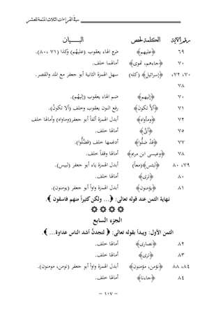 ‫ﰲ ﺍﻟﻘﺮﺍﺀﺍﺕ ﺍﻟﺜﻼﺙ ﺍﳌﺘﻤﺔ ﻟﻠﻌﺸﺮ‬
‫ﺭﻗﻢ ﺍﻵﻳﺔ‬

‫ﺍﻟﻜﻠﻤﺔ ﳊﻔﺺ‬

‫٠٧‬

‫﴿ﺎءﻫﻢ، ﻬﺗﻮى﴾‬

‫أﻣﺎﳍﻤﺎ ﺧﻠﻒ.‬

‫٠٧، ٢٧،‬
‫٨٧‬
‫٠٧‬

‫﴿إﺳﺮاﺋﻴﻞ﴾ )ﻛﻠﻪ(‬

‫ﺳﻬﻞ اﳍﻤﺰة اﻟﺜﺎﻧﻴﺔ أﺑﻮ ﺟﻌﻔﺮ ﻣﻊ اﳌﺪ واﻟﻘﺼﺮ.‬

‫٩٦‬

‫١٧‬

‫﴿ﻋﻠﻴﻬﻢ﴾‬

‫﴿إﻟﻴﻬﻢ﴾‬
‫﴿أﻻﱠ ﺗﻜﻮن﴾‬
‫َ‬

‫٢٧‬
‫٥٧‬

‫﴿وﻣﺄواﻩ﴾‬

‫٧٧‬

‫﴿أﱏ﴾‬
‫ﱠ‬
‫﴿ﻗﺪ ﺿﻠﱡﻮا﴾‬
‫ْ‬

‫٩٧، ٠٨‬

‫﴿ﻟﺒﺌﺲ﴾)ﻣﻌﺎً(‬
‫﴿ﺗﺮى﴾‬

‫٨٧‬
‫٠٨‬
‫١٨‬

‫﴿وﻋﻴﺴﻰ اﺑﻦ ﻣﺮﱘ﴾‬

‫﴿ﻳﺆﻣﻨﻮن﴾‬

‫ﺍﻟﺒ ـ ـ ـ ـ ـ ـ ــﻴﺎﻥ‬

‫م اﳍﺎء ﻳﻌﻘﻮب )ﻋﻠﻴﻬﻢ( ﻛﺬا )١٧ ،٠٨(.‬
‫ُ و‬
‫ض‬

‫ﺿﻢ اﳍﺎء ﻳﻌﻘﻮب )إﻟﻴﻬﻢ(.‬
‫ُ‬

‫رﻓﻊ اﻟﻨﻮن ﻳﻌﻘﻮب وﺧﻠﻒ )أﻻ ﺗﻜﻮن(.‬
‫ُ‬

‫أﺑﺪل اﳍﻤﺰة أﻟﻔﺎً أﺑﻮ ﺟﻌﻔﺮ)وﻣﺎواﻩ( وأﻣﺎﳍﺎ ﺧﻠﻒ‬

‫أﻣﺎﳍﺎ ﺧﻠﻒ.‬

‫أدﻏﻤﻬﺎ ﺧﻠﻒ )ﻗﻀﻠﱡﻮا(.‬
‫ﱠ‬
‫أﻣﺎﳍﺎ وﻗﻔﺎً ﺧﻠﻒ.‬

‫أﺑﺪل اﳍﻤﺰة ﻳﺎء أﺑﻮ ﺟﻌﻔﺮ )ﻟﺒﻴﺲ(.‬
‫أﻣﺎﳍﺎ ﺧﻠﻒ.‬
‫أﺑﺪل اﳍﻤﺰة واواً أﺑﻮ ﺟﻌﻔﺮ )ﻳﻮﻣﻨﻮن(.‬

‫ﻧـﻬﺎﻳﺔ اﻟﺜﻤﻦ ﻋﻨﺪ ﻗﻮﻟﻪ ﺗﻌﺎﻟﻰ: ‪ ...‬وﻟﻜﻦ ﻛﺜﻴﺮاً ﻣﻨﻬﻢ ﻓﺎﺳﻘﻮن ‪.‬‬
‫‪‬‬

‫اﻟﺠﺰء اﻟﺴﺎﺑﻊ‬

‫٢٨‬

‫ﱠ‬
‫اﻟﺜﻤﻦ اﻷول: وﻳﺒﺪأ ﺑﻘﻮﻟﻪ ﺗﻌﺎﻟﻰ: ‪ ‬ﻟﺘﺠﺪن أﺷﺪ اﻟﻨﺎس ﻋﺪاوة ... ‪.‬‬

‫٣٨‬
‫٤٨، ٨٨‬
‫٤٨‬

‫﴿ﺗﺮى﴾‬

‫‪B‬‬
‫٦۳‬

‫﴿ﻧﺼﺎرى﴾‬

‫أﻣﺎﳍﺎ ﺧﻠﻒ.‬
‫أﻣﺎﳍﺎ ﺧﻠﻒ.‬

‫﴿ﻧﺆﻣﻦ، ﻣﺆﻣﻨﻮن﴾‬
‫﴿ﺟﺎءﻧﺎ﴾‬

‫أﺑﺪل اﳍﻤﺰة واواً أﺑﻮ ﺟﻌﻔﺮ )ﻧﻮﻣﻦ، ﻣﻮﻣﻨﻮن(.‬

‫أﻣﺎﳍﺎ ﺧﻠﻒ.‬
‫≠ ∑∞± ≠‬

 