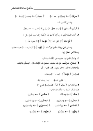 ‫ﰲ ﺍﻟﻘﺮﺍﺀﺍﺕ ﺍﻟﺜﻼﺙ ﺍﳌﺘﻤﺔ ﻟﻠﻌﺸﺮ‬
‫‪ ‬ﺟـﺌﺖ ‪) ← ‬ﺟﻴﺖ( ] اﻟﺒﻘﺮة ١٧[‬
‫ْ‬

‫‪ ‬ﺳﺆﻟﻚ ‪) ← ‬ﺳﻮﻟﻚ( ] ﻃﻪ ٦٣[‬

‫واﺳﺘﺜﲎ ﻛﻠﻤﺘﲔ ﳘﺎ:‬
‫‪ ‬أﻧﺒﺌﻬﻢ ﺑﺄﺳﻤﺎﺋﻬﻢ ‪ ] ‬اﻟﺒﻘﺮة ٣٣[. ‪ ‬ﻧﺒﺌﻬﻢ ‪ ] ‬اﳊﺠﺮ١٥، اﻟﻘﻤﺮ٨٢[.‬
‫ْ‬
‫ْ‬

‫٢ـ أﺑﺪل اﳍﻤﺰة اﳌﻔﺘﻮﺣﺔ واواً إذا ﻛﺎﻧﺖ ﻓﺎء اﻟﻜﻠﻤﺔ واﻗﻌﺔ ﺑﻌﺪ ﺿﻢ، ﻣﺜﻞ :‬
‫ّ‬
‫‪ ‬ﺗُـﺆاﺧﺬﻧﺎ ‪ ] ‬اﻟﺒﻘﺮة ٦٨٢[ ‪ ‬ﻣﺆﺟﻼ ‪ ] ‬آل ﻋﻤﺮان ٥٤١[‬
‫َُ‬
‫َ‬

‫واﺳﺘﺜﲎ اﺑﻦ وردان اﳍﻤﺰة ﰲ ﻛﻠﻤﺔ ‪ ‬ﻳـُﺆﻳﺪ ‪ ] ‬آل ﻋﻤﺮان ٣١[ ﺣﻴﺚ ﺣﻘﻘﻬﺎ‬
‫َ‬
‫وأﺑﺪﳍﺎ اﺑﻦ ﺟﻤﺎز واواً.‬
‫٣ـ وأﺑﺪل اﳍﻤﺰة ﻳﺎءً ﻣﻔﺘﻮﺣﺔ ﰲ اﻟﻜﻠﻤﺎت اﻟﺘﺎﻟﻴﺔ:‬
‫ِ‬
‫ِ َ ِ ِ‬
‫‪ ‬ﻟﻴﺒﻄﺌﻦ، ﻟﻨﺒﻮﺋﻨﱠﻬﻢ، ﻗﺮىء، ﻣﻠﺌَﺖ، اﺳﺘُﻬﺰىء، ﻧﺎﺷﺌَﺔ، رﺋﺎء، ﺧﺎﺳﺌﺎً، ﺷﺎﻧِﺌﻚ،‬
‫َ ُ‬
‫ّ‬
‫ﺑﺎﻟﺨﺎﻃﺌﺔ، ﺧﺎﻃﺌﺔ، ﻣﺎﺋﺔ، ِ‬
‫ِ ِ‬
‫ِ‬
‫ﻣﺎﺋﺘﻴﻦ، ﻓِﺌﺔ، ﻓﺌﺘﻴﻦ ‪.‬‬
‫ِ‬
‫٤ـ وﻟﻪ ﰲ ‪ ‬ﻣﻮﻃﺌﺎً ‪ ] ‬اﻟﺘﻮﺑﺔ ٠٢١[ وﺟﻬﺎن:‬
‫َْ‬
‫أ ـ ﲢﻘﻴﻖ اﳍﻤﺰة. ب ـ إﺑﺪاﳍﺎ ﻳﺎءً.‬
‫٥ ـ وأﺑﺪل ﳘﺰة ‪ ‬ﺳﺄل ‪ ‬أﻟﻔﺎً ←)ﺳﺎل( ] ج ١[‬
‫اﳌﻌﺎر‬
‫٦ـ وﺣﺬف اﳍﻤﺰة ﻣﻦ اﻟﻜﻠﻤﺎت اﻟﺘﺎﻟﻴﺔ :‬
‫‪ ‬ﻣﺘﻜﺌﺎً ‪) ← ‬ﻣﺘﻜﺎً(‬
‫َ‬

‫‪ ‬ﻣﺘﻜﺌﻴﻦ ‪) ← ‬ﻣﺘﻜﲔ(‬

‫‪ ‬ﺧﺎﻃﺌﻴﻦ ‪) ← ‬ﺧﺎﻃﲔ(‬

‫‪ ‬اﻟﺨﺎﻃﺌﻴﻦ ‪) ← ‬واﳋﺎﻃﲔ(‬

‫‪ ‬اﻟﺼﺎﺑﺌﻴﻦ ‪) ← ‬واﻟﺼﺎﺑﲔ(‬

‫‪ ‬اﻟﻤﺴﺘﻬﺰﺋﻴﻦ ‪) ← ‬اﳌﺴﺘﻬﺰﻳﻦ(‬

‫‪ ‬ﻳﻄﺆون ‪) ← ‬ﻳﻄَﻮن(‬
‫َْ‬
‫ُ‬

‫‪ ‬ﺗﻄﺆوﻫﺎ ‪) ← ‬ﺗَﻄَﻮﻫﺎ(‬
‫ُ‬
‫َْ‬
‫≠ ±± ≠‬

 