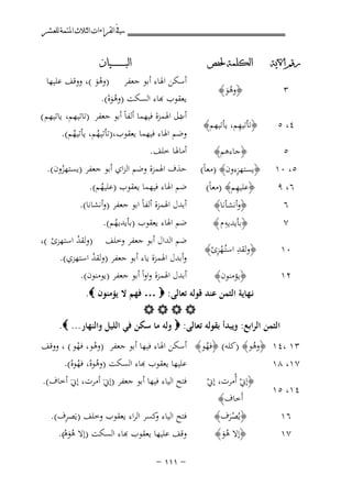 ‫ﰲ ﺍﻟﻘﺮﺍﺀﺍﺕ ﺍﻟﺜﻼﺙ ﺍﳌﺘﻤﺔ ﻟﻠﻌﺸﺮ‬
‫ﺭﻗﻢ ﺍﻵﻳﺔ‬

‫ﺍﻟﻜﻠﻤﺔ ﳊﻔﺺ‬

‫٣‬

‫﴿وﻫﻮ﴾‬
‫َُ‬

‫٤، ٥‬

‫ِ‬
‫﴿ﺗﺄﺗﻴﻬﻢ، ﻳﺄﺗﻴﻬﻢ﴾‬

‫٥‬

‫﴿ﺟﺎءﻫﻢ﴾‬
‫ِ‬
‫﴿ﻳﺴﺘﻬﺰءون﴾ )ﻣﻌﺎً(‬
‫ِ‬
‫﴿ﻋﻠﻴﻬﻢ﴾ )ﻣﻌﺎً(‬

‫٥، ٠١‬
‫٦، ٩‬
‫٦‬

‫﴿وأﻧﺸﺄﻧﺎ﴾‬
‫ِ‬
‫﴿ﺑﺄﻳﺪﻳﻪ م ﴾‬

‫٠١‬

‫ِ ِْ‬
‫﴿وﻟﻘﺪ اﺳﺘُـﻬﺰئ﴾‬

‫٢١‬

‫﴿ﻳﺆﻣﻨﻮن﴾‬

‫٧‬

‫ﺍﻟﺒ ـ ـ ـ ـ ـ ـ ــﻴﺎﻥ‬

‫أﺳﻜﻦ اﳍﺎء أﺑﻮ ﺟﻌﻔﺮ )وﻫﻮ (، ووﻗﻒ ﻋﻠﻴﻬﺎ‬
‫َْ‬
‫ﻌﻘﻮب ﻬﺑﺎء اﻟﺴﻜﺖ )وﻫﻮﻩ(.‬
‫ُ َْ‬

‫دل اﳍﻤﺰة ﻓﻴﻬﻤﺎ أﻟﻔﺎً أﺑﻮ ﺟﻌﻔﺮ )ﺗﺎﺗﻴﻬﻢ، ﻳﺎﺗﻴﻬﻢ (‬
‫أب‬
‫وﺿﻢ اﳍﺎء ﻓﻴﻬﻤﺎ ﻳﻌﻘﻮب،)ﺗﺄﺗﻴﻬﻢ، ﻳﺄﺗﻴﻬﻢ(.‬
‫ُ‬
‫ُ‬
‫أﻣﺎﳍﺎ ﺧﻠﻒ.‬
‫ﺣﺬف اﳍﻤﺰة وﺿﻢ اﻟﺰاي أﺑﻮ ﺟﻌﻔﺮ )ﻳﺴﺘﻬﺰون(.‬
‫ُ‬
‫ﺿﻢ اﳍﺎء ﻓﻴﻬﻤﺎ ﻳﻌﻘﻮب )ﻋﻠﻴﻬﻢ(.‬
‫ُ‬

‫أﺑﺪل اﳍﻤﺰة أﻟﻔﺎً اﺑﻮ ﺟﻌﻔﺮ )وأﻧﺸﺎﻧﺎ(.‬
‫ﺿﻢ اﳍﺎء ﻳﻌﻘﻮب )ﺑﺄﻳﺪﻳﻬﻢ(.‬
‫ُ‬

‫ﺿﻢ اﻟﺪال أﺑﻮ ﺟﻌﻔﺮ وﺧﻠﻒ )وﻟﻘﺪ اﺳﺘﻬﺰئ (،‬
‫ُ‬
‫وأﺑﺪل اﳍﻤﺰة ﻳﺎء أﺑﻮ ﺟﻌﻔﺮ )وﻟﻘﺪ اﺳﺘﻬﺰي(.‬
‫ُ‬
‫أﺑﺪل اﳍﻤﺰة واواً أﺑﻮ ﺟﻌﻔﺮ )ﻳﻮﻣﻨﻮن(.‬

‫ﻧـﻬﺎﻳﺔ اﻟﺜﻤﻦ ﻋﻨﺪ ﻗﻮﻟﻪ ﺗﻌﺎﻟﻰ: ‪ … ‬ﻓﻬﻢ ﻻ ﻳﺆﻣﻨﻮن ‪.‬‬
‫‪‬‬
‫اﻟﺜﻤﻦ اﻟﺮاﺑﻊ: وﻳﺒﺪأ ﺑﻘﻮﻟﻪ ﺗﻌﺎﻟﻰ: ‪ ‬وﻟﻪ ﻣﺎ ﺳﻜﻦ ﻓﻲ اﻟﻠﻴﻞ واﻟﻨﻬﺎر ... ‪.‬‬

‫٣١ ،٤١ ﴿وﻫﻮ﴾ )ﻛﻠﻪ( ﴿ﻓﻬﻮ﴾ أﺳﻜﻦ اﳍﺎء ﻓﻴﻬﺎ أﺑﻮ ﺟﻌﻔﺮ )وﻫﻮ، ﻓﻬﻮ ( ، ووﻗﻒ‬
‫ْ ْ‬
‫ُ‬
‫ُ‬
‫ﻠﻴﻬﺎ ﻳﻌﻘﻮب ﻬﺑﺎء اﻟﺴﻜﺖ )وﻫﻮﻩ، ﻓﻬﻮﻩ(.‬
‫٧١، ٨١‬
‫ُْ ُْ‬
‫ﻓﺘﺢ اﻟﻴﺎء ﻓﻴﻬﺎ أﺑﻮ ﺟﻌﻔﺮ )إﱐَ أﻣﺮت، إﱐَ أﺧﺎف(.‬
‫﴿إﱐ أُﻣﺮت، إﱐ‬
‫ْ‬
‫ْ‬
‫٤١، ٥١‬
‫أَﺧﺎف﴾‬
‫ِ‬
‫ﻓﺘﺢ اﻟﻴﺎء ﻛﺴﺮ اﻟﺮاء ﻳﻌﻘﻮب وﺧﻠﻒ )ﻳَﺼﺮف(.‬
‫و‬
‫﴿ﻳُﺼﺮف﴾‬
‫٦١‬
‫َْ‬
‫ﻗﻒ ﻋﻠﻴﻬﺎ ﻳﻌﻘﻮب ﻬﺑﺎء اﻟﺴﻜﺖ )إﻻ هو ْ(.‬
‫ُ َه‬
‫﴿إﻻ هو﴾‬
‫٧١‬
‫َُ‬
‫≠ ±±± ≠‬

 