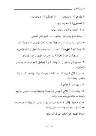 ‫ﻋﺒﲑ ﻣﻦ ﺍﻟﺘﺤﺒﲑ‬

‫‪ ‬ﺗﻄﺆوﻫﻢ ‪) ← ‬ﺗﻄَﻮﻫﻢ(‬
‫ْ‬

‫‪ ‬اﻟﺼﺎﺑِﺌُﻮن ‪) ← ‬اﻟﺼﺎﺑﻮن(‬

‫‪ ‬اﻟﻤﺴﺘﻬﺰؤون ‪) ← ‬اﳌﺴﺘﻬﺰون(.‬
‫ُِ‬
‫وﰲ ‪ ‬اﻟﻤﻨﺸﺆون ‪ ‬ﻻﺑﻦ وردان وﺟﻬﺎن:‬
‫ُِ‬
‫أ ـ إﺳﻘﺎط اﳍﻤﺰة وﺿﻢ اﻟﺸﲔ )اﳌﻨﺸﻮن(. ب ـ ﲢﻘﻴﻖ اﳍﻤﺰة ﻛﺤﻔﺺ.‬
‫ُ‬
‫٧ـ وأﺑﺪال اﳍﻤﺰة زاﻳﺎً أﺑﻮ ﺟﻌﻔﺮ ‪ ‬ﺟﺰءاً، ٌ ‪ ‬وأدﻏﻢ اﻷوﱃ ﰲ اﻟﺜﺎﻧﻴﺔ )ﺟﺰاً، ﺟﺰ(.‬
‫ﺟﺰء‬
‫ُّ ُﱞ‬
‫ﻦِ‬
‫٨ ـ وأﺑﺪل ﳘﺰة ‪ ‬اﻟ سيءُ ‪ ] ‬اﻟﺘﻮﺑﺔ ٧٣ [ ﻳﺎء، وأدﻏﻢ اﻟﻴﺎء اﻷوﱃ ﰲ اﻟﺜﺎﻧﻴﺔ )اﻟﻨﺴﻲ(.‬
‫ﱠ‬
‫ّ‬
‫ﻛﺬﻟﻚ أﺑﺪل ﳘﺰة ‪ ‬كﻫﻴﺌَـﺔ ‪ ‬ﻳﺎءً وأدﻏﻢ اﻟﻴﺎء اﻷوﱃ ﰲ اﻟﺜﺎﻧﻴﺔ )كﻫﻴﱠﺔ(.‬
‫و‬
‫ْ‬
‫٩ ـ وﺳﻬﻞ ﺛﺎﱐ اﳍﻤﺰﺗﲔ ﰲ ‪ ‬أرأﻳﺖ ‪ ‬و ‪ ‬إﺳﺮاﺋﻴﻞ ‪ ‬ﻣﻊ ﺗﻮﺳﻂ اﳌﺪ وﻗﺼﺮﻩ ﰲ‬
‫)إﺳﺮاﺋﻴﻞ(.‬
‫٠١ ـ و ‪ ‬ﻛﺄَﻳﱢﻦ ‪ ‬ﺑﺰﻳﺎدة أﻟﻒ ﺑﻌﺪ اﻟﻜﺎف، وﳘﺰة ﻣﻜﺴﻮرة ﻣﺴﻬﻠﺔ ﺑﻌﺪ اﻷﻟﻒ ﻣﻊ اﳌﺪ‬
‫واﻟﻘﺼﺮ، وﺣﺬف اﻟﻴﺎء.‬

‫١١ ـ ﺳﻬﻞ ﳘﺰة ‪ ‬ﻫﺎأﻧﺘﻢ ‪.‬‬
‫٢١ـ وﺣﺬف ﻳﺎء ‪ ‬ي ‪ ‬وﺳﻬﻞ ﳘﺰﺗﻪ وﺻﻼً، وﻟﻪ وﻗﻔﺎً اﻟﻮﺟﻬﺎن اﻟﺘﺴﻬﻴﻞ ﻣﻊ اﻟﺮوم‬
‫اﻟﻼئ‬
‫وإﺑﺪاﳍﺎ ﻳﺎء ﺳﺎﻛﻨﺔ ﻣﻊ ﻣﺪﻫﺎ ﺳﺖ ﻛﺎت.‬
‫ﺣﺮ‬

‫٣١ـ و ‪ ‬ﻫﺰواً ، ﻛﻔﻮاً ‪ ‬ﺑﺎﳍﻤﺰة ﺑﺪل اﻟﻮاو ﻓﻴﻬﻤﺎ، وزاد ﰲ ‪ ‬ور ت ‪ ‬ﳘﺰة ﻣﻔﺘﻮﺣﺔ‬
‫ُ وُ‬
‫َ َبْ‬
‫َ‬
‫ﺑﻌﺪ اﻟﺒﺎء ﰲ ] اﳊﺞ )٥(، وﻓﺼﻠﺖ )٩٣( [ )رﺑﺄت(.‬
‫إﺳﻘﺎط اﻟﻬﻤﺰة وﻧﻘﻞ ﻛﺘﻬﺎ إﻟﻰ اﻛﻦ ﻗﺒﻠﻬﺎ:‬
‫اﻟﺲ‬
‫ﺣﺮ‬
‫≠ ≤± ≠‬

 