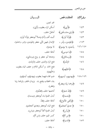 ‫ﻋﺒﲑ ﻣﻦ ﺍﻟﺘﺤﺒﲑ‬
‫ﺭﻗﻢ ﺍﻵﻳﺔ‬

‫ﺍﻟﻜﻠﻤﺔ ﳊﻔﺺ‬

‫٣٤١‬

‫ِ‬
‫﴿أَرِﱐ﴾‬

‫٣٤١‬

‫﴿ﺗﺮاﱐ،ﺟﺎء،ﲡﻠﻰ﴾‬

‫٣٤١‬

‫﴿وأﻧﺎْ أول﴾‬

‫٤٤١‬
‫٤٤١‬

‫﴿ﻳﺎ ﻣﻮﺳﻰ﴾‬

‫٦٤١‬

‫﴿ﺑﺮﺳﺎﻻﰐ﴾‬
‫ِْ‬
‫اﻟﺮﺷﺪ﴾‬
‫ُ‬

‫٨٤١‬

‫ُ ِ‬
‫﴿ﺣﻠِـﻴﱢﻬﻢ﴾‬

‫٣٤١،‬
‫٥٤١،٦٤١ ﻳﺄﺧﺬوا، ﻻ ﻳﺆﻣﻨﻮا﴾‬

‫﴿اﳌﺆﻣﻨﲔ، وأﻣﺮ ،‬

‫ِ‬
‫ِ‬
‫٩٤١،٨٤١ ﴿ﻳﻬﺪﻳﻬﻢ، أﻳﺪﻳﻬﻢ﴾‬
‫٩٤١‬

‫﴿ﻳﺮﲪﻨﺎ رﺑُﻨﺎ وﻳﻐﻔﺮ﴾‬

‫٩٤١‬

‫﴿ﻗﺪ ﺿﻠﻮا﴾‬
‫ْ‬

‫٠٥١‬

‫﴿وأﻟﻘﻰ اﻷﻟﻮاح﴾‬

‫٠٥١‬

‫﴿ ﻋﺪي أﻋﺠﻠﺘﻢ﴾‬
‫ْ‬

‫٠٥١‬

‫﴿اﺑﻦ أم﴾‬
‫ﱠ‬

‫٠٥١‬

‫٠٥١‬
‫٢٥١‬

‫﴿ﺑﺌﺴﻤﺎ﴾‬

‫﴿ﺑﺮأس﴾‬

‫﴿اﻟﺪﻧﻴﺎ﴾‬

‫ﻏﲑ ﺗﻨﻮﻳﻦ.‬

‫ﺍﻟﺒ ـ ـ ـ ـ ـ ـ ــﻴﺎﻥ‬

‫أﺳﻜﻦ اﻟﺮاء ﻳﻌﻘﻮب )أَرﱐ(.‬
‫ْ‬

‫أﻣﺎﳍﻦ ﺧﻠﻒ.‬
‫ﱠ‬

‫أﺛﺒﺖ أﻟﻒ )أﻧﺎ( وﺻﻼً أﺑﻮﺟﻌﻔﺮ )وأﻧﺎ أول(.‬

‫اﻹﺑﺪال ﻓﻴﻬﻦ ﻷﰊ ﺟﻌﻔﺮ )اﳌﻮﻣﻨﲔ، واﻣﺮ، ﻳﺎﺧﺬوا،‬

‫ﻻ ﻳﻮﻣﻨﻮا(.‬
‫أﻣﺎﳍﺎ ﺧﻠﻒ.‬
‫وﺣﺪﻫﺎ أﺑﻮ ﺟﻌﻔﺮ و روح )ﺑﺮﺳﺎﻟﱵ(.‬
‫ﻓﺘﺢ اﻟﺮاء واﻟﺸﲔ ﺧﻠﻒ )اﻟﺮﺷﺪ(.‬
‫ََ‬

‫ﻓﺘﺢ اﳊﺎء و أﺳﻜﻦ اﻟﻼم و ﺧﻔﻒ اﻟﻴﺎء ﻳﻌﻘﻮب‬
‫َ ِ‬
‫)ﺣ ْﻠﻴِﻬﻢ(.‬
‫ﺿﻢ اﳍﺎء ﻓﻴﻬﻤﺎ ﻳﻌﻘﻮب )ﻳﻬﺪﻳﻬﻢ، أﻳﺪﻳﻬﻢ(.‬
‫ُ‬
‫ُ‬

‫ﺑﺘﺎء اﳋﻄﺎب وﻓﺘﺢ ﺑﺎء )رﺑﻨﺎ ( ﳋﻠﻒ )ﺗﺮﲪﻨﺎ رﺑَﻨﺎ‬
‫وﺗﻐﻔﺮ(.‬
‫أدﻏﻤﻬﺎ ﺧﻠﻒ )ﻗ ﱠﻠﻮا(.‬
‫ﻀ‬
‫أﺑﺪل اﳍﻤﺰة ﻳﺎء أﺑﻮﺟﻌﻔﺮ )ﺑﻴﺴﻤﺎ(.‬
‫أﻣﺎﳍﺎ ﺧﻠﻒ وﻗﻔﺎً.‬
‫ﻓﺘﺢ اﻟﻴﺎء أﺑﻮﺟﻌﻔﺮ )ﺑﻌﺪي أﻋﺠﻠﺘﻢ(.‬
‫َ‬
‫أﺑﺪل اﳍﻤﺰة أﻟﻔﺎً أﺑﻮﺟﻌﻔﺮ )ﺑﺮاس(.‬

‫ﻛﺴﺮ اﳌﻴﻢ ﺧﻠﻒ )اﺑﻦ أم(.‬
‫ﱢ‬
‫أﻣﺎﳍﺎ ﺧﻠﻒ.‬
‫≠ ¥≥± ≠‬

 