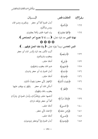 ‫ﰲ ﺍﻟﻘﺮﺍﺀﺍﺕ ﺍﻟﺜﻼﺙ ﺍﳌﺘﻤﺔ ﻟﻠﻌﺸﺮ‬
‫ﺭﻗﻢ ﺍﻵﻳﺔ‬

‫ﺍﻟﻜﻠﻤﺔ ﳊﻔﺺ‬

‫٩٦١‬

‫ِ‬
‫﴿ﺄﻬﺗﻢ﴾‬

‫٩٦١‬

‫﴿أف ﺗﻌﻘﻠﻮن ﴾‬
‫ﻻ‬

‫ﺍﻟﺒ ـ ـ ـ ـ ـ ـ ــﻴﺎﻥ‬

‫ِ‬
‫أﺑﺪل اﳍﻤﺰة أﻟﻔﺎً أﺑﻮ ﺟﻌﻔﺮ )ﺎﻬﺗﻢ (، وﺿﻢ اﳍﺎء‬
‫روﻳﺲ )ﺄﻬﺗُﻢ(.‬
‫ﺑﻴﺎء اﻟﻐﻴﺒﺔ ﳋﻠﻒ )أﻓﻼ ﻳﻌﻘﻠﻮن(.‬

‫ﻧـﻬﺎﻳﺔ اﻟﺜﻤﻦ ﻋﻨﺪ ﻗﻮﻟﻪ ﺗﻌﺎﱃ: ‪ … ‬إﻧﺎ ﻻ ﻧﻀﻴﻊ أﺟﺮ اﻟﻤﺼﻠﺤﻴﻦ ‪.‬‬
‫‪‬‬
‫اﻟﺜﻤﻦ اﻟﺨﺎﻣﺲ: وﻳﺒﺪأ ﺑﻘﻮﻟﻪ ﺗﻌﺎﱃ: ‪ ‬وإذ ﻧﺘﻘﻨﺎ اﻟﺠﺒﻞ ﻓﻮﻗﻬﻢ... ‪.‬‬
‫٢٧١‬

‫﴿ذرﻳﺘَﻬﻢ﴾‬

‫٢٧١‬

‫﴿ﺑﻠﻰ﴾‬
‫ِ‬
‫﴿ﻋﻠﻴﻬﻢ﴾‬

‫٥٧١‬
‫٦٧١‬
‫٦٧١‬

‫﴿ﺷﺌﻨﺎ﴾‬

‫٦٧١‬

‫﴿ﻫﻮاﻩ﴾‬
‫﴿ﻳﻠﻬﺚ ذﱠﻟﻚ﴾‬

‫٨٧١‬

‫﴿ﻓﻬﻮ ﴾‬
‫َُ‬

‫٩٧١‬

‫﴿وﻟﻘﺪ ذرأﻧﺎ﴾‬
‫ْ‬

‫٠٨١‬

‫﴿اﳊﺴﲎ﴾‬

‫١٨١‬

‫﴿وﳑﻦ ﺧﻠﻘﻨﺎ﴾‬

‫٥٨١‬
‫٥٨١‬

‫﴿ﻋﺴﻰ﴾‬
‫﴿ﻳﺆﻣﻨﻮن﴾‬

‫أﺛﺒﺖ اﻷﻟﻒ ﺑﻌﺪ اﻟﻴﺎء ﻛﺴﺮ اﻟﺘﺎء أﺑﻮ ﺟﻌﻔﺮ‬
‫و‬
‫ِ‬
‫وﻳﻌﻘﻮب )رﻳﺎﻬﺗﻢ(.‬
‫أﻣﺎﳍﺎ ﺧﻠﻒ.‬
‫ﺿﻢ اﳍﺎء ﻳﻌﻘﻮب )ﻋﻠﻴﻬﻢ(.‬
‫ُ‬

‫أﺑﺪل اﳍﻤﺰة ﻳﺎء أﺑﻮ ﺟﻌﻔﺮ )ﺷﻴﻨﺎ(.‬
‫أﻣﺎﳍﺎ ﺧﻠﻒ.‬
‫اﻹﻇﻬﺎر ﻷﰊ ﺟﻌﻔﺮ) ﻳﻠﻬﺚ ذﻟﻚ(.‬
‫ْ َ‬

‫)ﻓَـﻬﻮ (، ووﻗﻒ ﻋﻠﻴﻬﺎ‬
‫َْ‬

‫أﺳﻜﻦ اﳍﺎء أﺑﻮ ﺟﻌﻔﺮ‬
‫ﻳﻌﻘﻮب ﺑﺎﳍﺎء )ﻓﻬﻮﻩ(.‬
‫ُْ‬
‫ﱠ‬
‫أدﻏﻤﻬﺎ ﺧﻠﻒ )وﻟﻘﺬرأﻧﺎ(، وأﺑﺪل اﳍﻤﺰة ﰲ )ذرأﻧﺎ (‬
‫أﻟﻔﺎً أﺑﻮ ﺟﻌﻔﺮ )وﻟﻘﺪ ذراﻧﺎ(.‬
‫أﻣﺎﳍﺎ ﺧﻠﻒ.‬
‫اﻹﺧﻔﺎء ﻷﰊ ﺟﻌﻔﺮ.‬
‫أﻣﺎﳍﺎ ﺧﻠﻒ.‬
‫أﺑﺪل اﳍﻤﺰة واواً أﺑﻮﺟﻌﻔﺮ )ﻳﻮﻣﻨﻮن(.‬
‫≠ ∑≥± ≠‬

 