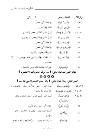 ‫ﰲ ﺍﻟﻘﺮﺍﺀﺍﺕ ﺍﻟﺜﻼﺙ ﺍﳌﺘﻤﺔ ﻟﻠﻌﺸﺮ‬
‫ﺭﻗﻢ ﺍﻵﻳﺔ‬

‫ﺍﻟﻜﻠﻤﺔ ﳊﻔﺺ‬

‫٠٥‬

‫﴿ﻳـَﺘَﻮﰱ اﻟﺬﻳﻦ﴾‬
‫﴿ﻛﺪأْب﴾ )ﻣﻌﺎً(‬

‫٩٤‬

‫٢٥، ٤٥‬

‫﴿ﻣﺮض ﻏﺮ﴾‬
‫ٌ َﱠ‬

‫٥٥‬
‫٧٥‬

‫﴿ﻻ ﻳﺆﻣﻨﻮن﴾‬

‫٨٥‬

‫﴿ﻣﻦ ﺧﻠﻔﻬﻢ﴾‬
‫ْ‬
‫ٍ‬
‫﴿ﻣﻦ ﻗﻮم ﺧﻴﺎﻧﺔ﴾‬

‫٩٥‬

‫﴿وﻻ ﳛﺴﱭ﴾‬
‫َ‬

‫٠٦‬

‫ِ‬
‫﴿ﺗـُﺮﻫﺒﻮن﴾‬
‫ْ‬

‫٨٥‬

‫ِ‬
‫﴿ إﻟﻴﻬﻢ﴾‬

‫ﺍﻟﺒ ـ ـ ـ ـ ـ ـ ــﻴﺎﻥ‬

‫اﻹﺧﻔﺎء ﻷﰊ ﺟﻌﻔﺮ.‬
‫أﻣﺎﳍﺎ وﻗﻔﺎً ﺧﻠﻒ.‬

‫أﺑﺪل اﳍﻤﺰة أﻟﻔﺎً أﺑﻮ ﺟﻌﻔﺮ )ﻛﺪاب(.‬

‫أﺑﺪل اﳍﻤﺰة واواً أﺑﻮﺟﻌﻔﺮ )ﻻ ﻳﻮﻣﻨﻮن(.‬
‫اﻹﺧﻔﺎء ﻷﰊ ﺟﻌﻔﺮ.‬
‫اﻹﺧﻔﺎء ﻷﰊ ﺟﻌﻔﺮ.‬
‫ﺿﻢ اﳍﺎء ﻳﻌﻘﻮب )إﻟﻴﻬﻢ(.‬
‫ُ‬

‫ﺑﺘﺎء اﳋﻄﺎب ﻛﺴﺮ اﻟﺴﲔ ﳋﻠﻒ وﻳﻌﻘﻮب‬
‫و‬
‫ِ‬
‫ﲢﺴﱭ(.‬
‫ﻓﺘﺢ اﻟﺮاء وﺷﺪد اﳍﺎء روﻳﺲ )ﺗـُﺮﻫﺒﻮن(.‬
‫َﱢ‬

‫)وﻻ‬

‫ﻧـﻬﺎﻳﺔ اﻟﺜﻤﻦ ﻋﻨﺪ ﻗﻮﻟﻪ ﺗﻌﺎﻟﻰ: ‪ … ‬ﻳﻮف إﻟﻴﻜﻢ وأﻧﺘﻢ ﻻ ﺗﻈﻠﻤﻮن ‪.‬‬
‫‪‬‬
‫اﻟﺜﻤﻦ اﻟﺜﺎﻧﻲ: وﻳﺒﺪأ ﺑﻘﻮﻟﻪ ﺗﻌﺎﻟﻰ: ‪ ‬وإن ﺟﻨﺤﻮا ﻟﻠﺴﻠﻢ ﻓﺎﺟﻨﺢ ﻟﻬﺎ … ‪.‬‬

‫٢٦، ٤٦، ﴿اﳌﺆﻣﻨﲔ )ﻣﻌﺎً(‬
‫٥٦، ٤٧ ﺑﺎﳌﺆﻣﻨﲔ، اﳌﺆﻣﻨﻮن﴾‬
‫٥٦ ،٦٦‬
‫﴿ِما ﺋَﺘﲔ)ﻣﻌﺎً(،‬
‫ِ‬
‫ﻣﺎﺋﺔ)ﻣﻌﺎً(﴾‬
‫٥٦‬

‫﴿وإن ﻳﻜﻦ﴾‬

‫٦٦‬

‫﴿اﻵن﴾‬
‫ْ‬

‫٦٦‬

‫﴿ﺿﻌﻔﺎً﴾‬
‫َ‬

‫أﺑﺪل اﳍﻤﺰة ﻓﻴﻬﻦ واواً أﺑﻮ ﺟﻌﻔﺮ )اﳌﻮﻣﻨﲔ ،‬
‫ﺑﺎﳌﺆﻣﻨﲔ، اﳌﺆﻣﻨﻮن(.‬

‫أﺑﺪل اﳍﻤﺰة ﻓﻴﻬﻢ ﻳﺎء أﺑﻮ ﺟﻌﻔﺮ )ﻣﻴﺘﲔ، ﻣﻴﺔ(.‬
‫ﺑﺎﻟﺘﺎء ﻷﰊ ﺟﻌﻔﺮ )وإن ﺗﻜﻦ(.‬
‫أﺳﻘﻂ اﳍﻤﺰة وﻧﻘﻞ ﻛﺘﻬﺎ إﱃ اﻟﻼم اﺑﻦ وردان‬
‫ﺣﺮ‬
‫)اﻻن(.‬
‫َ‬

‫ﺿﻢ اﻟﻀﺎد ﻳﻌﻘﻮب )ضﻋﻔﺎً( وﺿﻢ اﻟﻀﺎد وﻓﺘﺢ‬
‫ُ‬
‫≠ ≥¥± ≠‬

 