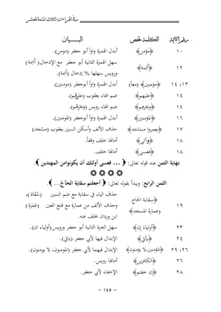 ‫ﰲ ﺍﻟﻘﺮﺍﺀﺍﺕ ﺍﻟﺜﻼﺙ ﺍﳌﺘﻤﺔ ﻟﻠﻌﺸﺮ‬
‫ﺭﻗﻢ ﺍﻵﻳﺔ‬

‫ﺍﻟﻜﻠﻤﺔ ﳊﻔﺺ‬

‫ﺍﻟﺒ ـ ـ ـ ـ ـ ـ ــﻴﺎﻥ‬

‫٢١‬

‫﴿أَﺋِﻤﺔ﴾‬

‫ﺳﻬﻞ اﳍﻤﺰة اﻟﺜﺎﻧﻴﺔ أﺑﻮ ﺟﻌﻔﺮ ﻣﻊ اﻹدﺧﺎل ) أَااِﻣﺔ (‬
‫وروﻳﺲ ﺳﻬﻠﻬﺎ ﺑﻼ إدﺧﺎل )أَاِﻣﺔ(.‬

‫٣١، ٤١‬

‫﴿ﻣﺆﻣﻨﲔ﴾ )ﻣﻌﺎً(‬
‫﴿ﻋﻠﻴﻬﻢ﴾‬
‫ِ‬
‫﴿وﳜﺰﻫﻢ﴾‬

‫ﺿﻢ اﳍﺎء ﻳﻌﻘﻮب ) ﻫﻢ(.‬
‫ﻋﻠﻲُ‬
‫ﺿﻢ اﳍﺎء روﻳﺲ )وﳜﺰﻫﻢ(.‬
‫ُِ‬

‫٧١‬

‫﴿ﻳﻌﻤﺮوا ﻣﺴﺎﺟﺪ﴾‬
‫َ‬

‫ﺣﺬف اﻷﻟﻒ وأﺳﻜﻦ اﻟﺴﲔ ﻳﻌﻘﻮب )ﻣﺴﺠﺪ(‬
‫ْ‬

‫٨١‬

‫﴿ﻓﻌﺴﻰ﴾‬

‫٠١‬

‫٤١‬
‫٤١‬
‫٦١‬
‫٨١‬

‫﴿ﻣﺆﻣﻦ﴾‬

‫﴿اﳌﺆﻣﻨﲔ﴾‬
‫﴿وأﺗﻰ﴾‬

‫أﺑﺪل اﳍﻤﺰة واواً أﺑﻮ ﺟﻌﻔﺮ )ﻣﻮﻣﻦ(.‬

‫أﺑﺪل اﳍﻤﺰة واواً أﺑﻮﺟﻌﻔﺮ )ﻣﻮﻣﻨﲔ(.‬

‫أﺑﺪل اﳍﻤﺰة واواً أﺑﻮﺟﻌﻔﺮ )اﳌﻮﻣﻨﲔ(.‬
‫أﻣﺎﳍﺎ ﺧﻠﻒ وﻗﻔﺎً.‬
‫أﻣﺎﳍﺎ ﺧﻠﻒ.‬

‫ﻧـﻬﺎﻳﺔ اﻟﺜﻤﻦ ﻋﻨﺪ ﻗﻮﻟﻪ ﺗﻌﺎﱃ: ‪ … ‬ﻓﻌﺴﻰ أوﻟﺌﻚ أن ﻳﻜﻮﻧﻮاﻣﻦ اﻟﻤﻬﺘﺪﻳﻦ ‪.‬‬
‫‪‬‬
‫اﻟﺜﻤﻦ اﻟﺮاﺑﻊ: وﻳﺒﺪأ ﺑﻘﻮﻟﻪ ﺗﻌﺎﱃ: ‪ ‬أﺟﻌﻠﺘﻢ ﺳﻘﺎﻳﺔ اﻟﺤﺂج... ‪.‬‬
‫ّ‬
‫٩١‬

‫ِ‬
‫﴿ﺳﻘﺎﻳﺔ اﳊﺎج‬
‫وﻋﻤﺎرة اﳌﺴﺠﺪ﴾‬

‫٣٢‬

‫﴿أوﻟﻴﺎءَ إِن﴾‬

‫٦٢، ٩٢‬
‫٦٢‬

‫﴿اﳌﺆﻣﻨﲔ،ﻻ ﻳﺆﻣﻨﻮن﴾‬

‫﴿اﻟﻜﺎﻓﺮﻳﻦ﴾‬

‫٨٢‬

‫﴿إن ﺧﻔﺘﻢ﴾‬

‫٤٢‬

‫﴿ﻳﺄﰐ﴾‬

‫ﺣﺬف اﻟﻴﺎء ﰲ ﺳﻘﺎﻳﺔ ﻣﻊ ﺿﻢ اﻟﺴﲔ‬

‫)ﺳﻘﺎة (،‬
‫َُ‬

‫وﺣﺬف اﻷﻟﻒ ﻣﻦ ﻋﻤﺎرة ﻣﻊ ﻓﺘﺢ اﻟﻌﲔ )ﻋﻤﺮة (‬
‫َ ََ‬
‫اﺑﻦ وردان ﲞﻠﻒ ﻋﻨﻪ.‬
‫ﺳﻬﻞ اﻟﻪﻣﺰة اﻟﺜﺎﻧﻴﺔ أﺑﻮ ﺟﻌﻔﺮ وروﻳﺲ )أوﻟﻴﺎء ان(.‬
‫اﻹﺑﺪال ﻓﻴﻬﺎ ﻷﰊ ﺟﻌﻔﺮ )ﻳﺎﰐ(.‬
‫اﻹﺑﺪال ﻓﻴﻬﻤﺎ ﻷﰊ ﺟﻌﻔﺮ )اﳌﻮﻣﻨﻮن، ﻻ ﻳﻮﻣﻨﻮن(.‬
‫أﻣﺎﳍﺎ روﻳﺲ.‬
‫اﻹﺧﻔﺎء ﻷﰊ ﺟﻌﻔﺮ.‬
‫≠ ‪≠ ±¥µ‬‬

 