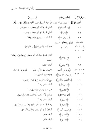 ‫ﰲ ﺍﻟﻘﺮﺍﺀﺍﺕ ﺍﻟﺜﻼﺙ ﺍﳌﺘﻤﺔ ﻟﻠﻌﺸﺮ‬
‫ﺭﻗﻢ ﺍﻵﻳﺔ‬

‫ﺍﻟﻜﻠﻤﺔ ﳊﻔﺺ‬

‫٣٩‬

‫﴿ﻳﺴﺘﺄذﻧﻮﻧﻚ﴾‬

‫٤٩‬

‫﴿ﻧﺆﻣﻦ﴾‬

‫٨٩، ٢٠١،‬
‫٣٠١، ٦٠١‬

‫)ﻛﻠﻪ(﴾‬

‫٥٩‬

‫﴿وﻣﺄواﻫﻢ﴾‬

‫٦٩‬

‫﴿ﻻ ﻳﺮﺿﻰ﴾‬

‫ﺍﻟﺒ ـ ـ ـ ـ ـ ـ ــﻴﺎﻥ‬

‫اﻟﺜﻤﻦ ‪ :‬وﻳﺒﺪأ ﺑﻘﻮﻟﻪ ﺗﻌﺎﱃ: ‪ ‬إﻧﻤﺎ اﻟﺴﺒﻴﻞ ﻋﻠﻰ اﻟﺬﻳﻦ ﻳﺴﺘﺄذﻧﻮﻧﻚ... ‪.‬‬
‫اﻷول‬

‫٤٩‬
‫﴿وﺳﲑى اﷲ﴾‬
‫ِ‬
‫٤٩، ٥٩، ﴿إﻟﻴﻬﻢ )ﻣﻌﺎً( ، ﻋﻠﻴﻬﻢ‬

‫٩٩، ٤٠١،‬
‫٥٠١، ٧٠١ واﳌﺆﻣﻨﻮن، اﳌﺆﻣﻨﲔ﴾‬

‫﴿ﻳﺆﻣﻦ، وﻳﺄﺧﺬ،‬

‫٠٠١‬

‫ِ‬
‫﴿واﻷﻧﺼﺎر واﻟﺬﻳﻦ﴾‬

‫٢٠١‬

‫﴿ﻋﺴﻰ اﷲ﴾‬
‫ﺗﺰ ِ‬
‫﴿و ﻛﻴﻬﻢ﴾‬

‫٣٠١‬
‫٣٠١‬

‫﴿إن ﺻﻼﺗَﻚ﴾‬

‫٦٠١‬
‫٧٠١‬

‫﴿ﻣﺮﺟﻮن﴾‬
‫ُْ َ‬

‫﴿واﻟﺬﻳﻦ اﲣﺬوا﴾‬

‫٧٠١‬

‫﴿اﻟـﺤﺴﲎ﴾‬
‫ُ‬

‫٥٠١‬

‫٨٠١‬

‫﴿ﻓﺴﲑى﴾‬

‫﴿اﻟﺘﻘﻮى﴾‬

‫أﺑﺪل اﳍﻤﺰة أﻟﻔﺎً أﺑﻮ ﺟﻌﻔﺮ )ﻳﺴﺘﺎذﻧﻮﻧﻚ(.‬

‫أﺑﺪل اﳍﻤﺰة واواً أﺑﻮ ﺟﻌﻔﺮ )ﻧﻮﻣﻦ(.‬

‫أﻣﺎل أﻟﻒ )ﺳﲑى( ﺧﻠﻒ وﻗﻔﺎً.‬

‫ﺿﻢ اﳍﺎء ﻳﻌﻘﻮب )إﻟﻴﻬﻢ، ﻋﻠﻴﻬﻢ(.‬
‫ُ‬
‫ُ‬
‫أﺑﺪل اﳍﻤﺰة ﻓﻴﻬﺎ أﻟﻔﺎً أﺑﻮ ﺟﻌﻔﺮ )وﻣﺎواﻫﻢ (، وأﻣﺎﳍﺎ‬
‫ﺧﻠﻒ.‬
‫أﻣﺎﳍﺎ ﺧﻠﻒ.‬
‫اﻹﺑﺪال ﻓﻴﻬﻦ ﻷﰊ ﺟﻌﻔﺮ‬

‫)ﻳﻮﻣﻦ، وﻳﺎ ﺧﺬ،‬

‫واﳌﻮﻣﻨﻮن، اﳌﻮﻣﻨﲔ(.‬
‫رﻓﻊ اﻟﺮاء ﻳﻌﻘﻮب )واﻷﻧﺼﺎر واﻟﺬﻳﻦ(.‬
‫ُ‬

‫أﻣﺎﳍﺎ ﺧﻠﻒ وﻗﻔﺎً.‬
‫ﺿﻢ اﳍﺎء ﻳﻌﻘﻮب )و ﻛﻴﻬﻢ(.‬
‫ﺗﺰ ُ‬

‫ﺑﺎﳉﻤﻊ ﻷﰊ ﺟﻌﻔﺮ وﻳﻌﻘﻮب )إن ﺻﻠﻮاﺗِﻚ(.‬

‫أﻣﺎﳍﺎ ﺧﻠﻒ وﻗﻔﺎً.‬
‫زاد ﳘﺰة ﻣﻀﻤﻮﻣﺔ ﻗﺒﻞ اﻟﻮاو ﻳﻌﻘﻮب )ﻣﺮﺟﺆون(.‬
‫ُْ َ ُ‬
‫أﺳﻘﻂ اﻟﻮاو أﺑﻮ ﺟﻌﻔﺮ )اﻟﺬﻳﻦ اﲣﺬوا(.‬

‫أﻣﺎﳍﺎ ﺧﻠﻒ.‬
‫أﻣﺎﳍﺎ ﺧﻠﻒ.‬
‫≠ ±‪≠ ±µ‬‬

 