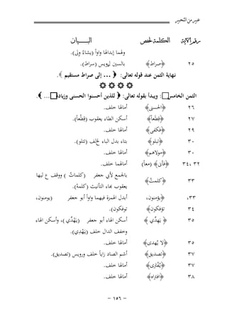 ‫ﻋﺒﲑ ﻣﻦ ﺍﻟﺘﺤﺒﲑ‬
‫ﺭﻗﻢ ﺍﻵﻳﺔ‬

‫ﺍﻟﻜﻠﻤﺔ ﳊﻔﺺ‬

‫٥٢‬

‫﴿ﺻﺮاط﴾‬

‫ﺍﻟﺒ ـ ـ ـ ـ ـ ـ ــﻴﺎﻥ‬

‫ِ‬
‫وﳍﻤﺎ إﺑﺪاﳍﺎ واواً )ﻳﺸﺎءُ وﱃ(.‬
‫ﺑﺎﻟﺴﲔ روﻳﺲ )ﺳﺮاط(.‬
‫ل‬

‫ﻧـﻬﺎﻳﺔ اﻟﺜﻤﻦ ﻋﻨﺪ ﻗﻮﻟﻪ ﺗﻌﺎﻟﻰ: ‪ … ‬إﻟﻰ ﺻﺮاط ﻣﺴﺘﻘﻴﻢ ‪.‬‬
‫‪‬‬
‫‪ :‬وﻳﺒﺪأ ﺑﻘﻮﻟﻪ ﺗﻌﺎﻟﻰ: ‪ ‬ﻟﻠﺬﻳﻦ أﺣﺴﻨﻮا اﻟﺤﺴﻨﻰ وز ‪. ...‬‬
‫ﻳﺎدة‬
‫اﻟﺜﻤﻦ اﻟﺨﺎﻣﺲ‬
‫٦٢‬
‫٧٢‬
‫٩٢‬
‫٠٣‬

‫﴿اﳊﺴﲎ﴾‬
‫﴿ﻗِﻄَﻌﺎً﴾‬
‫﴿ﻓﻜﻔﻰ﴾‬
‫﴿ﺗﺒﻠﻮ﴾‬

‫٠٣‬
‫٢٣ ،٤٣‬

‫﴿ﻣﻮﻻﻫﻢ﴾‬
‫﴿ﻓﺄﱏ﴾ )ﻣﻌﺎً(‬

‫٣٣‬

‫﴿ﻛﻠﻤﺖ﴾‬
‫ُ‬

‫٣٣،‬
‫٤٣‬
‫٥٣‬

‫﴿ﻳﺆﻣﻨﻮن،‬
‫ﺗﺆﻓﻜﻮن﴾‬
‫﴿ ﻳَﻬ ﱢي ﴾‬
‫ِﺪ‬

‫٥٣‬
‫٧٣‬
‫٧٣‬

‫﴿ﻻ ﻳُﻬﺪى﴾‬
‫﴿ﺗﺼﺪﻳﻖ﴾‬
‫﴿ﻳـُﻔﱰى﴾‬
‫َْ‬

‫٨٣‬

‫﴿اﻓﱰاﻩ﴾‬

‫أﻣﺎﳍﺎ ﺧﻠﻒ.‬

‫أﺳﻜﻦ اﻟﻄﺎء ﻳﻌﻘﻮب )ﻗِﻄْﻌﺎً(.‬
‫أﻣﺎﳍﺎ ﺧﻠﻒ.‬
‫ﺑﺘﺎء ﺑﺪل اﻟﺒﺎء ﱁﻟﻒ )ﺗﺘﻠﻮ(.‬
‫أﻣﺎﳍﺎ ﺧﻠﻒ.‬
‫أﻣﺎﳍﻤﺎ ﺧﻠﻒ.‬
‫ﺑﺎﳉﻤﻊ ﻷﰊ ﺟﻌﻔﺮ )ﻛﻠﻤﺎت ( ووﻗﻒ ع ﻟﻴﻬﺎ‬
‫ُ‬
‫ﻌﻘﻮب ﻬﺑﺎء اﻟﺘﺄﻧﻴﺚ )ﻛﻠﻤﻪ(.‬
‫ْ‬

‫)ﻳﻮﻣﻨﻮن،‬

‫أﺑﺪل اﳍﻤﺰة ﻓﻴﻬﻤﺎ واواً أﺑﻮ ﺟﻌﻔﺮ‬
‫ﺗﻮﻓﻜﻮن(.‬
‫أﺳﻜﻦ اﳍﺎء أﺑﻮ ﺟﻌﻔﺮ )ﻳـَﻬ ﱢي (، وأﺳﻜﻦ اﳍﺎء‬
‫ْﺪ‬
‫ِ‬
‫وﺧﻔﻒ اﻟﺪال ﺧﻠﻒ )ﻳـَﻬﺪي(.‬
‫ْ‬
‫أﻣﺎﳍﺎ ﺧﻠﻒ.‬
‫أﺷﻢ اﻟﺼﺎد زاﻳﺎً ﺧﻠﻒ وروﻳﺲ )ﺗﺼﺪﻳﻖ(.‬
‫أﻣﺎﳍﺎ ﺧﻠﻒ.‬
‫أﻣﺎﳍﺎ ﺧﻠﻒ.‬
‫≠ ∂‪≠ ±µ‬‬

 