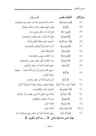 ‫ﻋﺒﲑ ﻣﻦ ﺍﻟﺘﺤﺒﲑ‬
‫ﺭﻗﻢ ﺍﻵﻳﺔ‬

‫ﺍﻟﻜﻠﻤﺔ ﳊﻔﺺ‬

‫٣٥‬
‫٦٥‬
‫٧٥‬
‫٧٥‬

‫﴿ورﰊ إﻧﻪ﴾‬
‫ْ‬
‫﴿ﺗـُﺮﺟﻌﻮن﴾‬
‫ْ‬
‫﴿ﻗﺪ ﺟﺎءﺗﻜﻢ﴾‬
‫ْ‬
‫﴿ﻟﻠﻤﺆﻣﻨﲔ﴾‬

‫٧٥‬
‫٨٥‬
‫٨٥‬

‫﴿وﻫﺪى﴾‬
‫ً‬
‫﴿ﻓﻠﻴﻔﺮﺣﻮا﴾‬
‫﴿ﳚﻤﻌﻮن﴾‬

‫ﻓﺘﺢ اﻟﻴﺎء أﺑﻮ ﺟﻌﻔﺮ )ورﰊ إﻧﻪ(.‬
‫َ‬
‫ﻓﺘﺢ اﻟﺘﺎء ﻛﺴﺮ اﳉﻴﻢ ﻳﻌﻘﻮب )ﺗَ ِ‬
‫ﺮﺟﻌﻮن(.‬
‫و‬
‫أدﻏﻤﻬﺎ ﺧﻠﻒ )ﻗﺠﺎءﺗﻜﻢ( وأﻣﺎﻟﻪا .‬
‫ﱠ‬
‫أﺑﺪل اﳍﻤﺰة واواً أﺑﻮﺟﻌﻔﺮ )ﻟﻠﻤﻮﻣﻨﲔ(.‬

‫٩٥‬

‫﴿أرأﻳﺘﻢ﴾‬

‫٩٥‬

‫﴿آﷲ﴾‬

‫١٦‬

‫﴿ﺷﺄْن﴾‬

‫ﺳﻬﻞ اﳍﻤﺰة اﻟﺜﺎﻧﻴﺔ أﺑﻮ ﺟﻌﻔﺮ )أراﻳﺘﻢ(.‬
‫ﺗﺴﻬﻞ ﳘﺰة اﻟﻮﺻﻞ أو ﺗﺒﺪل أﻟﻔﺎً ﻣﺸﺒﻌﺔ‬
‫)ﻟﻌﺎﻣﺔ اﻟﻘﺮاء(.‬
‫أﺑﺪل اﳍﻤﺰة أﻟﻔﺎً أﺑﻮ ﺟﻌﻔﺮ )ﺷﺎن(.‬

‫٣٥‬
‫٣٥‬

‫١٦‬
‫١٦‬
‫٢٦‬
‫٢٦‬
‫٤٦‬
‫٠٧،٤٦‬
‫٦٦‬

‫﴿وﻳﺴﺘﻨﺒﺌﻮﻧﻚ﴾‬
‫﴿هو﴾‬
‫َُ‬

‫ﺍﻟﺒ ـ ـ ـ ـ ـ ـ ــﻴﺎﻥ‬

‫ﺣﺬف اﳍﻤﺰة وﺿﻢ اﻟﺒﺎء أﺑﻮ ﺟﻌﻔﺮ )وﻳﺴﺘﻨﺒﻮﻧﻚ(.‬
‫ُ‬
‫ﻗﻒ ﻋﻠﻴﻬﺎ ﻳﻌﻘﻮب ﻬﺑﺎء اﻟﺴﻜﺖ )ﻫﻮﻩ(.‬
‫ْ‬

‫أﻣﺎﳍﺎ وﻗﻔﺎً ﺧﻠﻒ.‬
‫ﺑﺘﺎء اﳋﻄﺎب روﻳﺲ )ﻓﻠﺘﻔﺮﺣﻮا(.‬
‫ل‬
‫ﺑﺘﺎء اﳋﻄﺎب ﻷﰊ ﺟﻌﻔﺮ وروﻳﺲ )ﲡﻤﻌﻮن(.‬
‫وﺟﻬﺎن‬

‫﴿وﻻ أﺻﻐﺮ، وﻻ أﻛﱪ﴾ رﻓﻌﻬﻤﺎ ﻳﻌﻘﻮب وﺧﻠﻒ )وﻻ أﺻﻐﺮ،وﻻ أﻛﱪُ(.‬
‫َ‬
‫ُ‬
‫َ‬
‫أدﻏﻤﻬﺎ ﺧﻠﻒ )إِ‬
‫ﺗـﱡـﻔﻴﻀﻮن(.‬
‫﴿إذ ﺗﻔﻴﻀﻮن﴾‬
‫ْ‬
‫ﺑﻨﺎﻫﺎ ﻋﻠﻰ اﻟﻔﺘﺢ ﺑﻼ ﺗﻨﻮﻳﻦ ﻳﻌﻘﻮب )ﻻ ﺧﻮف(.‬
‫﴿ﻻ ﺧﻮف﴾‬
‫ٌ‬
‫َ‬
‫ِ‬
‫ﺿﻢ اﳍﺎء ﻳﻌﻘﻮب )ﻋﻠﻴﻬﻢ(.‬
‫﴿ﻋﻠﻴﻬﻢ﴾‬
‫ُ‬
‫﴿اﻟﺒﺸﺮى﴾‬
‫﴿اﻟﺪﻧﻴﺎ﴾ )ﻣﻌﺎً(‬
‫﴿ ﻛﺎءَ إِن﴾‬
‫ﺷﺮ‬

‫أﻣﺎﳍﺎ ﺧﻠﻒ.‬
‫أﻣﺎﳍﺎ ﺧﻠﻒ.‬
‫ﺳﻬﻞ اﳍﻤﺰة اﻟﺜﺎﻧﻴﺔ أﺑﻮ ﺟﻌﻔﺮ وروﻳﺲ) ﻛﺎءَ اِن(‬
‫ﺷﺮ‬

‫ﻧـﻬﺎﻳﺔ اﻟﺜﻤﻦ ﻋﻨﺪ ﻗﻮﻟﻪ ﺗﻌﺎﻟﻰ: ‪ … ‬ﺑﻤﺎ ﻛﺎﻧﻮا ﻳﻜﻔﺮون ‪.‬‬
‫≠ ∏‪≠ ±µ‬‬

 