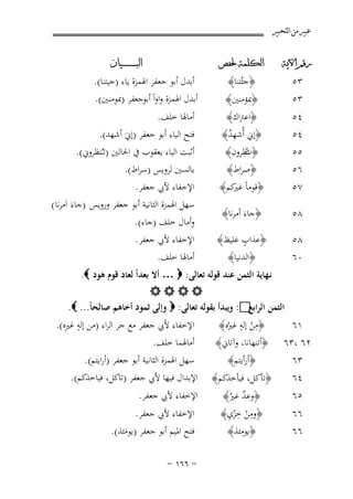 ‫ﻋﺒﲑ ﻣﻦ ﺍﻟﺘﺤﺒﲑ‬
‫ﺭﻗﻢ ﺍﻵﻳﺔ‬

‫ﺍﻟﻜﻠﻤﺔ ﳊﻔﺺ‬

‫﴿ﺟﺌﺘﻨﺎ﴾‬
‫ْ‬

‫ﺍﻟﺒ ـ ـ ـ ـ ـ ـ ــﻴﺎﻥ‬

‫أﺑﺪل أﺑﻮ ﺟﻌﻔﺮ اﳍﻤﺰة ﻳﺎء )ﺟﻴﺘﻨﺎ(.‬
‫أﺑﺪل اﳍﻤﺰة واواً أﺑﻮﺟﻌﻔﺮ )ﲟﻮﻣﻨﲔ(.‬

‫٣٥‬
‫٣٥‬

‫﴿ﲟﺆﻣﻨﲔ﴾‬

‫٤٥‬
‫٤٥‬
‫٥٥‬
‫٦٥‬

‫﴿اﻋﱰاك﴾‬
‫﴿إﱐ أُﺷﻬﺪ﴾‬
‫ُِ‬
‫تِ‬
‫﴿ ﻧﻈﺮون﴾‬
‫ُ‬
‫﴿ﺻﺮاط﴾‬

‫أﻣﺎﳍﺎ ﺧﻠﻒ.‬
‫ﻓﺘﺢ اﻟﻴﺎء أﺑﻮ ﺟﻌﻔﺮ )إﱐَ أﺷﻬﺪ(.‬
‫أﺛﺒﺖ اﻟﻴﺎء ﻳﻌﻘﻮب ﰲ اﳊﺎﻟﲔ )ﺗـُـﻨﻈﺮوﱐ(.‬
‫ﺑﺎﻟﺴﲔ ﻟﺮوﻳﺲ )ﺳﺮاط(.‬

‫٧٥‬

‫﴿ﻗﻮﻣﺎً ﻛﻢ﴾‬
‫ﻏﲑ‬

‫٨٥‬

‫﴿ﺟﺎءَ أﻣﺮﻧﺎ﴾‬

‫٨٥‬
‫٠٦‬

‫ٍ‬
‫﴿ﻋﺬاب ﻏﻠﻴﻆ﴾‬
‫﴿اﻟﺪﻧﻴﺎ﴾‬

‫اﻹﺧﻔﺎء ﻷﰊ ﺟﻌﻔﺮ.‬
‫ﺳﻬﻞ اﳍﻤﺰة اﻟﺜﺎﻧﻴﺔ أﺑﻮ ﺟﻌﻔﺮ وروﻳﺲ )ﺟﺎءَ اَﻣﺮﻧﺎ (‬
‫وأﻣﺎل ﺧﻠﻒ )ﺟﺎء(.‬
‫اﻹﺧﻔﺎء ﻷﰊ ﺟﻌﻔﺮ.‬
‫أﻣﺎﳍﺎ ﺧﻠﻒ.‬

‫ﻧـﻬﺎﻳﺔ اﻟﺜﻤﻦ ﻋﻨﺪ ﻗﻮﻟﻪ ﺗﻌﺎﻟﻰ: ‪ … ‬أﻻ ﺑﻌﺪاً ﻟﻌﺎد ﻗﻮم ﻫﻮد ‪.‬‬
‫‪‬‬
‫اﻟﺜﻤﻦ اﻟﺮ ‪ :‬وﻳﺒﺪأ ﺑﻘﻮﻟﻪ ﺗﻌﺎﻟﻰ: ‪ ‬وإﻟﻰ ﺛﻤﻮد أﺧﺎﻫﻢ ﺻﺎﻟﺤﺎً... ‪.‬‬
‫اﺑﻊ‬
‫ِ ٍ‬
‫ٍ ِ‬
‫اﻹﺧﻔﺎء ﻷﰊ ﺟﻌﻔﺮ ﻣﻊ ﺟﺮ اﻟﺮاء )ﻣﻦ إﻟﻪ ﻏﲑﻩ(.‬
‫﴿ﻣﻦ إﻟﻪ ﻏﲑُﻩ﴾‬
‫١٦‬
‫ْ‬
‫أﻣﺎﳍﻤﺎ ﺧﻠﻒ.‬
‫٢٦ ،٣٦ ﴿أﺗﻨﻬﺎﻧﺎ، وآﺗﺎﱐ﴾‬
‫٣٦‬
‫٤٦‬

‫﴿ﺗﺄﻛﻞ، ﻓﻴﺄﺧﺬﻛﻢ﴾‬

‫٦٦‬
‫٦٦‬

‫﴿وﻋﺪ ﻏﲑُ﴾‬
‫ٌ‬
‫ِ ْ ِْ ِ‬
‫﴿وﻣﻦ ﺧﺰي﴾‬
‫ِ‬
‫﴿ﻳﻮﻣﺌﺬ﴾‬

‫٥٦‬

‫﴿أرأﻳﺘﻢ﴾‬

‫ﺳﻬﻞ اﳍﻤﺰة اﻟﺜﺎﻧﻴﺔ أﺑﻮ ﺟﻌﻔﺮ )أراﻳﺘﻢ(.‬
‫اﻹﺑﺪال ﻓﻴﻬﺎ ﻷﰊ ﺟﻌﻔﺮ )ﺗﺎﻛﻞ، ﻓﻴﺎﺧﺬﻛﻢ(.‬
‫اﻹﺧﻔﺎء ﻷﰊ ﺟﻌﻔﺮ.‬
‫اﻹﺧﻔﺎء ﻷﰊ ﺟﻌﻔﺮ.‬
‫ﻓﺘﺢ اﳌﻴﻢ أﺑﻮ ﺟﻌﻔﺮ )ﻳﻮﻣﺌﺬ(.‬
‫َ‬
‫≠ ∂∂± ≠‬

 