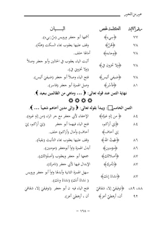 ‫ﻋﺒﲑ ﻣﻦ ﺍﻟﺘﺤﺒﲑ‬
‫ﺭﻗﻢ ﺍﻵﻳﺔ‬

‫ﺍﻟﻜﻠﻤﺔ ﳊﻔﺺ‬

‫٨٧‬

‫﴿وﺟﺎءﻩ﴾‬

‫٨٧‬

‫ِ‬
‫﴿وﻻ ﲣﺰون ﰲ﴾‬

‫٨٧‬

‫﴿ﺿﻴﻔﻲ أﻟﻴﺲ﴾‬
‫ِْ‬
‫﴿ﻓﺄﺳﺮ﴾‬

‫٦٨‬
‫٦٨‬

‫ﻗﻴﺖ اﷲ ﴾‬
‫﴿ب ُ‬

‫٧٨‬

‫﴿ﻣﺆﻣﻨﲔ﴾‬

‫٧٨‬

‫﴿أﺻﻼﺗـُﻚ﴾‬
‫﴿ﺗﺄﻣﺮك﴾‬

‫ﲨﻌﻬﺎ أﺑﻮ ﺟﻌﻔﺮ وﻳﻌﻘﻮب )أﺻﻠَﻮاﺗـُﻚ(.‬
‫َ‬

‫٧٨‬

‫﴿ﻧﺸﺎءُ إِﻧﻚ﴾‬

‫ﺳﻬﻞ اﳍﻤﺰة اﻟﺜﺎﻧﻴﺔ وأﺑﺪﳍﺎ واواً أﺑﻮ ﺟﻌﻔﺮ وروﻳﺲ‬
‫ِ‬
‫) ﻧﺸﺎءُ اُﻧﻚ( )ﻧﺸﺎءُ وﻧﻚ(.‬

‫٧٧‬
‫٨٧‬

‫١٨‬

‫ِ‬
‫﴿ﺳﻲء﴾‬
‫﴿ﻫﻦ﴾‬
‫ُﱠ‬

‫ﺍﻟﺒ ـ ـ ـ ـ ـ ـ ــﻴﺎﻥ‬

‫ِ‬
‫أﴰﻬﺎ أﺑﻮ ﺟﻌﻔﺮ وروﻳﺲ )س◌ـﻲء(.‬
‫ُ‬
‫ﻗﻒ ﻋﻠﻴﻬﺎ ﻳﻌﻘﻮب ﻬﺑﺎء اﻟﺴﻜﺖ )ﻫﻨﱠﻪ(.‬
‫ْ‬

‫أﻣﺎﳍﺎ ﺧﻠﻒ.‬

‫أﺛﺒﺖ اﻟﻴﺎء ﻳﻌﻘﻮب ﰲ اﳊﺎﻟﲔ وأﺑﻮ ﺟﻌﻔﺮ وﺻﻼً‬
‫)وﻻ ﲣﺰوﱐ ﰲ(.‬
‫ﻓﺘﺢ اﻟﻴﺎء وﺻﻼً أﺑﻮ ﺟﻌﻔﺮ )ﺿﻴﻔﻲ أﻟﻴﺲ(.‬
‫َ‬
‫وﺻﻞ اﳍﻤﺰة أﺑﻮ ﺟﻌﻔﺮ )ﻓﺎﺳﺮ(.‬

‫ﻧـﻬﺎﻳﺔ اﻟﺜﻤﻦ ﻋﻨﺪ ﻗﻮﻟﻪ ﺗﻌﺎﻟﻰ: ‪ … ‬وﻣﺎﻫﻲ ﻣﻦ اﻟﻈﺎﻟﻤﻴﻦ ﺑﺒﻌﻴﺪ ‪.‬‬
‫‪‬‬
‫‪ :‬وﻳﺒﺪأ ﺑﻘﻮﻟﻪ ﺗﻌﺎﻟﻰ: ‪ ‬وإﻟﻰ ﻣﺪﻳﻦ أﺧﺎﻫﻢ ﺷﻌﻴﺒﺎً … ‪.‬‬
‫اﻟﺜﻤﻦ اﻟﺨﺎﻣﺲ‬
‫ٍ‬
‫ٍ ِ‬
‫اﻹﺧﻔﺎء ﻷﰊ ﺟﻌﻔﺮ ﻣﻊ ﺟﺮ اﻟﺮاء )ﻣﻦ إﻟﻪ ﻏﲑﻩ(.‬
‫﴿ ﻣﻦ إﻟﻪ ﻏﲑُﻩ﴾‬
‫٤٨‬
‫ﻓﺘﺢ اﻟﻴﺎء ﻓﻴﻬﻤﺎ أﺑﻮ ﺟﻌﻔﺮ‬
‫﴿إﱐ أراﻛﻢ،‬
‫٤٨‬
‫)إﱐَ أراﻛﻢ، إﱐَ‬
‫أﺧﺎف( وأﻣﺎل )أراﻛﻢ( ﺧﻠﻒ.‬
‫إﱐ أﺧﺎف﴾‬

‫٨٨، ٩٨، ﴿ﺗﻮﻓﻴﻘﻲ إﻻ، ﺷﻘﺎﻗﻲ‬
‫ْ‬
‫ْ‬
‫٢٩‬
‫أن، أرﻫﻄﻲ أﻋﺰ﴾‬
‫ْ‬

‫ﻗﻒ ﻋﻠﻴﻬﺎ ﻳﻌﻘﻮب ﻬﺑﺎء اﻟﺘﺄﻧﻴﺚ )ﺑﻘﻴﻪ(.‬
‫ْ‬
‫أﺑﺪل اﳍﻤﺰة واواً أﺑﻮﺟﻌﻔﺮ )ﻣﻮﻣﻨﲔ(.‬
‫اﻹﺑﺪال ﻓﻴﻬﺎ ﻷﰊ ﺟﻌﻔﺮ )ﺗﺎﻣﺮك(.‬

‫ﻓﺘﺢ اﻟﻴﺎء ﻓﻴﻪ ن أﺑﻮ ﺟﻌﻔﺮ )ﺗﻮﻓﻴﻘﻲ إﻻ، ﺷﻘﺎﻗﻲ‬
‫َ‬
‫َ‬
‫أن ، أرﻫﻄﻲ أﻋﺰ(.‬
‫َ‬
‫≠ ∏∂± ≠‬

 