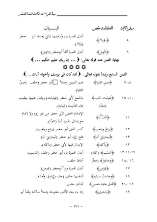 ‫ﰲ ﺍﻟﻘﺮﺍﺀﺍﺕ ﺍﻟﺜﻼﺙ ﺍﳌﺘﻤﺔ ﻟﻠﻌﺸﺮ‬
‫ﺭﻗﻢ ﺍﻵﻳﺔ‬

‫ﺍﻟﻜﻠﻤﺔ ﳊﻔﺺ‬

‫٥‬

‫﴿رؤﻳﺎك﴾‬

‫٦‬

‫﴿ﺗﺄوﻳﻞ﴾‬

‫ﺍﻟﺒ ـ ـ ـ ـ ـ ـ ــﻴﺎﻥ‬

‫أﺑﺪل اﳍﻤﺰة ﻳﺎء وأدﻏﻤﻬﺎ ﺑﺎﻟﱵ ﺑﻌﺪﻫﺎ أﺑﻮ‬
‫)رﻳﱠﺎك(.‬
‫ُ‬

‫ﺟﻌﻔﺮ‬

‫أﺑﺪل اﳍﻤﺰة أﻟﻔﺎً أﺑﻮﺟﻌﻔﺮ )ﺗﺎوﻳﻞ(.‬

‫ﻧـﻬﺎﻳﺔ اﻟﺜﻤﻦ ﻋﻨﺪ ﻗﻮﻟﻪ ﺗﻌﺎﻟﻰ: ‪ … ‬إن رﺑﻚ ﻋﻠﻴﻢ ﺣﻜﻴﻢ … ‪.‬‬
‫‪‬‬
‫اﻟﺜﻤﻦ اﻟﺴﺎﺑﻊ:وﻳﺒﺪأ ﺑﻘﻮﻟﻪ ﺗﻌﺎﻟﻰ: ‪ ‬ﻟﻘﺪ ﻛﺎن ﻓﻲ ﻳﻮﺳﻒ وأﺧﻮﺗﻪ آﻳﺎت... ‪.‬‬
‫ٍ‬
‫ﺿﻢ اﻟﺘﻨﻮﻳﻦ وﺻﻼً ‪‬أﺑﻮ ﺟﻌﻔﺮ وﺧﻠﻒ )ﻣﺒﲔ‬
‫﴿ﻣﺒﲔ اﻗﺘﻠﻮا﴾‬
‫٨، ٩‬
‫ٌ‬
‫٠١، ٥١‬

‫﴿ﻏﻴﺎﺑﺖ اﳉﺐ﴾‬
‫)ﻣﻌﺎً(‬

‫١١‬

‫﴿ﺗﺄﻣﻨّـ◊ـﺎ﴾‬

‫٢١‬

‫﴿ﻳﺮﺗﻊ وﻳﻠﻌﺐ﴾‬
‫ْ‬

‫اﻗﺘﻠﻮا(.‬
‫ﺑﺎﳉﻤﻊ ﻷﰊ ﺟﻌﻔﺮ )ﻏﻴﺎﺑﺎت( ووﻗﻒ ﻋﻠﻴﻬﺎ ﻳﻌﻘﻮب‬

‫ﺑﺎء اﻟﺘﺄﻧﻴﺚ )ﻏﻴﺎﺑﻪ(.‬
‫اﻹدﻏﺎم اﶈﺾ ﻷﰊ ﺟﻌﻔﺮ ﻣﻦ ﻏﲑ روم وﻻ إﴰﺎم‬
‫ﻣﻊ إﺑﺪال اﳍﻤﺰة أﻟﻔﺎً )ﺗﺎﻣﻨّﺎ(.‬
‫ﻛﺴﺮ اﻟﻌﲔ أﺑﻮ ﺟﻌﻔﺮ )ﻳﺮﺗﻊ وﻳﻠﻌﺐ(.‬
‫ِ‬

‫٣١‬
‫٣١‬

‫﴿ﻟﻴﺤﺰﻧﲏ أن﴾‬
‫ْ‬

‫٧١،٤١،٣١‬

‫﴿اﻟﺬﺋﺐ﴾ )ﻛﻠﻪ(‬

‫أﺑﺪل اﳍﻤﺰة ﻳﺎء أﺑﻮ ﺟﻌﻔﺮ وﺧﻠﻒ )اﻟﺬﻳﺐ(.‬

‫٦١ ،٨١‬
‫٧١‬

‫﴿وﺟﺎءوا﴾ )ﻣﻌﺎً(‬
‫﴿ﲟﺆﻣﻦ﴾‬

‫أﻣﺎﳍﺎ ﺧﻠﻒ.‬
‫أﺑﺪل اﳍﻤﺰة واواً أﺑﻮﺟﻌﻔﺮ )ﲟﻮﻣﻦ(.‬

‫﴿ﻳﺄﻛﻠﻪ﴾‬

‫﴿وﺟﺎءت ﺳﻴﺎرة﴾‬
‫٩١‬
‫ْ‬
‫٩١ ،١٢ ﴿ أدﱃ،ﻣﺜﻮاﻩ،ﻋﺴﻰ ﴾‬
‫ف‬
‫﴿ﻳﺎﺑﺸﺮى﴾‬
‫٩١‬

‫ﻓﺘﺢ اﱄاء أﺑﻮ ﺟﻌﻔﺮ )ﻟﻴﺤﺰﻧﲏ أن(.‬
‫َ‬
‫اﻹﺑﺪال ﻓﻴﻬﺎ ﻷﰊ ﺟﻌﻔﺮ )ﻳﺎﻛﻠﻪ(.‬

‫أدﻏﻤﻬﺎ ﺧﻠﻒ )ﺟﺎء سﻳﺎرة(، وأﻣﺎﻟﻪا .‬
‫ﱠ‬

‫أﻣﺎﻟﻪن ﺧﻠﻒ.‬
‫زاد ﻳﺎء ﺑﻌﺪ اﻷﻟﻒ ﻣﻔﺘﻮﺣﺔ وﺻﻼً ﺳﺎﻛﻨﺔ وﻗﻔﺎً أﺑﻮ‬
‫≠ ±∑± ≠‬

 