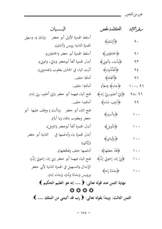 ‫ﻋﺒﲑ ﻣﻦ ﺍﻟﺘﺤﺒﲑ‬
‫ﺭﻗﻢ ﺍﻵﻳﺔ‬

‫ﺍﻟﻜﻠﻤﺔ ﳊﻔﺺ‬

‫٠٩‬

‫﴿أإِﻧﻚ﴾‬

‫١٩‬
‫٣٩‬

‫ِ‬
‫﴿اﳋﺎﻃﺌِﲔ﴾‬
‫﴿ﻳﺄت، وأﺗﻮﱐ﴾‬
‫﴿ﺗـُﻔﻨﱢﺪون﴾‬
‫َُ‬
‫﴿أﻟﻘﺎﻩ﴾‬

‫٤٩‬
‫٦٩‬

‫٦٩ ،٠٠١ ﴿ﺟﺎء﴾ )ﻣﻌﺎً(‬
‫٦٩ ،٨٩ ﴿إﱐ أﻋﻠﻢ،رﰊ إﻧﻪ﴾‬
‫ْ‬
‫ْ‬
‫‪B‬‬
‫٤٤‬

‫٩٩‬

‫﴿آوى، ﺷﺎء﴾‬

‫٠٠١‬

‫ِ‬
‫﴿ﻳﺎأﺑﺖ﴾‬

‫٠٠١‬

‫﴿ﺗﺄوﻳﻞ﴾‬

‫٠٠١‬

‫﴿رؤﻳﺎي﴾‬
‫ْ‬

‫٠٠١‬
‫٠٠١‬

‫﴿ﻗﺪ ﺟﻌﻠﻬﺎ﴾‬
‫ْ‬
‫ﱠ‬
‫﴿ﰊ إذ، إﺧﻮﰐ إن ﴾‬
‫ْ‬

‫٠٠١‬

‫﴿ﻳﺸﺎءُ إِﻧﻪ﴾‬

‫ﺍﻟﺒ ـ ـ ـ ـ ـ ـ ــﻴﺎﻥ‬

‫)إﻧﻚ (، وﺳﻬﻞ‬

‫أﺳﻘﻂ اﳍﻤﺰة اﻷوﱃ أﺑﻮ ﺟﻌﻔﺮ‬
‫اﳍﻤﺰة اﻟﺜﺎﻧﻴﺔ روﻳﺲ )أاِﻧﻚ(.‬
‫ِ‬
‫أﺳﻘﻂ اﳍﻤﺰة أﺑﻮ ﺟﻌﻔﺮ )اﳋﺎﻃﲔ(.‬

‫أﺑﺪل اﳍﻤﺰة أﻟﻔﺎً أﺑﻮﺟﻌﻔﺮ )ﻳﺎﰐ، واﺗﻮﱐ(.‬

‫أﺛﺒﺖ اﻟﻴﺎء ﰲ اﳊﺎﻟﲔ ﻳﻌﻘﻮب )ﺗﻔﻨﺪوﱐ(.‬
‫أﻣﺎﳍﺎ ﺧﻠﻒ.‬
‫أﻣﺎﻟﻪم ا ﺧﻠﻒ .‬
‫ﻓﺘﺢ اﻟﻴﺎء ﻓﻴﻬﻤﺎ أﺑﻮ ﺟﻌﻔﺮ )إﱐَ أﻋﻠﻢ، رﰊ إﻧﻪ(.‬
‫َ‬

‫أﻣﺎﳍﻤﺎ ﺧﻠﻒ.‬

‫ﻓﺘﺢ اﻟﺘﺎء أﺑﻮ ﺟﻌﻔﺮ )ﻳﺎأﺑﺖ ( ووﻗﻒ ﻋﻠﻴﻬﺎ أﺑﻮ‬
‫َ‬
‫ﺟﻌﻔﺮ وﻳﻌﻘﻮب ﺑﺎﳍﺎء )ﻳﺎ أﺑﻪ(.‬
‫ْ‬
‫أﺑﺪل اﳍﻤﺰة أﻟﻔﺎً أﺑﻮﺟﻌﻔﺮ )ﺗﺎوﻳﻞ(.‬
‫اﻟﺜﺎﻧﻴﺔ أﺑﻮ ﺟﻌﻔﺮ‬

‫أﺑﺪل اﳍﻤﺰة ﻳﺎء وأدﻏﻤﻬﺎ ﰲ‬
‫)رﻳﱠﺎي(‬
‫ُ‬
‫أدﻏﻤﻬﺎ ﺧﻠﻒ )ﻗﺠﻌﻠﻬﺎ(.‬
‫ﱠ‬
‫ﱠ‬
‫ﻓﺘﺢ اﻟﻴﺎء ﻓﻴﻬﻤﺎ أﺑﻮ ﺟﻌﻔﺮ )ﰊ إذ، إﺧﻮﰐَ إن(.‬
‫َ‬
‫اﻹﺑﺪال واﻟﺘﺴﻬﻴﻞ ﰲ اﳍﻤﺰة اﻟﺜﺎﻧﻴﺔ ﻷﰊ ﺟﻌﻔﺮ‬
‫ِ‬
‫وروﻳﺲ )ﻳﺸﺎءُ وﻧّﻪ(، )ﻳﺸﺎء اِﻧﻪ(.‬

‫ﻧـﻬﺎﻳﺔ اﻟﺜﻤﻦ ﻋﻨﺪ ﻗﻮﻟﻪ ﺗﻌﺎﻟﻰ: ‪ … ‬إﻧﻪ ﻫﻮ اﻟﻌﻠﻴﻢ اﻟﺤﻜﻴﻢ ‪.‬‬
‫‪‬‬
‫اﻟﺜﻤﻦ اﻟﺜﺎﻟﺚ: وﻳﺒﺪأ ﺑﻘﻮﻟﻪ ﺗﻌﺎﻟﻰ: ‪ ‬رب ﻗﺪ آﺗﻴﺘﻨﻲ ﻣﻦ اﻟﻤﻠﻚ … ‪.‬‬
‫≠ ∏∑± ≠‬

 