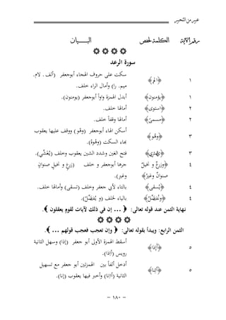 ‫ﻋﺒﲑ ﻣﻦ ﺍﻟﺘﺤﺒﲑ‬
‫ﺭﻗﻢ ﺍﻵﻳﺔ‬

‫ﺍﻟﻜﻠﻤﺔ ﳊﻔﺺ‬

‫١‬

‫﴿اﱂر﴾‬

‫١‬
‫٢‬
‫٢‬

‫﴿ﻳﺆﻣﻨﻮن﴾‬
‫﴿اﺳﺘﻮى﴾‬
‫﴿ﻣﺴﻤﻰ﴾‬
‫ً‬

‫٣‬

‫﴿وﻫﻮ﴾‬
‫ُ‬

‫٣‬
‫٤‬

‫﴿ي ِي﴾‬
‫ﻏﺶ‬
‫ُ‬
‫﴿وزر ٌ و ﳔﻴﻞ‬
‫ع‬
‫ٌ‬

‫‪‬‬

‫ﺍﻟﺒ ـ ـ ـ ـ ـ ـ ــﻴﺎﻥ‬

‫ﺳﻮرة اﻟﺮﻋﺪ‬

‫ﺻﻨﻮان وﻏﲑُ﴾‬
‫ٌ‬
‫﴿ﻳُﺴﻘﻰ﴾‬
‫﴿وﻧُ ﺿﻞ﴾‬
‫َ‬
‫ﻒﱢ ُ‬

‫ﺳﻜﺖ ﻋﻠﻰ ﺣﺮوف اﳍﺠﺎء أﺑﻮﺟﻌﻔﺮ )أﻟﻒ . ﻻم.‬
‫ﻣﻴﻢ. را( وأﻣﺎل اﻟﺮاء ﺧﻠﻒ.‬
‫أﺑﺪل اﳍﻤﺰة واواً أﺑﻮﺟﻌﻔﺮ )ﻳﻮﻣﻨﻮن(.‬
‫أﻣﺎﳍﺎ ﺧﻠﻒ.‬
‫أﻣﺎﳍﺎ وﻗﻔﺎً ﺧﻠﻒ.‬
‫أﺳﻜﻦ اﳍﺎء أﺑﻮﺟﻌﻔﺮ )وﻫﻮ ( ووﻗﻒ ﻋﻠﻴﻬﺎ ﻳﻌﻘﻮب‬
‫ْ‬
‫ﺑﺎء اﻟﺴﻜﺖ )وﻫﻮﻩ(.‬
‫ْ ْ‬
‫ﻓﺘﺢ اﻟﻐﲔ وﺷﺪد اﻟﺸﲔ ﻳﻌﻘﻮب وﺧﻠﻒ )ﻳـُﻐَ ﱢﻲ(.‬
‫ﺸ‬
‫ٍ‬
‫ٍ‬
‫ﺟﺮﻫﺎ أﺑﻮﺟﻌﻔﺮ و ﺧﻠﻒ ) ع و ﳔﻴﻞ ﺻﻨﻮان‬
‫زرٍ‬
‫ِ‬
‫وﻏﲑ(.‬

‫ﺑﺎﻟﺘﺎء ﻷﰊ ﺟﻌﻔﺮ وﺧﻠﻒ )ﺗﺴﻘﻰ( وأﻣﺎﳍﺎ ﺧﻠﻒ.‬
‫٤‬
‫ﺑﺎﻟﻴﺎء ﳋﻠﻒ )و ﻳُ ﺿﻞ(.‬
‫٤‬
‫َ‬
‫ﻒﱢ ُ‬
‫ٍ‬
‫ﻧـﻬﺎﻳﺔ اﻟﺜﻤﻦ ﻋﻨﺪ ﻗﻮﻟﻪ ﺗﻌﺎﻟﻰ: ‪ … ‬إن ﻓﻲ ذﻟﻚ ﻵﻳﺎت ﻟﻘﻮم ﻳﻌﻘﻠﻮن ‪.‬‬
‫‪‬‬
‫اﻟﺜﻤﻦ اﻟﺮاﺑﻊ: وﻳﺒﺪأ ﺑﻘﻮﻟﻪ ﺗﻌﺎﻟﻰ: ‪ ‬وإن ﺗﻌﺠﺐ ﻓﻌﺠﺐ ﻗﻮﻟﻬﻢ … ‪.‬‬
‫٥‬

‫﴿أَإذا﴾‬

‫٥‬

‫﴿أﺋِﻨﺎ﴾‬

‫أﺳﻘﻂ اﳍﻤﺰة اﻷوﱃ أﺑﻮ ﺟﻌﻔﺮ )إذا( وﺳﻬﻞ اﻟﺜﺎﻧﻴﺔ‬
‫روﻳﺲ )أاِذا(.‬

‫أدﺧﻞ أﻟﻔﺎً ﺑﲔ اﳍﻤﺰﺗﲔ أﺑﻮ ﺟﻌﻔﺮ ﻣﻊ ﺗﺴﻬﻴﻞ‬
‫اﻟﺜﺎﻧﻴﺔ )أااِﻧﺎ( وأﺧﱪ ﻓﻴﻬﺎ ﻳﻌﻘﻮب )إﻧﺎ(.‬
‫≠ ∞∏± ≠‬

 