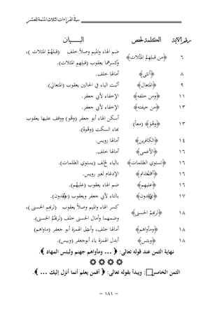 ‫ﰲ ﺍﻟﻘﺮﺍﺀﺍﺕ ﺍﻟﺜﻼﺙ ﺍﳌﺘﻤﺔ ﻟﻠﻌﺸﺮ‬
‫ﺭﻗﻢ ﺍﻵﻳﺔ‬

‫٦‬

‫ﺍﻟﻜﻠﻤﺔ ﳊﻔﺺ‬

‫ﺿﻢ اﳍﺎء واﳌﻴﻢ وﺻﻼً ﺧﻠﻒ )ﻗﺒﻠﻬﻢ اﳌﺜﻼت (،‬
‫ُُ‬
‫ِِ‬
‫ُ‬
‫﴿ﻣﻦ ﻗﺒـﻠﻬﻢ اﳌَﺜُﻼت﴾ ﻛﺴﺮﳘﺎ ﻳﻌﻘﻮب )ﻗﺒﻠِ‬
‫ِِ‬
‫ﻬﻢ اﳌﺜﻼت(.‬
‫و‬

‫٨‬
‫٩‬
‫١١‬
‫٣١‬

‫﴿أﻧﺜﻰ﴾‬
‫﴿اﳌﺘﻌﺎل﴾‬
‫﴿وﻣﻦ ﺧﻠﻔﻪ﴾‬
‫﴿ﻣﻦ ﺧﻴﻔﺘﻪ﴾‬

‫٣١‬

‫﴿وﻫﻮ﴾ )ﻣﻌﺎً(‬
‫َُ‬

‫٤١‬

‫﴿اﻟﻜﺎﻓﺮﻳﻦ﴾‬

‫٦١‬
‫٦١‬
‫٦١‬
‫٦١‬

‫﴿اﻷﻋﻤﻰ﴾‬
‫﴿ﺗﺴﺘﻮي اﻟﻈﻠﻤﺎت﴾‬
‫﴿ اﲣﺬﰎ ﴾‬
‫أف‬
‫ِ‬
‫﴿ﻋﻠﻴﻬﻢ﴾‬
‫﴿ وﻗِﺪون﴾‬
‫ي‬
‫ُ‬

‫٨١‬

‫ِ‬
‫﴿ﺮﻬﺑِﻢ اﳊﺴﲎ﴾‬
‫ُ‬

‫٨١‬
‫٨١‬

‫﴿وﻣﺄواﻫﻢ﴾‬

‫٧١‬

‫ﺍﻟﺒ ـ ـ ـ ـ ـ ـ ــﻴﺎﻥ‬

‫﴿وﺑﺌﺲ﴾‬

‫أﻣﺎﳍﺎ ﺧﻠﻒ.‬
‫أﺛﺒﺖ اﻟﻴﺎء ﰲ اﳊﺎﻟﲔ ﻳﻌﻘﻮب )اﳌﺘﻌﺎﱄ(.‬
‫اﻹﺧﻔﺎء ﻷﰊ ﺟﻌﻔﺮ.‬
‫اﻹﺧﻔﺎء ﻷﰊ ﺟﻌﻔﺮ.‬

‫أﺳﻜﻦ اﳍﺎء أﺑﻮ ﺟﻌﻔﺮ )وﻫﻮ( ووﻗﻒ ﻋﻠﻴﻬﺎ ﻳﻌﻘﻮب‬
‫ْ‬
‫ﺑﺎء اﻟﺴﻜﺖ )وﻫﻮﻩ(.‬
‫ُْ‬
‫أﻣﺎﳍﺎ روﻳﺲ.‬
‫أﻣﺎﳍﺎ ﺧﻠﻒ.‬
‫ﺑﺎﻟﻴﺎء ﱁﻟﻒ )ﻳﺴﺘﻮي اﻟﻈﻠﻤﺎت(.‬
‫اﻹدﻏﺎم ﻟﻐﲑ روﻳﺲ.‬
‫ﺿﻢ اﳍﺎء ﻳﻌﻘﻮب )ﻋﻠﻴﻬﻢ(.‬
‫ُ‬
‫ﺑﺎﻟﺘﺎء ﻷﰊ ﺟﻌﻔﺮ وﻳﻌﻘﻮب ) وﻗِﺪون(.‬
‫ت‬
‫ُ‬
‫ِ‬
‫ﻛﺴﺮ اﳍﺎء واﳌﻴﻢ وﺻﻼً ﻳﻌﻘﻮب )ﺮﻬﺑِﻢ اﳊﺴﲎ (،‬
‫وﺿﻤﻬﻤﺎ وأﻣﺎل اﳊﺴﲎ ﺧﻠﻒ )ﺮﻬﺑُﻢ اﳊﺴﲎ(.‬
‫ُ‬
‫أﻣﺎﳍﺎ ﺧﻠﻒ، و دل اﳍﻤﺰة أﺑﻮ ﺟﻌﻔﺮ )ﻣﺎواﻫﻢ(‬
‫أب‬
‫أﺑﺪل اﳍﻤﺰة ﻳﺎء أﺑﻮﺟﻌﻔﺮ )وﺑﻴﺲ(.‬

‫ﻧـﻬﺎﻳﺔ اﻟﺜﻤﻦ ﻋﻨﺪ ﻗﻮﻟﻪ ﺗﻌﺎﻟﻰ: ‪ … ‬وﻣﺄواﻫﻢ ﺟﻬﻨﻢ وﻟﺒﺌﺲ اﻟﻤﻬﺎد ‪.‬‬
‫‪‬‬
‫‪ :‬وﻳﺒﺪأ ﺑﻘﻮﻟﻪ ﺗﻌﺎﻟﻰ: ‪ ‬أﻓﻤﻦ ﻳﻌﻠﻢ أﻧﻤﺎ أﻧﺰل إﻟﻴﻚ … ‪.‬‬
‫اﻟﺜﻤﻦ اﻟﺨﺎﻣﺲ‬
‫≠ ±∏± ≠‬

 