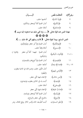 ‫ﻋﺒﲑ ﻣﻦ ﺍﻟﺘﺤﺒﲑ‬
‫ﺭﻗﻢ ﺍﻵﻳﺔ‬

‫ﺍﻟﻜﻠﻤﺔ ﳊﻔﺺ‬

‫﴿وإذ ﺗﺄذن﴾‬
‫ْ‬

‫٧‬
‫٩‬

‫﴿ﻳﺄﺗﻜﻢ﴾‬

‫٩‬

‫﴿ﺎءﻬﺗﻢ﴾‬

‫ﺍﻟﺒ ـ ـ ـ ـ ـ ـ ــﻴﺎﻥ‬

‫أدﻏﻤﻬﺎ ﺧﻠﻒ.‬
‫أﺑﺪل اﳍﻤﺰة أﻟﻔﺎً أﺑﻮﺟﻌﻔﺮ )ﻳﺎﺗﻜﻢ(.‬

‫أﻣﺎﳍﺎ ﺧﻠﻒ.‬

‫ﻧـﻬﺎﻳﺔ اﻟﺜﻤﻦ ﻋﻨﺪ ﻗﻮﻟﻪ ﺗﻌﺎﻟﻰ: ‪ … ‬وإﻧﺎ ﻟﻔﻲ ﺷﻚ ﻣﻤﺎ ﺗﺪﻋﻮﻧﻨﺎ إﻟﻴﻪ ﻣﺮﻳﺐ ‪.‬‬
‫‪‬‬
‫اﻟﺜﻤﻦ اﻟﺴﺎﺑﻊ: وﻳﺒﺪأ ﺑﻘﻮﻟﻪ ﺗﻌﺎﻟﻰ: ‪ ‬ﻗﺎﻟﺖ رﺳﻠﻬﻢ أﻓﻲ اﷲ ﺷﻚ … ‪.‬‬
‫أﺑﺪل اﳍﻤﺰة واواً أﺑﻮ ﺟﻌﻔﺮ )وﻳـُﻮﺧﻛﻢ(.‬
‫َِﺮ‬
‫﴿وﻳﺆﺧﻛﻢ﴾‬
‫ﱢﺮ‬
‫٠١‬
‫َ‬
‫َ‬
‫أﻣﺎﳍﺎ وﻗﻔﺎً ﺧﻠﻒ.‬
‫﴿ﻣﺴﻤﻰ﴾‬
‫٠١‬
‫ً‬
‫أﺑﺪل اﳍﻤﺰة ﻓﻴﻬﻤﺎ أﻟﻔﺎً أﺑﻮ ﺟﻌﻔﺮ )ﻓﺎﺗﻮﻧﺎ (‬
‫٠١،١١ ﴿ﻓﺄﺗﻮﻧﺎ، ﻧﺄﺗﻴﻜﻢ﴾‬
‫)ﻧﺎﺗﻴﻜﻢ(.‬
‫أﺑﺪل اﳍﻤﺰة واواً أﺑﻮجﻋﻔﺮ )اﳌﻮﻣﻨﻮن(.‬
‫١١‬
‫﴿اﳌﺆﻣﻨﻮن﴾‬

‫٢١ ،١٢‬

‫﴿ﻫﺪاﻧﺎ﴾ )ﻣﻌﺎً(‬

‫٣١‬

‫ِ‬
‫﴿ﻓﺄَوﺣﻰ إﻟﻴﻬﻢ﴾‬

‫٤١‬
‫٤١‬

‫﴿ﻟـﻤﻦ ﺧﺎف﴾‬
‫﴿وﻋﻴﺪ﴾‬

‫٦١‬
‫٧١‬
‫٧١‬

‫﴿وﻳﺴﻘﻰ﴾‬
‫﴿ﻋﺬاب ﻏﻠﻴﻆ﴾‬
‫ٌ‬
‫﴿وﻳﺄﺗﻴﻪ﴾‬

‫٨١‬
‫٩١‬

‫﴿اﻟﺮﻳﺢ﴾‬
‫ِ‬
‫﴿ﺧﻠَﻖ اﻟﺴﻤﺎوات‬

‫أﻣﺎﻟﻪم ا ﺧﻠﻒ .‬

‫أﻣﺎل اﻷوﱃ ﺧﻠﻒ، وﺿﻢ اﳍﺎء ﰲ اﻟﺜﺎﻧﻴﺔ ﻳﻌﻘﻮب‬
‫)إﻟﻴﻬﻢ(‬
‫ُ‬
‫اﻹﺧﻔﺎء ﻓﻴﻬﺎ ﻷﰊ ﺟﻌﻔﺮ.‬
‫أﺛﺒﺖ ﻳﺎء ﰲ اﳊﺎﻟﲔ ﻳﻌﻘﻮب )وﻋﻴﺪي(.‬
‫أﻣﺎﳍﺎ ﺧﻠﻒ.‬
‫اﻹﺧﻔﺎء ﻓﻴﻬﺎ ﻷﰊ ﺟﻌﻔﺮ‬
‫أﺑﺪل اﳍﻤﺰة أﻟﻔﺎً أﺑﻮﺟﻌﻔﺮ )وﻳﺎﺗﻴﻪ(.‬

‫ﺑﺎﳉﻤﻊ ﻷﰊ ﺟﻌﻔﺮ )اﻟﺮﻳﺎح(.‬
‫أﺛﺒﺖ أﻟﻒﺑﻌﺪ اﳋﺎء ﻛﺴﺮ اﻟﻼم ورﻓﻊ اﻟﻘﺎف وﺟﺮ‬
‫و‬
‫اً‬
‫≠ ¥∏± ≠‬

 