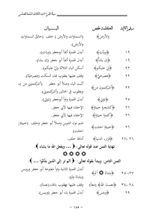 ‫ﰲ ﺍﻟﻘﺮﺍﺀﺍﺕ ﺍﻟﺜﻼﺙ ﺍﳌﺘﻤﺔ ﻟﻠﻌﺸﺮ‬
‫ﺭﻗﻢ ﺍﻵﻳﺔ‬

‫ﺍﻟﻜﻠﻤﺔ ﳊﻔﺺ‬

‫٩١‬

‫﴿وﻳﺄت﴾‬
‫﴿إن ﻳﺸﺄْ﴾‬

‫واﻷرض﴾‬
‫َ‬

‫٩١‬
‫٢٢‬
‫٢٢‬

‫﴿ﱄ ﻋﻠﻴﻜﻢ﴾‬
‫َ‬
‫﴿ﲟﺼﺮﺧﻲ﴾‬
‫ﱠ‬

‫٢٢‬

‫أﺷﺮ ِ‬
‫﴿ ﻛﺘﻤﻮن ﻣﻦ﴾‬

‫٥٢‬

‫﴿ﺗﺆﰐ﴾‬
‫ٍ ٍ‬
‫﴿ﻛﺸﺠﺮة ﺧﺒﻴﺜﺔ﴾‬
‫ٍ ٍ‬
‫﴿ﻛﻠﻤﺔ ﺧﺒﻴﺜﺔ﴾‬

‫٦٢‬

‫ٍ‬
‫﴿ﺧﺒﻴﺜﺔ اﺟﺘﺜﺖ﴾‬

‫٦٢ ،٧٢‬

‫﴿ﻗﺮار، اﻟﺪﻧﻴﺎ﴾‬

‫٦٢‬
‫٦٢‬

‫ﺍﻟﺒ ـ ـ ـ ـ ـ ـ ــﻴﺎﻥ‬

‫ِ‬
‫)اﻟﺴﻤﺎوات واﻷرض ( ﺧﻠﻒ )ﺧﺎﻟِﻖ اﻟﺴﻤﺎوات‬
‫ُ‬
‫ِ‬
‫واﻷرض(.‬
‫أﺑﺪل اﳍﻤﺰة أﻟﻔﺎً أﺑﻮﺟﻌﻔﺮ )وﻳﺎت(.‬

‫أﺑﺪل اﳍﻤﺰة أﻟﻔﺎً أﺑﻮ ﺟﻌﻔﺮ )إن ﻳﺸﺎ(.‬
‫أﺳﻜﻦ اﻟﻴﺎء اﻟﺜﻼﺛﺔ )ﱄ ﻋﻠﻴﻜﻢ(.‬
‫ْ‬
‫ﻗﻒ ﻋﻠﻴﻬﺎ ﻳﻌﻘﻮب ﻬﺑﺎء اﻟﺴﻜﺖ )ﲟﺼﺮﺧﻴّﻪ(.‬
‫ْ‬

‫أﺛﺒﺖ اﻟﻴﺎء وﺻﻼً أﺑﻮ ﺟﻌﻔﺮ ) ﻛﺘﻤﻮﱐ ﻣﻦ (،‬
‫أﺷﺮ‬
‫وﻳﻌﻘﻮب ﰲ اﳊﺎﻟﲔ ) ﻛﺘﻤﻮﱐ(.‬
‫أﺷﺮ‬
‫أﺑﺪل اﳍﻤﺰة واواً أﺑﻮﺟﻌﻔﺮ )ﺗﻮﰐ(.‬

‫اﻹﺧﻔﺎء ﻓﻴﻬﺎ ﻷﰊ ﺟﻌﻔﺮ.‬
‫اﻹﺧﻔﺎء ﻓﻴﻬﺎ ﻷﰊ ﺟﻌﻔﺮ.‬
‫ِ‬
‫ﻼ‬
‫ﺿﻢ ﻧﻮن اﻟﺘﻨﻮﻳﻦ وﺻ ً أﺑﻮ ﺟﻌﻔﺮ وﺧﻠﻒ )ﺧﺒﻴﺜﺔ ن‬
‫ُ‬

‫اﺟﺘﺜﺖ(‬
‫أﻣﺎﳍﺎ ﺧﻠﻒ.‬

‫ـﻬﺎﻳﺔ اﻟﺜﻤﻦ ﻋﻨﺪ ﻗﻮﻟﻪ ﺗﻌﺎﻟﻰ: ‪ … ‬وﻳﻔﻌﻞ اﷲ ﻣﺎ ﻳﺸﺎء ‪.‬‬
‫ن‬
‫‪‬‬
‫ﱠ‬
‫اﻟﺜﻤﻦ اﻟﺜﺎﻣﻦ: وﻳﺒﺪأ ﺑﻘﻮﻟﻪ ﺗﻌﺎﻟﻰ: ‪ ‬أﻟﻢ ﺗﺮ إﻟﻰ اﻟﺬﻳﻦ ﺑَﺪﻟـُﻮا … ‪.‬‬
‫٧٢، ٨٢‬

‫﴿ﻳﺸﺎءُ ‪ ‬أﱂ﴾‬

‫٨٢ ،٤٣ ﴿ﻧﻌﻤﺖ اﷲ﴾ )ﻣﻌﺎً(‬
‫َ‬
‫﴿وﺑﺌﺲ﴾‬
‫٩٢‬

‫أﺑﺪل اﳍﻤﺰة اﻟﺜﺎﻧﻴﺔ واواً ﻣﻔﺘﻮﺣﺔ أﺑﻮ ﺟﻌﻔﺮ وروﻳﺲ‬
‫)ﻳﺸﺎءُ وﱂ(.‬
‫َ‬

‫وﻗﻒ ﻋﻠﻴﻬﺎ ﻋﻘﻮب ﺑﺎﳍﺎء )ﻧﻌﻤﻪ(.‬
‫ي‬
‫ْ‬
‫أﺑﺪل اﳍﻤﺰة ﻳﺎء أﺑﻮ ﺟﻌﻔﺮ )وﺑﻴﺲ(.‬
‫≠ ‪≠ ±∏µ‬‬

 