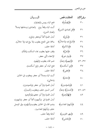 ‫ﻋﺒﲑ ﻣﻦ ﺍﻟﺘﺤﺒﲑ‬
‫ﺭﻗﻢ ﺍﻵﻳﺔ‬

‫ﺍﻟﻜﻠﻤﺔ ﳊﻔﺺ‬

‫١٣‬

‫﴿ﻗﻞ ﻟﻌﺒﺎدي اﻟﺬﻳﻦ﴾‬
‫َ‬

‫١٣‬

‫﴿ﻳﺄﰐ﴾‬

‫٠٣‬

‫ِﻳ ِ‬
‫﴿لﻀﻠﱢﻮا﴾‬
‫ُ‬

‫١٣‬
‫٤٣‬

‫﴿ﻻﺑﻴﻊ ﻓﻴﻪ وﻻﺧﻼل﴾‬
‫ٌ‬
‫ٌ‬

‫﴿وآﺗﺎﻛﻢ﴾‬

‫٦٣‬
‫٧٣‬
‫٧٣، ٣٤‬

‫﴿إ�ﻦ﴾‬
‫ﱠ‬
‫ٍ ِ‬
‫﴿ﺑﻮاد ﻏﲑ﴾‬
‫﴿إﻟﻴﻬﻢ﴾ )ﻣﻌﺎً(‬

‫ﺍﻟﺒ ـ ـ ـ ـ ـ ـ ــﻴﺎﻥ‬

‫ِ‬
‫ﻓﺘﺢ اﻟﻴﺎء روﻳﺲ )ﻟﻴَﻀﻠﻮا(.‬
‫أﺛﺒﺖ اﻟﻴﺎء وﻗﻔﺎً روح )ﻟﻌﺒﺎدي ( وﺣﺬﻓﻬﺎ وﺻﻼً‬
‫ِ‬
‫)ﻟﻌﺒﺎد اﻟﺬﻳﻦ(.‬
‫أﺑﺪل اﳍﻤﺰة أﻟﻔﺎً أﺑﻮﺟﻌﻔﺮ )ﻳﺎﰐ(.‬

‫ﺑﻨﺎﳘﺎ ﻋﻠﻰ اﻟﻔﺘﺢ ﻳﻌﻘﻮب )ﻻ ﺑﻴﻊ ﻓﻴﻪ وﻻ ﺧﻼل(.‬
‫َ‬
‫َ‬
‫أﻣﺎﳍﺎ ﺧﻠﻒ.‬
‫ﻗﻒ ﻋﻠﻴﻬﺎ ﻳﻌﻘﻮب ﻬﺑﺎء اﻟﺴﻜﺖ )إ�ﻨﱠﻪ(.‬
‫ْ‬
‫اﻹﺧﻔﺎء ﻷﰊ ﺟﻌﻔﺮ.‬
‫ﺿﻢ اﳍﺎء ﻳﻌﻘﻮب )إﻟﻴﻬﻢ(.‬
‫ُ‬

‫٧٣‬
‫٨٣‬

‫﴿إﱐ أﺳﻜﻨﺖ﴾‬
‫﴿ﳜﻔﻰ﴾‬

‫٠٤‬

‫ِ‬
‫﴿دﻋﺎء﴾‬

‫ﻓﺘﺢ اﻟﻴﺎء أﺑﻮ ﺟﻌﻔﺮ )إﱐَ أﺳﻜﻨﺖ(.‬
‫أﻣﺎﳍﺎ ﺧﻠﻒ.‬
‫أﺛﺒﺖ اﻟﻴﺎء وﺻﻼً أﺑﻮ ﺟﻌﻔﺮ وﻳﻌﻘﻮب ﰲ اﳊﺎﻟﲔ‬
‫)دﻋﺎﺋﻲ(.‬

‫١٤‬
‫٢٤، ٧٤‬
‫٢٤‬

‫﴿وﻟﻠﻤﺆﻣﻨﲔ﴾‬
‫﴿ﲢﺴﱭ﴾ )ﻣﻌﺎً(‬
‫َ ّ‬
‫﴿ ـﺆﺧﺮﻫﻢ﴾‬
‫يﱢ‬
‫َُ‬

‫أﺑﺪل اﳍﻤﺰة واواً أﺑﻮ ﺟﻌﻔﺮ )وﻟﻠﻤﻮﻣﻨﲔ(.‬
‫ِ‬
‫ﻛﺴﺮ اﻟﺴﲔ ﺧﻠﻒ وﻳﻌﻘﻮب )ﲢﺴﱭ(.‬
‫ّ‬
‫أﺑﺪل اﳍﻤﺰة واواً أﺑﻮ ﺟﻌﻒ )ﻳُـﻮﺧﺮﻫﻢ(‬
‫ر َﱢ‬

‫٤٤‬

‫ِ‬
‫﴿ﻳﺄﺗﻴﻬﻢ اﻟﻌﺬاب﴾‬
‫ُ‬

‫٩٤‬

‫﴿  اﺠﻤﻟﺮﻣﲔ﴾‬
‫ت‬

‫٠٥‬

‫﴿وﺗَﻐﺸﻰ﴾‬

‫ِ‬
‫أﺑﺪل اﳍﻤﺰة ﰲ )ﻳﺄﺗﻴﻬﻢ ( أﻟﻔﺎً أﺑﻮ ﺟﻌﻔﺮ )ﻳﺎﺗﻴﻬﻢ (،‬
‫وﺿﻢ اﳍﺎء ﰲ اﳊﺎﻟﲔ ﻳﻌﻘﻮب )ﻳﺄﺗﻴﻬﻢ (، وﰲ اﻟﻮﺻﻞ‬
‫ُ‬
‫ﺧﻠﻒ )ﻳﺄﺗﻴﻬﻢ اﻟﻌﺬاب( .‬
‫ُُ‬
‫أﻣﺎﳍﺎ وﻗﻔﺎً ﺧﻠﻒ.‬
‫أﻣﺎﳍﺎ ﺧﻠﻒ.‬
‫≠ ∂∏± ≠‬

 