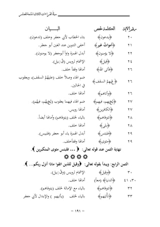 ‫ﰲ ﺍﻟﻘﺮﺍﺀﺍﺕ ﺍﻟﺜﻼﺙ ﺍﳌﺘﻤﺔ ﻟﻠﻌﺸﺮ‬
‫ﺭﻗﻢ ﺍﻵﻳﺔ‬

‫ﺍﻟﻜﻠﻤﺔ ﳊﻔﺺ‬

‫٠٢‬
‫١٢‬

‫﴿أﻣﻮات ﻏﻴﺮ﴾‬
‫ٌ‬

‫٤٢‬
‫٦٢‬

‫﴿ﻓﺄﺗﻰ اﷲ﴾‬

‫٦٢‬

‫ِ‬
‫﴿عﻟﻴﻬﻢ اﻟﺴﻘﻒ ﴾‬
‫ُ‬

‫٦٢‬
‫٧٢‬
‫٨٢‬
‫٨٢‬

‫﴿وأﺗﺎﻫﻢ﴾‬
‫ﺦِ ِ‬
‫﴿ﻳُ زﻳﻬﻢ، ﻓﻴﻬﻢ﴾‬
‫﴿اﻟﻜﺎﻓﺮﻳﻦ﴾‬
‫﴿ﺗﺘﻮﻓﺎﻫﻢ﴾‬
‫﴿ﺑﻠﻰ﴾‬

‫٩٢‬
‫٩٢‬

‫﴿ﻓﻠﺒﺌﺲ﴾‬
‫﴿ﻣﺜﻮى﴾‬

‫٢٢‬

‫٧٢‬

‫﴿ﻳﺪﻋﻮن﴾‬

‫﴿ﻻ ﻳﺆﻣﻨﻮن﴾‬
‫﴿ﻗِﻴﻞ﴾‬

‫ﺍﻟﺒ ـ ـ ـ ـ ـ ـ ــﻴﺎﻥ‬

‫ﺑﺘﺎء اﳋﻄﺎب ﻷﰊ ﺟﻌﻔﺮ وﺧﻠﻒ )ﺗﺪﻋﻮن(.‬
‫أﺧﻔﻰ اﻟﺘﻨﻮﻳﻦ ﻋﻨﺪ اﻟﻐﲔ أﺑﻮ ﺟﻌﻘﺮ.‬
‫أﺑﺪل اﳍﻤﺰة واواً أﺑﻮﺟﻌﻔﺮ )ﻻ ﻳﻮﻣﻨﻮن(.‬
‫ُِ‬
‫اﻹﴰﺎم ﻟﺮوﻳﺲ )ق◌ـﻴﻞ(.‬

‫أﻣﺎﳍﺎ وﻗﻔﺎً ﺧﻠﻒ.‬

‫ﺿﻢ اﳍﺎء وﺻﻼً ﺧﻠﻒ )ﻋﻠﻴﻬﻢ اﻟﺴﻘﻒ(، وﻳﻌﻘﻮب‬
‫ُُ‬
‫ﰲ اﳊﺎﻟﲔ.‬
‫أﻣﺎﳍﺎ ﺧﻠﻒ.‬
‫ﺿﻢ اﳍﺎء ﻓﻴﻬﻤﺎ ﻳﻌﻘﻮب )ﻳُ زﻳﻬﻢ، ﻓﻴﻬﻢ(.‬
‫ﺦُ ُ‬

‫أﻣﺎﳍﺎ روﻳﺲ.‬
‫ﺑﺎﻟﻴﺎء ﳋﻠﻒ )ﻳﺘﻮﻓﺎﻫﻢ( وأﻣﺎﳍﺎ أﻳﻀﺎً.‬
‫أﻣﺎﳍﺎ ﺧﻠﻒ.‬
‫أﺑﺪل اﳍﻤﺰة ﻳﺎء أﺑﻮ ﺟﻌﻔﺮ )ﻓﻠﺒﻴﺲ(.‬
‫أﻣﺎﳍﺎ وﻗﻔﺎًﺧﻠﻒ.‬

‫ﻧـﻬﺎﻳﺔ اﻟﺜﻤﻦ ﻋﻨﺪ ﻗﻮﻟﻪ ﺗﻌﺎﻟﻰ: ‪ … ‬ﻓﻠﺒﺌﺲ ﻣﺜﻮى اﻟﻤﺘﻜﺒﺮﻳﻦ ‪.‬‬
‫‪‬‬
‫اﻟﺜﻤﻦ اﻟﺮاﺑﻊ: وﻳﺒﺪأ ﺑﻘﻮﻟﻪ ﺗﻌﺎﻟﻰ: ‪‬وﻗﻴﻞ ﻟﻠﺬﻳﻦ اﺗﻘﻮا ﻣﺎذا أﻧﺰل رﺑﻜﻢ... ‪.‬‬
‫ُِ‬
‫اﻹﴰﺎم ﻟﺮوﻳﺲ )وق◌ـﻴﻞ(.‬
‫﴿وﻗِﻴﻞ﴾‬
‫٠٣‬

‫٠٣، ١٤‬
‫٢٣‬
‫٣٣‬

‫﴿اﻟﺪﻧﻴﺎ﴾ )ﻣﻌﺎً(‬
‫﴿ﺗﺘﻮﻓﺎﻫﻢ﴾‬
‫﴿ﺗﺄْﺗﻴَﻬﻢ﴾‬

‫أﻣﺎﳍﺎ ﺧﻠﻒ.‬

‫ﺑﺎﻟﻴﺎء ﻣﻊ اﻹﻣﺎﻟﺔ ﳋﻠﻒ )ﻳﺘﻮﻓﺎﻫﻢ(.‬
‫ﺑﺎﻟﻴﺎء ﳋﻠﻒ )ﻳﺄﺗﻴﻬﻢ ( واﻹﺑﺪال ﻷﰊ ﺟﻌﻔﺮ‬
‫≠ ±‪≠ ±π‬‬

 