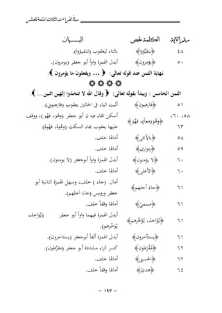 ‫ﰲ ﺍﻟﻘﺮﺍﺀﺍﺕ ﺍﻟﺜﻼﺙ ﺍﳌﺘﻤﺔ ﻟﻠﻌﺸﺮ‬
‫ﺭﻗﻢ ﺍﻵﻳﺔ‬

‫٨٤‬
‫٠٥‬

‫ﺍﻟﻜﻠﻤﺔ ﳊﻔﺺ‬

‫﴿ﻳﺘﻔﻴﱠﺆوا﴾‬
‫﴿ﻳﺆﻣﺮون﴾‬

‫ﺍﻟﺒ ـ ـ ـ ـ ـ ـ ــﻴﺎﻥ‬

‫ﺑﺎﻟﺘﺎء ﻟﻴﻌﻘﻮب )ﺗـﺘـﻔـﻴـﺆوا(.‬
‫أﺑﺪل اﳍﻤﺰة واواً أﺑﻮ ﺟﻌﻔﺮ )ﻳﻮﻣﺮون(.‬

‫ﻧـﻬﺎﻳﺔ اﻟﺜﻤﻦ ﻋﻨﺪ ﻗﻮﻟﻪ ﺗﻌﺎﻟﻰ: ‪ … ‬وﻳﻔﻌﻠﻮن ﻣﺎ ﻳﺆﻣﺮون ‪.‬‬
‫‪‬‬
‫اﻟﺜﻤﻦ اﻟﺨﺎﻣﺲ : وﻳﺒﺪأ ﺑﻘﻮﻟﻪ ﺗﻌﺎﻟﻰ: ‪ ‬وﻗﺎل اﷲ ﻻ ﺗﺘﺨﺬوا إﻟﻬﻴﻦ اﺛﻨﻴﻦ ... ‪.‬‬

‫١٥‬

‫٨٥، ٠٦،‬
‫٣٦‬
‫٨٥‬

‫﴿ﻓﺎرﻫﺒﻮن﴾‬

‫﴿وﻫﻮ)ﻣﻌﺎً(، ﻓﻬﻮ﴾‬
‫َُ‬
‫َُ‬
‫﴿ﺑﺎﻷﻧﺜﻰ﴾‬
‫﴿ﻳﺘﻮارى﴾‬

‫٩٥‬
‫٠٦‬
‫٠٦‬

‫﴿ﻻ ﻳﺆﻣﻨﻮن﴾‬
‫﴿اﻷﻋﻠﻰ﴾‬

‫١٦‬

‫﴿ﺟﺎءَ أﺟﻠﻬﻢ﴾‬

‫١٦‬

‫﴿ﻣﺴﻤﻰ﴾‬
‫ً‬

‫١٦‬

‫﴿ﻳـُﺆاﺧﺬ، ﻳـُﺆﺧﺮﻫﻢ﴾‬
‫َﱢ‬
‫َ‬

‫١٦‬
‫٢٦‬
‫٢٦‬

‫﴿ﻳﺴﺘﺄﺧﺮون﴾‬
‫﴿ﻣﻔﺮﻃﻮن﴾‬
‫َُْ‬
‫﴿اﳊﺴﲎ﴾‬

‫٤٦‬

‫﴿ﻫﺪى﴾‬
‫ً‬

‫أﺛﺒﺖ اﻟﻴﺎء ﰲ اﳊﺎﻟﲔ ﻳﻌﻘﻮب )ﻓﺎرﻫﺒﻮﱐ(.‬

‫أﺳﻜﻦ اﳍﺎء ﻓﻴﻪ ن أﺑﻮ ﺟﻌﻔﺮ )وﻫﻮ، ﻓﻬﻮ (، ووﻗﻒ‬
‫ْ ْ‬
‫ﻠﻴﻬﺎ ﻳﻌﻘﻮب ﻬﺑﺎء اﻟﺴﻜﺖ )وﻫﻮﻩ، ﻓﻬﻮﻩ(‬
‫ُْ ُْ‬
‫أﻣﺎﳍﺎ ﺧﻠﻒ.‬
‫أﻣﺎﳍﺎ ﺧﻠﻒ.‬
‫أﺑﺪل اﳍﻤﺰة واواً أﺑﻮﺟﻌﻔﺮ )ﻻ ﻳﻮﻣﻨﻮن(.‬

‫أﻣﺎﳍﺎ ﺧﻠﻒ.‬
‫أﻣﺎل )ﺟﺎء ( ﺧﻠﻒ، وﺳﻬﻞ اﳍﻤﺰة اﻟﺜﺎﻧﻴﺔ أﺑﻮ‬
‫ﺟﻌﻔﺮ وروﻳﺲ )ﺟﺎءَ اَﺟﻠﻬﻢ(.‬
‫أﻣﺎﳍﺎ وﻗﻔﺎً ﺧﻠﻒ.‬
‫أﺑﺪل اﳍﻤﺰة ﻓﻴﻬﻤﺎ واواً أﺑﻮ ﺟﻌﻔﺮ‬

‫ﻳـُﻮﺧﺮﻫﻢ(.‬
‫َﱢ‬
‫أﺑﺪل اﳍﻤﺰة أﻟﻔﺎً أﺑﻮﺟﻌﻔﺮ )ﻳﺴﺘﺎﺧﺮون(.‬
‫ﻛﺴﺮ اﻟﺮاء ﻣﺸﺪدة أﺑﻮ ﺟﻌﻔﺮ )ﻣﻔﺮﻃﻮن(.‬
‫ﱢ‬
‫أﻣﺎﳍﺎ ﺧﻠﻒ.‬
‫أﻣﺎﳍﺎ وﻗﻔﺎً ﺧﻠﻒ.‬
‫≠ ≥‪≠ ±π‬‬

‫ِ‬
‫)ﻳـُﻮاﺧﺬ،‬
‫َ‬

 