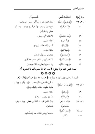 ‫ﻋﺒﲑ ﻣﻦ ﺍﻟﺘﺤﺒﲑ‬
‫ﺭﻗﻢ ﺍﻵﻳﺔ‬

‫ﺍﻟﻜﻠﻤﺔ ﳊﻔﺺ‬

‫٦٦‬
‫٨٦‬
‫٨٦‬
‫٠٧‬
‫١٧‬
‫٢٧‬

‫﴿ﻟﺒﻨﺎً ﺧﺎﻟﺼﺎً﴾‬
‫﴿وأَوﺣﻰ﴾‬
‫ْ‬
‫﴿ﺑـُﻴُﻮﺗﺎً﴾‬
‫﴿ﻳﺘﻮﻓﺎﻛﻢ﴾‬
‫﴿ﳚﺤﺪون﴾‬
‫﴿ﺟﻌﻞ ﻟﻜﻢ﴾‬

‫٢٧‬

‫﴿ ﻋﻤﺖ اﷲ﴾‬
‫ﺑﻦ‬

‫وﻗﻒ ﻋﻠﻴﻬﺎ ﻳﻌﻘﻮب ﺑﺎﳍﺎء )ﺑﻨﻌﻤﻪ(.‬
‫ْ‬

‫٦٧‬
‫٦٧، ١٨‬

‫﴿ﺻﺮاط﴾‬
‫﴿ﻳﺄت، ﻳﺄﻣﺮ‬
‫،ﺑﺄﺳﻜﻢ﴾‬
‫﴿ﺟﻌﻞ ﻟﻜﻢ﴾‬

‫ﺑﺎﻟﺴﲔ ﻟﺮوﻳﺲ )ﺳﺮاط(.‬
‫أﺑﺪل اﳍﻤﺰة ﻓﻴﻪ ن أﻟﻔﺎً أﺑﻮ ﺟﻌﻔﺮ )ﻳﺎت، ﻳﺎﻣﺮ،‬
‫ﺑﺎﺳﻜﻢ(.‬

‫،١٨‬

‫)ﻛﻠﻪ(‬

‫٤٦، ٢٧‬
‫٦٦‬

‫﴿ﻳﺆﻣﻨﻮن﴾ )ﻣﻌﺎً(‬
‫﴿ﻧُﺴﻘﻴﻜﻢ﴾‬
‫ْ‬

‫ﺍﻟﺒ ـ ـ ـ ـ ـ ـ ــﻴﺎﻥ‬

‫أﺑﺪل اﳍﻤﺰة ﻓﻴﻪ م ا واواً أﺑﻮ ﺟﻌﻔﺮ )ﻳﻮﻣﻨﻮن(.‬
‫ﻓﺘﺢ اﻟﻨﻮن ﻳﻌﻘﻮب )ﻧَﺴﻘﻴﻜﻢ (. وﺑﺘﺎء ﻣﻔﺘﻮﺣﺔ أﺑﻮ‬

‫ﺟﻌﻔﺮ )ﺗَﺴﻘﻴﻜﻢ(.‬
‫اﻹﺧﻔﺎء ﻷﰊ ﺟﻌﻔﺮ.‬
‫أﻣﺎﳍﺎ ﺧﻠﻒ.‬
‫ﻛﺴﺮ اﻟﺒﺎء ﺧﻠﻒ )ﺑِﻴﻮﺗﺎً(.‬

‫أﻣﺎﳍﺎ ﺧﻠﻒ.‬
‫ﺑﺎﻟﺘﺎء روﻳﺲ )ﲡﺤﺪون(.‬
‫ل‬
‫اﻹدﻏﺎم ﻟﺮوﻳﺲ ﲞﻠﻒ ﻋﻨﻪ )ﺟﻌﻠﱠﻜﻢ(.‬
‫ََ‬

‫ﻧـﻬﺎﻳﺔ اﻟﺜﻤﻦ ﻋﻨﺪ ﻗﻮﻟﻪ ﺗﻌﺎﻟﻰ: ‪ … ‬إن اﷲ ﻳﻌﻠﻢ وأﻧﺘﻢ ﻻ ﺗﻌﻠﻤﻮن ‪.‬‬
‫‪‬‬
‫اﻟﺜﻤﻦ اﻟﺴﺎدس: وﻳﺒﺪأ ﺑﻘﻮﻟﻪ ﺗﻌﺎﻟﻰ: ‪ ‬ﺿﺮب اﷲ ﻣﺜﻼً ﻋﺒﺪاً ﻛﺎً... ‪.‬‬
‫ﻣﻤﻠﻮ‬
‫أﺳﻜﻦ اﳍﺎء ﻓﻴﻬﻤﺎ أﺑﻮﺟﻌﻔﺮ )ﻓﻬﻮ، وﻫﻮ (، ووﻗﻒ‬
‫ْ ْ‬
‫٥٧، ٦٧ ﴿ﻓﻬﻮ، وﻫﻮ)ﻣﻌﺎً(﴾‬
‫ُ ُ‬
‫ﻋﻠﻴﻬﺎ ﻳﻌﻘﻮب ﺑﺎﳍﺎء )ﻓﻬﻮﻩ، وﻫﻮﻩ(.‬
‫ُ َْ ُ َْ‬
‫أﻣﺎﳍﺎ ﺧﻠﻒ.‬
‫﴿ﻣﻮﻻﻩ﴾‬
‫٦٧‬

‫٠٨،٨٧‬

‫أدﻏﻤﻬﺎ روﻳﺲ ﲞﻠﻒ ﻋﻨﻪ )ﺟﻌﻠﱠﻜﻢ(.‬
‫ََ‬
‫≠ ¥‪≠ ±π‬‬

 