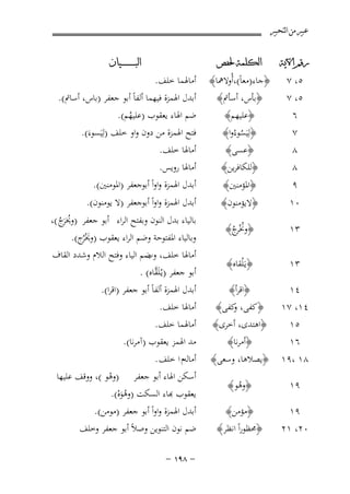 ‫ﻋﺒﲑ ﻣﻦ ﺍﻟﺘﺤﺒﲑ‬
‫ﺭﻗﻢ ﺍﻵﻳﺔ‬

‫ﺍﻟﻜﻠﻤﺔ ﳊﻔﺺ‬

‫٦‬
‫٧‬
‫٨‬
‫٨‬

‫﴿ﻋﻠﻴﻬﻢ﴾‬
‫﴿ﻟِﻴَﺴﻮءُوا﴾‬
‫ُ‬
‫﴿ﻋﺴﻰ﴾‬
‫﴿ﻟﻠﻜﺎﻓﺮﻳﻦ﴾‬

‫ﺿﻢ اﳍﺎء ﻳﻌﻘﻮب )ﻋﻠﻴﻬﻢ(.‬
‫ُ‬
‫ﻓﺘﺢ اﳍﻤﺰة ﻣﻦ دون واو ﺧﻠﻒ )ﻟِ‬
‫ﻴَﺴﻮءَ(.‬
‫أﻣﺎﳍﺎ ﺧﻠﻒ.‬
‫أﻣﺎﳍﺎ روﻳﺲ.‬

‫٩‬

‫﴿اﳌﺆﻣﻨﲔ﴾‬

‫أﺑﺪل اﳍﻤﺰة واواً أﺑﻮﺟﻌﻔﺮ )اﳌﻮﻣﻨﲔ(.‬

‫٥، ٧‬
‫٥، ٧‬

‫﴿ﺟﺎء)ﻣﻌﺎً(،أُوﻻﳘﺎ﴾‬
‫﴿ﺑﺄس، أﺳﺄﰎ﴾‬

‫ﺍﻟﺒ ـ ـ ـ ـ ـ ـ ــﻴﺎﻥ‬

‫أﻣﺎﳍﻤﺎ ﺧﻠﻒ.‬
‫أﺑﺪل اﳍﻤﺰة ﻓﻴﻬﻤﺎ أﻟﻔﺎً أﺑﻮ ﺟﻌﻔﺮ )ﺑﺎس، أﺳﺎﰎ(.‬

‫أﺑﺪل اﳍﻤﺰة واواً أﺑﻮﺟﻌﻔﺮ )ﻻ ﻳﻮﻣﻨﻮن(.‬

‫٠١‬

‫﴿ﻻﻳﺆﻣﻨﻮن﴾‬

‫٣١‬

‫﴿وﳔْ ج﴾‬
‫ُ ﺮُ‬

‫٣١‬

‫﴿ﻳـَْﻠﻘﺎﻩ﴾‬

‫٤١‬
‫٤١، ٧١‬
‫٥١‬
‫٦١‬

‫﴿اﻗﺮأ﴾‬
‫﴿ﻛﻔﻰ، ﻛﻔﻰ﴾‬
‫و‬
‫﴿اﻫﺘﺪى، أﺧﺮى﴾‬
‫﴿أﻣﺮﻧﺎ﴾‬

‫أﺑﺪل اﳍﻤﺰة أﻟﻔﺎً أﺑﻮ ﺟﻌﻔﺮ )اﻗﺮا(.‬
‫أﻣﺎﳍﺎ ﺧﻠﻒ.‬
‫أﻣﺎﳍﻤﺎ ﺧﻠﻒ.‬
‫ﻣﺪ اﳍﻤﺰ ﻳﻌﻘﻮب )آﻣﺮﻧﺎ(.‬

‫٨١ ،٩١‬

‫﴿ﻳﺼﻼﻫﺎ، وﺳﻌﻰ﴾‬

‫٩١‬

‫﴿وﻫﻮ﴾‬
‫ُ‬

‫٩١‬
‫٠٢، ١٢‬

‫﴿ﻣﺆﻣﻦ﴾‬
‫﴿ﳏﻈﻮراً اﻧﻈﺮ﴾‬

‫أﻣﺎﻟﻪم ا ﺧﻠﻒ .‬
‫أﺳﻜﻦ اﳍﺎء أﺑﻮ ﺟﻌﻔﺮ )وﻫﻮ (، ووﻗﻒ ﻋﻠﻴﻬﺎ‬
‫ْ‬
‫ﻌﻘﻮب ﻬﺑﺎء اﻟﺴﻜﺖ )وﻫﻮﻩ(.‬
‫ُ َْ‬

‫ﺑﺎﻟﻴﺎء ﺑﺪل اﻟﻨﻮن وﺑﻔﺘﺢ اﻟﺮاء أﺑﻮ ﺟﻌﻔﺮ )وﳜَج (،‬
‫ُ ﺮُ‬

‫وﺑﺎﻟﻴﺎء اﳌﻔﺘﻮﺣﺔ وﺿﻢ اﻟﺮاء ﻳﻌﻘﻮب )وﳜُْج(.‬
‫َﺮ‬
‫أﻣﺎﳍﺎ ﺧﻠﻒ، ﺿﻢ اﻟﻴﺎء وﻓﺘﺢ اﻟﻼم وﺷﺪد اﻟﻘﺎف‬
‫وب‬
‫أﺑﻮ ﺟﻌﻔﺮ )ﻳـُﻠَ ﱠﺎﻩ( .‬
‫ﻘ‬

‫أﺑﺪل اﳍﻤﺰة واواً أﺑﻮ ﺟﻌﻔﺮ )ﻣﻮﻣﻦ(.‬
‫ﺿﻢ ﻧﻮن اﻟﺘﻨﻮﻳﻦ وﺻﻼً أﺑﻮ ﺟﻌﻔﺮ وﺧﻠﻒ‬
‫≠ ∏‪≠ ±π‬‬

 