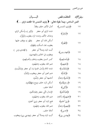 ‫ﻋﺒﲑ ﻣﻦ ﺍﻟﺘﺤﺒﲑ‬
‫ﺭﻗﻢ ﺍﻵﻳﺔ‬

‫ﺍﻟﻜﻠﻤﺔ ﳊﻔﺺ‬

‫ﺍﻟﺒ ـ ـ ـ ـ ـ ـ ــﻴﺎﻥ‬

‫٧١‬

‫﴿وﺗﺮى اﻟﺸﻤﺲ﴾‬

‫٧١‬

‫﴿ﺗَـﺰاور﴾‬
‫َ َُ‬

‫٧١‬

‫﴿ﻓﻬﻮ﴾‬
‫ُ‬

‫أﻣﺎل اﻷﻟﻒ ﺧﻠﻒ وﻗﻔﺎً.‬
‫ﺷﺪد اﻟﺰاي أﺑﻮ ﺟﻌﻔﺮ )ﺗﺰاور (، وأﺳﻜﻦ اﻟﺰاي‬
‫ﱠ‬
‫وﺣﺬف اﻷﻟﻒ وﺷﺪد اﻟﺮاء ﻳﻌﻘﻮب )ﺗَـﺰور(.‬
‫َْﱡ‬
‫أﺳﻜﻦ اﳍﺎء أﺑﻮ ﺟﻌﻔﺮ )ﻓﻬﻮ (، ووﻗﻒ ﻋﻠﻴﻬﺎ‬
‫ْ‬
‫ﻌﻘﻮب ﻬﺑﺎء اﻟﺴﻜﺖ )ﻓﻬﻮﻩ(.‬
‫ُ َْ‬

‫٧١‬

‫ِ‬
‫﴿اﳌﻬﺘﺪ وﻣﻦ﴾‬

‫٨١‬

‫﴿وﲢﺴﺒُﻬﻢ﴾‬
‫َ‬
‫ِ‬
‫﴿ﻋﻠﻴﻬﻢ﴾‬
‫﴿وﻟـﻤﻠِْﺌﺖ﴾‬
‫ُ‬
‫﴿رﻋﺒﺎً﴾‬
‫ُْ‬
‫﴿ﻟﺒﺜْﺘﻢ﴾ )ﻣﻌﺎً(‬
‫﴿ﺑـِ◌ورِﻛﻢ﴾‬
‫ِ َ ِق‬
‫﴿ ﻛﻰ﴾‬
‫أز‬
‫﴿ﻓﻠﻴﺄﺗﻜﻢ﴾‬
‫ِ‬
‫﴿ﻋﻠﻴﻬﻢ﴾ )ﻛﻠﻪ(‬

‫اﻟﺜﻤﻦ اﻟﺴﺎدس: وﻳﺒﺪأ ﺑﻘﻮﻟﻪ ﺗﻌﺎﻟﻰ: ‪ ‬وﺗﺮى اﻟﺸﻤﺲ إذا ﻃﻠﻌﺖ ﺗﺰاور... ‪.‬‬

‫٨١‬
‫٨١‬
‫٨١‬
‫٩١‬
‫٩١‬
‫٩١‬
‫٩١‬
‫١٢‬
‫٢٢‬
‫٢٢‬
‫٤٢‬
‫٤٢‬

‫﴿رﰊ أﻋﻠﻢ﴾‬
‫ْ‬
‫﴿ﻓﻴﻬﻢ﴾ )ﻣﻌﺎً(‬
‫﴿ﻋﺴﻰ﴾‬
‫ِ‬
‫﴿ﻳﻬﺪﻳﻦ رﰊ﴾‬

‫)اﱂﻫﺘﺪي وﻣﻦ (‬

‫أﺛﺒﺖ اﻟﻴﺎء وﺻﻼً أﺑﻮ ﺟﻌﻔﺮ‬
‫وﻳﻌﻘﻮب ﰲ اﳊﺎﻟﲔ )اﳌﻬﺘﺪي(.‬
‫ِ‬
‫ﻛﺴﺮ اﻟﺴﲔ ﻳﻌﻘﻮب وﺧﻠﻒ )ﲢﺴﺒُﻬﻢ(.‬

‫ﺿﻢ اﳍﺎء ﻳﻌﻘﻮب )ﻋﻠﻴﻬﻢ(.‬
‫ُ‬
‫ﺷﺪد اﻟﻼم وأﺑﺪل اﳍﻤﺰة ﻳﺎء أﺑﻮ ﺟﻌﻔﺮ )وﻟـﻤﻠﱢﻴﺖ(.‬
‫ُ‬
‫ﺿﻢ اﻟﻌﲔ أﺑﻮ ﺟﻌﻔﺮ وﻳﻌﻘﻮب )رﻋُﺒﺎً(.‬
‫ُ‬
‫أدﻏﻤﻬﺎ أﺑﻮ ﺟﻌﻔﺮ )ﻟﺒﺘﱡﻢ(.‬
‫ِ‬
‫أﺳﻜﻦ اﻟﺮاء ﺧﻠﻒ وروح ) ورِﻛﻢ(.‬
‫بق‬
‫َْ‬
‫أﻣﺎﳍﺎ ﺧﻠﻒ.‬
‫اﻹﺑﺪال ﻷﰊ ﺟﻌﻔﺮ )ﻓﻠﻴﺎﺗﻜﻢ(.‬
‫ﺿﻢ اﳍﺎء ﻳﻌﻘﻮب )ﻋﻠﻴﻬﻢ(.‬
‫ُ‬
‫ﻓﺘﺢ اﻟﻴﺎء أﺑﻮ ﺟﻌﻔﺮ )رﰊ أﻋﻠﻢ(.‬
‫َ‬
‫ﺿﻢ اﳍﺎء ﻳﻌﻘﻮب )ﻓﻴﻬﻢ(.‬
‫ُ‬
‫أﻣﺎﳍﺎ ﺧﻠﻒ.‬
‫أﺛﺒﺖ اﻟﻴﺎء وﺻﻼً أﺑﻮ ﺟﻌﻔﺮ )ﻳﻬﺪﻳﲏ رﰊ( وﻳﻌﻘﻮب‬
‫≠ ∂∞≤ ≠‬

 