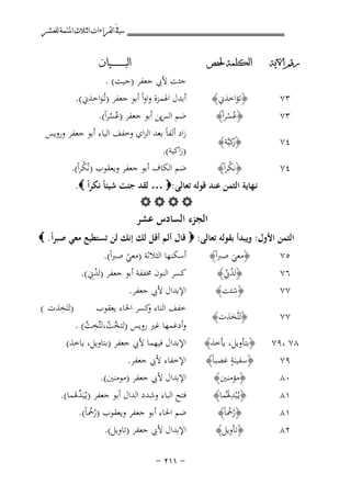 ‫ﰲ ﺍﻟﻘﺮﺍﺀﺍﺕ ﺍﻟﺜﻼﺙ ﺍﳌﺘﻤﺔ ﻟﻠﻌﺸﺮ‬
‫ﺭﻗﻢ ﺍﻵﻳﺔ‬

‫ﺍﻟﻜﻠﻤﺔ ﳊﻔﺺ‬

‫٣٧‬

‫﴿ﺗﺆاﺧﺬﱐ﴾‬

‫٣٧‬

‫﴿ﻋُﺴﺮاً﴾‬
‫ْ‬

‫٤٧‬

‫﴿ﻛﻴﱠﺔ﴾‬
‫ز‬

‫٤٧‬

‫ﺍﻟﺒ ـ ـ ـ ـ ـ ـ ــﻴﺎﻥ‬

‫ﺟﺌﺖ ﻷﰊ ﺟﻌﻔﺮ )ﺟﻴﺖ( .‬
‫أﺑﺪل اﳍﻤﺰة واواً أﺑﻮ ﺟﻌﻔﺮ )ﺗـُﻮاﺧﺬﱐ(.‬
‫َ‬

‫ﺿﻢ ﻳﻦ أﺑﻮ ﺟﻌﻔﺮ )ﻋُﺴﺮاً(.‬
‫اﻟﺲ‬
‫ُ‬
‫زاد أﻟﻔﺎً ﺑﻌﺪ اﻟﺰاي وﺧﻔﻒ اﻟﻴﺎء أﺑﻮ ﺟﻌﻔﺮ وروﻳﺲ‬
‫)زاﻛﻴﺔ(.‬
‫ﺿﻢ اﻟﻜﺎف أﺑﻮ ﺟﻌﻔﺮ وﻳﻌﻘﻮب )ﻧُﻜﺮاً(.‬
‫ُ‬

‫﴿ﻧﻜﺮاً﴾‬
‫ْ‬
‫ﻧـﻬﺎﻳﺔ اﻟﺜﻤﻦ ﻋﻨﺪ ﻗﻮﻟﻪ ﺗﻌﺎﻟﻰ:‪ … ‬ﻟﻘﺪ ﺟﺌﺖ ﺷﻴﺌﺎً ﻧﻜﺮاً ‪.‬‬
‫‪‬‬

‫اﻟﺠﺰء اﻟﺴﺎدس ﻋﺸﺮ‬
‫اﻟﺜﻤﻦ اﻷول: وﻳﺒﺪأ ﺑﻘﻮﻟﻪ ﺗﻌﺎﻟﻰ: ‪ ‬ﻗﺎل أﻟﻢ أﻗﻞ ﻟﻚ إﻧﻚ ﻟﻦ ﺗﺴﺘﻄﻴﻊ ﻣﻌﻲ ﺻﺒﺮاً. ‪‬‬
‫٥٧‬

‫﴿ﻣﻌﻲ ﺻﱪاً﴾‬
‫َ‬
‫﴿ﻟﺪﱐ﴾‬
‫ُّ‬
‫﴿ﺷﺌﺖ﴾‬

‫٧٧‬

‫﴿ﻟﺘﱠﺨﺬت﴾‬
‫َ‬

‫٨٧ ،٩٧‬
‫٩٧‬
‫٠٨‬

‫﴿ﺑﺘﺄوﻳﻞ، ﻳﺄﺧﺬ﴾‬
‫ٍ‬
‫﴿ﺳﻔﻴﻨﺔ ﻏﺼﺒﺎً﴾‬
‫﴿ﻣﺆﻣﻨﲔ﴾‬
‫﴿ﻳـُْﺒﺪﳍُﻤﺎ﴾‬
‫َِ‬
‫﴿رﲪﺎً﴾‬
‫ُْ‬
‫﴿ﺗﺄوﻳﻞ﴾‬

‫٦٧‬
‫٧٧‬

‫١٨‬
‫١٨‬
‫٢٨‬

‫أﺳﻜﻨﻬﺎ اﻟﺜﻼﺛﺔ )ﻣﻌﻲ ﺻﱪاً(.‬
‫ْ‬
‫ﻛﺴﺮ اﻟﻨﻮن ﳐﻔﻔﺔ أﺑﻮ ﺟﻌﻔﺮ )ﻟﺪِﱐ(.‬
‫ُ‬
‫اﻹﺑﺪال ﻷﰊ ﺟﻌﻔﺮ.‬
‫ِ‬
‫)ﻟﺘَﺨﺬت (‬
‫ﺧﻔﻒ اﻟﺘﺎء ﻛﺴﺮ اﳋﺎء ﻳﻌﻘﻮب‬
‫و‬
‫وأدﻏﻤﻬﺎ ﻏﲑ روﻳﺲ )ﻟﺘﺨﺖ،ﻟﺘﱠﺨﺖ( .‬
‫ﱠ ﱠ ِ ﱠ‬
‫اﻹﺑﺪال ﻓﻴﻬﻤﺎ ﻷﰊ ﺟﻌﻔﺮ )ﺑﺘﺎوﻳﻞ، ﻳﺎﺧﺬ(‬
‫اﻹﺧﻔﺎء ﻷﰊ ﺟﻌﻔﺮ.‬
‫اﻹﺑﺪال ﻷﰊ ﺟﻌﻔﺮ )ﻣﻮﻣﻨﲔ(.‬

‫ﻓﺘﺢ اﻟﺒﺎء وﺷﺪد اﻟﺪال أﺑﻮ ﺟﻌﻔﺮ )ﻳـُﺒَ ﱢﳍﻤﺎ(.‬
‫ﺪ‬
‫ﺿﻢ اﳊﺎء أﺑﻮ ﺟﻌﻔﺮ وﻳﻌﻘﻮب )رﲪﺎً(.‬
‫ُُ‬
‫اﻹﺑﺪال ﻷﰊ ﺟﻌﻔﺮ )ﺗﺎوﻳﻞ(.‬
‫≠ ±±≤ ≠‬

 