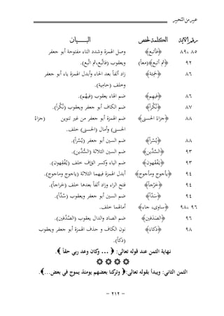 ‫ﻋﺒﲑ ﻣﻦ ﺍﻟﺘﺤﺒﲑ‬
‫ﺭﻗﻢ ﺍﻵﻳﺔ‬

‫٥٨ ،٩٨‬
‫٢٩‬
‫٦٨‬

‫ﺍﻟﻜﻠﻤﺔ ﳊﻔﺺ‬

‫﴿ﻓﺄﺗﺒﻊ﴾‬
‫﴿ﰒ أﺗﺒﻊ﴾)ﻣﻌﺎً(‬
‫َِ‬
‫﴿ﲪﺌﺔ﴾‬

‫٦٨‬
‫٧٨‬
‫٨٨‬

‫ِ‬
‫﴿ﻓﻴﻬﻢ﴾‬
‫﴿ﻧُﻜﺮاً﴾‬
‫ْ‬

‫﴿ﺟﺰاءً اﳊﺴﲎ﴾‬

‫٨٨‬

‫﴿ﻳُﺴﺮاً﴾‬
‫ْ‬
‫﴿اﻟﺴ ﱠﻳﻦ﴾‬
‫ﱠﺪ‬
‫﴿ﻳـَﻔﻘﻬﻮن﴾‬
‫َْ‬
‫﴿ﻳﺄﺟﻮج وﻣﺄﺟﻮج﴾‬
‫﴿ﺧﺮﺟﺎً﴾‬
‫َْ‬

‫٣٩‬
‫٣٩‬
‫٤٩‬
‫٤٩‬
‫٤٩‬
‫٦٩ ،٨٩‬
‫٦٩‬
‫٨٩‬

‫﴿ﺳﺪاً﴾‬
‫َّ‬
‫﴿ﺳﺎوى، ﺟﺎء﴾‬
‫﴿اﻟﺼﺪﻓﲔ﴾‬
‫ََ‬
‫﴿دﻛﺎءَ﴾‬

‫ﺍﻟﺒ ـ ـ ـ ـ ـ ـ ــﻴﺎﻥ‬

‫وﺻﻞ اﳍﻤﺰة وﺷﺪد اﻟﺘﺎء ﻣﻔﺘﻮﺣﺔ أﺑﻮ ﺟﻌﻔﺮ‬
‫وﻳﻌﻘﻮب )ﻓﺎﺗﱠﺒﻊ،ﰒ اﺗﱠﺒﻊ(.‬
‫زاد أﻟﻔﺎً ﺑﻌﺪ اﳊﺎء وأﺑﺪل اﳍﻤﺰة ﻳﺎء أﺑﻮ ﺟﻌﻔﺮ‬
‫ِ‬
‫وﺧﻠﻒ )ﺣﺎﻣﻴﺔ(.‬
‫ﺿﻢ اﳍﺎء ﻳﻌﻘﻮب )ﻓﻴﻬﻢ(.‬
‫ُ‬
‫ﺿﻢ اﻟﻜﺎف أﺑﻮ ﺟﻌﻔﺮ وﻳﻌﻘﻮب )ﻧُﻜﺮاً(.‬
‫ُ‬
‫ﺿﻢ اﳍﻤﺰة أﺑﻮ ﺟﻌﻔﺮ ﻣﻦ ﻏﲑ ﺗﻨﻮﻳﻦ‬
‫اﳊﺴﲎ( وأﻣﺎل )اﳊﺴﲎ( ﺧﻠﻒ.‬
‫ﺿﻢ اﻟﺴﲔ أﺑﻮ ﺟﻌﻔﺮ )ﻳُﺴﺮاً(.‬
‫ُ‬

‫)ﺟﺰاءُ‬

‫ﺿﻢ اﻟﺴﲔ اﻟﺜﻼﺛﺔ )اﻟﺴ ﱠﻳﻦ(.‬
‫ﱡﺪ‬
‫ِْ‬
‫ﺿﻢ اﻟﻴﺎء ﻛﺴﺮ اﻟﻖاف ﺧﻠﻒ )ﻳـُﻔﻘﻬﻮن(.‬
‫و‬
‫أﺑﺪل اﳍﻤﺰة ﻓﻴﻬﻤﺎ اﻟﺜﻼﺛﺔ )ﻳﺎﺟﻮج وﻣﺎﺟﻮج(.‬
‫ﻓﺘﺢ اﻟﺮاء وزاد أﻟﻔﺎً ﺑﻌﺪﻫﺎ ﺧﻠﻒ )ﺧﺮاﺟﺎً(.‬
‫َ‬
‫ُﱠ‬
‫ﺿﻢ اﻟﺴﲔ أﺑﻮ ﺟﻌﻔﺮ وﻳﻌﻘﻮب )ﺳﺪاً(.‬

‫أﻣﺎﳍﻤﺎ ﺧﻠﻒ.‬
‫ﺿﻢ اﻟﺼﺎد واﻟﺪال ﻳﻌﻘﻮب )اﻟﺼﺪﻓﲔ(.‬
‫ُُ‬

‫ﻧﻮن اﻟﻜﺎف و ﺣﺬف اﳍﻤﺰة أﺑﻮ ﺟﻌﻔﺮ وﻳﻌﻘﻮب‬
‫)دﻛﺎً(.‬

‫ﻧـﻬﺎﻳﺔ اﻟﺜﻤﻦ ﻋﻨﺪ ﻗﻮﻟﻪ ﺗﻌﺎﻟﻰ: ‪ … ‬ﻛﺎن وﻋﺪ رﺑﻲ ﺣﻘﺎً ‪.‬‬
‫و‬
‫‪‬‬
‫اﻟﺜﻤﻦ اﻟﺜﺎﻧﻲ: وﻳﺒﺪأ ﺑﻘﻮﻟﻪ ﺗﻌﺎﻟﻰ:‪ ‬ﻛﻨﺎ ﺑﻌﻀﻬﻢ ﻳﻮﻣﺌﺬ ﻳﻤﻮج ﻓﻲ ﺑﻌﺾ...‪.‬‬
‫وﺗﺮ‬
‫≠ ≤±≤ ≠‬

 