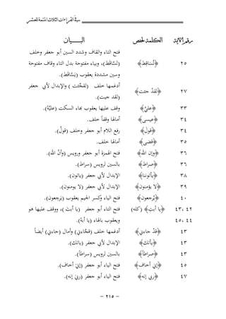 ‫ﰲ ﺍﻟﻘﺮﺍﺀﺍﺕ ﺍﻟﺜﻼﺙ ﺍﳌﺘﻤﺔ ﻟﻠﻌﺸﺮ‬
‫ﺭﻗﻢ ﺍﻵﻳﺔ‬

‫ﺍﻟﻜﻠﻤﺔ ﳊﻔﺺ‬

‫٥٢‬

‫﴿ﺗُﺴﺎﻗِﻂ﴾‬
‫َ‬

‫٧٢‬

‫﴿ﻟﻘﺪ ﺟﺌﺖ﴾‬
‫ْ‬

‫٣٣‬
‫٤٣‬
‫٤٣‬
‫٥٣‬

‫﴿ﻋﻠﻲ﴾‬
‫ﱠ‬

‫﴿ﻋﻴﺴﻰ﴾‬
‫﴿ﻗﻮل﴾‬
‫َ‬
‫﴿ﻗﻀﻰ﴾‬

‫٦٣‬
‫٦٣‬
‫٨٣‬
‫٩٣‬

‫﴿وإن اﷲ﴾‬
‫﴿ﺻﺮاط﴾‬
‫﴿ﻳﺄﺗﻮﻧﻨﺎ﴾‬
‫﴿ﻻ ﻳﺆﻣﻨﻮن﴾‬

‫٠٤‬
‫٢٤ ،٣٤‬
‫٤٤ ،٥٤‬

‫﴿ﻳُﺮﺟﻌﻮن﴾‬
‫ِ‬
‫﴿ﻳﺎ أﺑﺖ﴾ )ﻛﻠﻪ(‬

‫٣٤‬
‫٣٤‬
‫٣٤‬
‫٥٤‬

‫﴿ﻗﺪ ﺟﺎءﱐ﴾‬
‫ْ‬
‫﴿ﻳﺄﺗﻚ﴾‬
‫﴿ﺻﺮاطاً﴾‬
‫﴿إﱐ أﺧﺎف﴾‬

‫٧٤‬

‫﴿رﰊ إﻧﻪ﴾‬

‫ﺍﻟﺒ ـ ـ ـ ـ ـ ـ ــﻴﺎﻥ‬

‫ﻓﺘﺢ اﻟﺘﺎء واﻟﻘﺎف وﺷﺪد اﻟﺴﲔ أﺑﻮ ﺟﻌﻔﺮ وﺧﻠﻒ‬
‫)ﺗَﺴﺎﻗَﻂ(، وﺑﻴﺎء ﻣﻔﺘﻮﺣﺔ ﺑﺪل اﻟﺘﺎء وﻗﺎف ﻣﻔﺘﻮﺣﺔ‬
‫ﱠ‬

‫وﺳﲔ ﻣﺸﺪدة ﻳﻌﻘﻮب )ﻳَﺴﺎﻗَﻂ(.‬
‫ﱠ‬
‫أدﻏﻤﻬﺎ ﺧﻠﻒ )ﻟﻘﺠﺌﺖ ( واﻹﺑﺪال ﻷﰊ ﺟﻌﻔﺮ‬
‫ﱢ‬
‫)ﻟﻘﺪ ﺟﻴﺖ(.‬
‫ﻗﻒ ﻋﻠﻴﻬﺎ ﻳﻌﻘﻮب ﻬﺑﺎء اﻟﺴﻜﺖ )ﻋﻠﻴﱠﻪ(.‬
‫ْ‬

‫أﻣﺎﳍﺎ وﻗﻔﺎً ﺧﻠﻒ.‬
‫رﻓﻊ اﻟﻼم أﺑﻮ ﺟﻌﻔﺮ وﺧﻠﻒ )ﻗﻮل(.‬
‫ُ‬
‫أﻣﺎﳍﺎ ﺧﻠﻒ.‬

‫ﻓﺘﺢ اﳍﻤﺰة أﺑﻮ ﺟﻌﻔﺮ وروﻳﺲ )وأن اﷲ(.‬
‫ّ‬
‫ﺑﺎﻟﺴﲔ ﻟﺮوﻳﺲ )ﺳﺮاط(.‬
‫اﻹﺑﺪال ﻷﰊ ﺟﻌﻔﺮ )ﻳﺎﺗﻮن(.‬
‫اﻹﺑﺪال ﻷﰊ ﺟﻌﻔﺮ )ﻻ ﻳﻮﻣﻨﻮن(.‬
‫ِ‬
‫ﻓﺘﺢ اﻟﻴﺎء ﻛﺴﺮ اﳉﻴﻢ ﻳﻌﻘﻮب )ﻳَﺮﺟﻌﻮن(.‬
‫و‬
‫ﻓﺘﺢ اﻟﺘﺎء أﺑﻮ ﺟﻌﻔﺮ )ﻳﺎ أﺑﺖ (، ووﻗﻒ ﻋﻠﻴﻬﺎ ﻫﻮ‬
‫َ‬
‫وﻳﻌﻘﻮب ﺑﺎﳍﺎء )ﻳﺎ أﺑﻪ(.‬
‫ْ‬
‫ﱠ‬
‫أدﻏﻤﻬﺎ ﺧﻠﻒ )ﻗﺠﺎءﱐ( وأﻣﺎل )ﺟﺎءﱐ( أﻳﻀﺎً‬
‫اﻹﺑﺪال ﻷﰊ ﺟﻌﻔﺮ )ﻳﺎﺗﻚ(.‬
‫ﺑﺎﻟﺴﲔ ﻟﺮوﻳﺲ )ﺳﺮاطاً(.‬
‫ﻓﺘﺢ اﻟﻴﺎء أﺑﻮ ﺟﻌﻔﺮ )إﱐَ أﺧﺎف(.‬
‫ﻓﺘﺢ اﻟﻴﺎء أﺑﻮ ﺟﻌﻔﺮ )رﰊ إﻧﻪ(.‬
‫َ‬
‫≠ ‪≠ ≤±µ‬‬

 