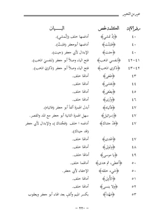 ‫ﻋﺒﲑ ﻣﻦ ﺍﻟﺘﺤﺒﲑ‬
‫ﺭﻗﻢ ﺍﻵﻳﺔ‬

‫ﺍﻟﻜﻠﻤﺔ ﳊﻔﺺ‬

‫٠٤‬
‫١٤-٢٤‬
‫٢٤-٣٤‬
‫٣٤‬

‫﴿ﺟﺌﺖ﴾‬
‫﴿ﻟﻨﻔﺴﻲ اذﻫﺐ﴾‬
‫﴿ذﻛﺮي اذﻫﺐ﴾‬
‫﴿ﻃﻐﻰ﴾‬

‫٤٤‬
‫٥٤‬
‫٦٤‬

‫﴿ﳜﺸﻰ﴾‬
‫﴿ﻳﻄﻐﻰ﴾‬
‫﴿وأرى﴾‬

‫أﻣﺎﳍﺎ ﺧﻠﻒ.‬
‫أﻣﺎﳍﺎ ﺧﻠﻒ.‬
‫أﻣﺎﳍﺎ ﺧﻠﻒ.‬

‫٧٤‬
‫٧٤‬
‫٧٤‬

‫﴿ﻓﺄﺗﻴﺎﻩ﴾‬

‫﴿إﺳﺮاﺋﻴﻞ﴾‬
‫﴿ﻗﺪ ﺟﺌﻨﺎك﴾‬
‫ْ‬

‫أﺑﺪل اﳍﻤﺰة أﻟﻔﺎً أﺑﻮ ﺟﻌﻔﺮ )ﻓﺎﺗﻴﺎﻩ(.‬

‫٧٤‬
‫٨٤‬
‫٩٤‬

‫﴿اﳍﺪى﴾‬
‫﴿وﺗَـﻮﱃ﴾‬
‫َ‬

‫﴿ﻳﺎ ﻣﻮﺳﻰ﴾‬

‫٠٥‬
‫٠٥‬
‫١٥‬

‫﴿أﻋﻄﻰ، ﰒ ﻫﺪى﴾‬
‫﴿ﺷﻲء ﺧﻠﻘﻪ﴾‬
‫﴿اﻷُوﱃ﴾‬

‫٢٥‬
‫٣٥‬

‫﴿وﻻ ﻳﻨﺴﻰ﴾‬
‫﴿ﻣﻬﺪاً﴾‬
‫َْ‬

‫٠٤‬
‫٠٤‬

‫﴿إذ ﲤﺸﻲ﴾‬
‫ْ‬
‫﴿ﻓﻠﺒﺜْﺖ﴾‬

‫ﺍﻟﺒ ـ ـ ـ ـ ـ ـ ــﻴﺎﻥ‬

‫أدﻏﻤﻬﺎ ﺧﻠﻒ )إﺗﱠـﻤﺸﻲ(.‬
‫أدﻏﻤﻬﺎ أﺑﻮﺟﻌﻔﺮ )ﻓﻠﺒﺖ(.‬
‫ﱠ‬

‫اﻹﺑﺪال ﻷﰊ ﺟﻌﻔﺮ )ﺟﻴﺖ(.‬
‫ﻓﺘﺢ اﻟﻴﺎء وﺻﻼً أﺑﻮ ﺟﻌﻔﺮ )ﻟﻨﻔﺴﻲ اذﻫﺐ(.‬
‫َ‬
‫ﻓﺘﺢ اﻟﻴﺎء وﺻﻼً أﺑﻮ ﺟﻌﻔﺮ )ذﻛﺮي اذﻫﺐ(.‬
‫َ‬
‫أﻣﺎﳍﺎ ﺧﻠﻒ.‬

‫ﺳﻬﻞ اﳍﻤﺰة اﻟﺜﺎﻧﻴﺔ أﺑﻮ ﺟﻌﻔﺮ ﻣﻊ اﳌﺪ واﻟﻘﺼﺮ.‬
‫أدﻏﻤﻪ ا ﺧﻠﻒ )ﻗﺠﺌﻨﺎك (، واﻹﺑﺪال ﻷﰊ ﺟﻌﻔﺮ‬
‫ﱢ‬
‫)ﻗﺪ ﺟﻴﻨﺎك(.‬

‫أﻣﺎﳍﺎ ﺧﻠﻒ.‬
‫أﻣﺎﳍﺎ ﺧﻠﻒ.‬
‫أﻣﺎﳍﺎ ﺧﻠﻒ.‬
‫أﻣﺎﳍﻤﺎ ﺧﻠﻒ.‬
‫اﻹﺧﻔﺎء ﻷﰊ ﺟﻌﻔﺮ.‬
‫أﻣﺎﳍﺎ ﺧﻠﻒ.‬
‫أﻣﺎﳍﺎ ﺧﻠﻒ.‬
‫ٍ‬
‫ﺑﻜﺴﺮ اﳌﻴﻢ وأﻟﻒ ﺑﻌﺪ اﳍﺎء أﺑﻮ ﺟﻌﻔﺮ وﻳﻌﻘﻮب‬
‫≠ ∞≤≤ ≠‬

 