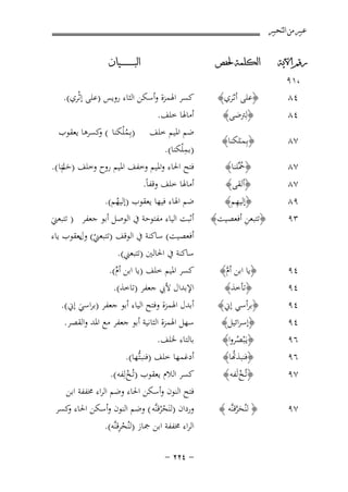 ‫ﻋﺒﲑ ﻣﻦ ﺍﻟﺘﺤﺒﲑ‬
‫ﺭﻗﻢ ﺍﻵﻳﺔ‬

‫ﺍﻟﻜﻠﻤﺔ ﳊﻔﺺ‬

‫٤٨‬

‫﴿ﻋﻠﻰ أﺛـَﺮي﴾‬
‫﴿ﻟِﱰﺿﻰ﴾‬

‫،١٩‬
‫٤٨‬

‫ﺍﻟﺒ ـ ـ ـ ـ ـ ـ ــﻴﺎﻥ‬

‫ﻛﺴﺮ اﳍﻤﺰة وأﺳﻜﻦ اﻟﺜﺎء روﻳﺲ )ﻋﻠﻰ إﺛْﺮي(.‬

‫أﻣﺎﳍﺎ ﺧﻠﻒ.‬
‫ﺿﻢ اﳌﻴﻢ ﺧﻠﻒ )ﺑِـﻤ ْﻠﻜﻨﺎ ( ﻛﺴﺮﻫﺎ ﻳﻌﻘﻮب‬
‫و‬
‫ُ‬
‫ِ‬
‫)ﺑـﻤ ْﻠﻜﻨﺎ(.‬
‫ﻓﺘﺢ اﳊﺎء واﳌﻴﻢ وﺧﻔﻒ اﳌﻴﻢ روح وﺧﻠﻒ )ﺣ ﻟﻨﺎ (.‬
‫َﻢ‬
‫َ‬

‫٧٨‬

‫﴿ﺑِـﻤـَﻠﻜﻨﺎ﴾‬

‫٧٨‬
‫٧٨‬
‫٩٨‬
‫٣٩‬

‫﴿ﲪﱢﻠﻨﺎ﴾‬
‫ُ‬

‫﴿أﻟﻘﻰ﴾‬
‫ِ‬
‫﴿إﻟﻴﻬﻢ﴾‬
‫ِ‬
‫﴿ﺗﺘﺒﻌﻦ أﻓﻌﺼﻴﺖ﴾‬

‫٤٩‬
‫٤٩‬

‫﴿ﻳﺎ اﺑﻦ أم﴾‬
‫ﱠ‬
‫﴿ﺗﺄﺧﺬ﴾‬

‫أﻓﻌﺼﻴﺖ( ﺳﺎﻛﻨﺔ ﰲ اﻟﻮﻗﻒ )ﺗﺘﺒﻌﲏ( و ﻳﻌﻘﻮب ﻳﺎء‬
‫ْ ل‬
‫ﺳﺎﻛﻨﺔ ﰲ اﳊﺎﻟﲔ )ﺗﺘﺒﻌﲏ(.‬
‫ﻛﺴﺮ اﳌﻴﻢ ﺧﻠﻒ )ﻳﺎ اﺑﻦ أم(.‬
‫ﱢ‬
‫اﻹﺑﺪال ﻷﰊ ﺟﻌﻔﺮ )ﺗﺎﺧﺬ(.‬

‫٤٩‬
‫٤٩‬
‫٦٩‬
‫٦٩‬
‫٧٩‬

‫﴿ﺑﺮأﺳﻲ إﱐ﴾‬
‫﴿إﺳﺮاﺋﻴﻞ﴾‬
‫﴿ﻳـَْﺒﺼﺮوا﴾‬
‫ُ‬

‫أﺑﺪل اﳍﻤﺰة وﻓﺘﺢ اﻟﻴﺎء أﺑﻮ ﺟﻌﻔﺮ )ﺑﺮاﺳﻲ إﱐ(.‬
‫َ‬
‫ﺳﻬﻞ اﳍﻤﺰة اﻟﺜﺎﻧﻴﺔ أﺑﻮ ﺟﻌﻔﺮ ﻣﻊ اﳌﺪ واﻟﻘﺼﺮ.‬
‫ﺑﺎﻟﺘﺎء ﳋﻠﻒ.‬

‫﴿ﻨﺒﺬﻬﺗﺎ﴾‬
‫ُ‬
‫﴿ﺗُـﺦ ﻟَﻔﻪ ﴾‬
‫ْ‬

‫٧٩‬

‫﴿ ﻟﻨُﺤﺮﻗﻨﱠﻪ ﴾‬
‫َﱠ‬

‫أﻣﺎﳍﺎ ﺧﻠﻒ وﻗﻔﺎً.‬
‫ﺿﻢ اﳍﺎء ﻓﻴﻬﺎ ﻳﻌﻘﻮب )إﻟﻴﻬﻢ(.‬
‫ُ‬
‫أﺛﺒﺖ اﻟﻴﺎء ﻣﻔﺘﻮﺣﺔ ﰲ اﻟﻮﺻﻞ أﺑﻮ ﺟﻌﻔﺮ ) ﺗﺘﺒﻌﲏ‬
‫َ‬

‫أدﻏﻤﻬﺎ ﺧﻠﻒ )ﻓﻨﺒـﺘﱡﻬﺎ(.‬
‫ﻛﺴﺮ اﻟﻼم ﻳﻌﻘﻮب )ﺗُـﺦ ﻟِﻔﻪ (.‬
‫ْ‬
‫ﻓﺘﺢ اﻟﻨﻮن وأﺳﻜﻦ اﳊﺎء وﺿﻢ اﻟﺮاء ﳐﻔﻔﺔ اﺑﻦ‬
‫وردان )ﻟﻨَﺤﺮﻗﻨﱠﻪ ( وﺿﻢ اﻟﻨﻮن وأﺳﻜﻦ اﳊﺎء ﻛﺴﺮ‬
‫و‬
‫ُْ‬
‫ِْ‬
‫اﻟﺮاء ﳐﻔﻔﺔ اﺑﻦ ﲨﺎز )ﻟﻨُﺤﺮﻗﻨﱠﻪ(.‬
‫≠ ¥≤≤ ≠‬

 